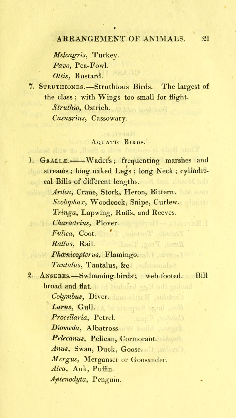 Meleagris^ Turkey. Pavo^ Pea-Fowl. Ottis, Bustard. 7. Struthiones.—Struthious Birds. The largest of the class; with Wings too small for flight. Struthio, Ostrich. Casuarius, Cassowary. Aquatic Birds. 1. Grall^. Waders; frequenting marshes and streams; long naked Legs ; long Neck ; cylindri- cal Bills of different lengths. Ardea, Crane, Stork, Heron, Bittern. Scolophax, Woodcock, Snipe, Curlew. Tringa, Lapwing, Ruffs, and Reeves. Charadrius, Plover. Fulica, Coot. ' Rallus, Rail. Phcenicopterus, Flamingo. Tantalus, Tantalus, Sec. 2. Anseres.—Swimming-birds; web-footed. Bill broad and flat. Colymhus, Diver. Lams, Gull. Procellaria, Petrel. Diomeda, Albatross. Pelecanus, Pelican, Cormorant. Anus, Swan, Duck, Goose. Mergus, Merganser or Goosander. Alca, Auk, Puffin. Aptenodyta, Penguin. •«