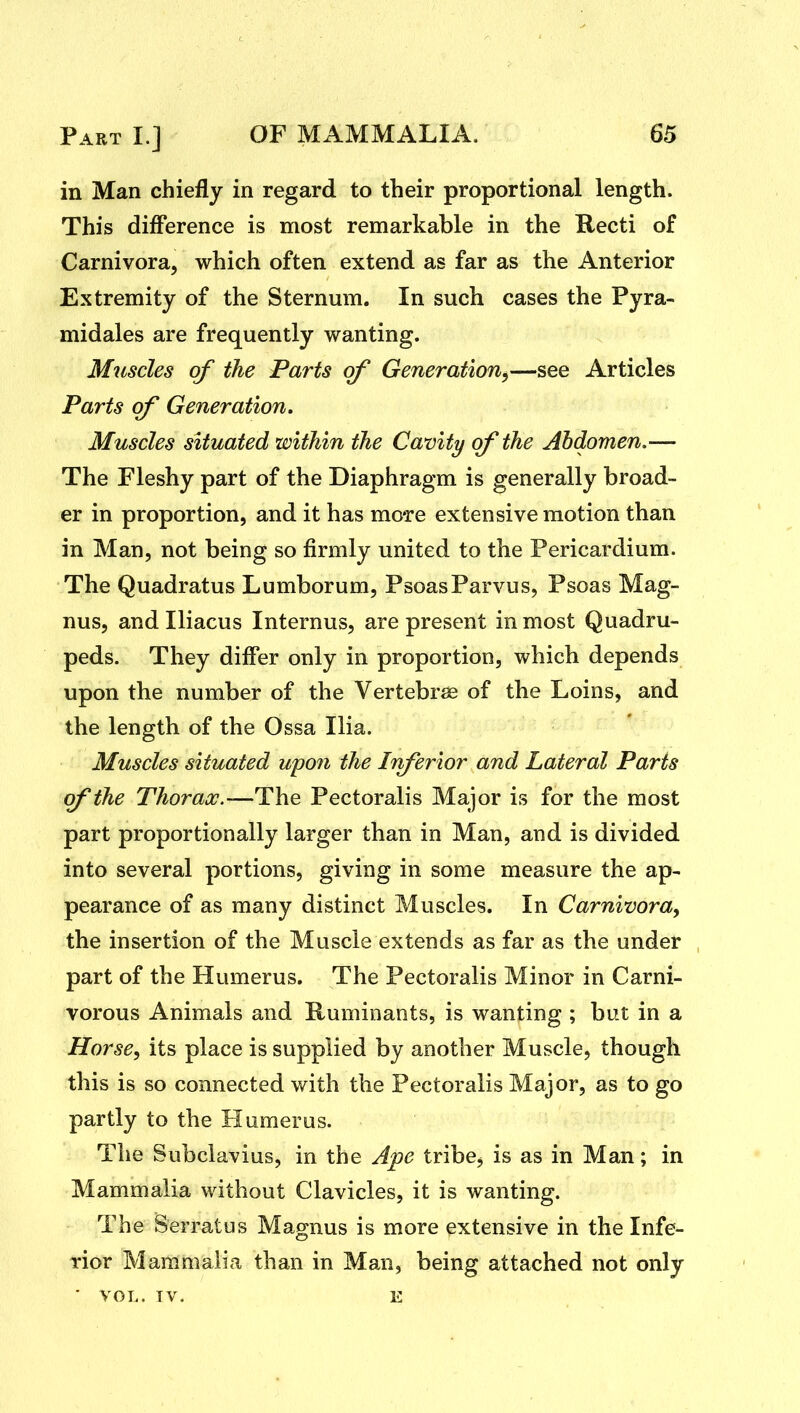 in Man chiefly in regard to their proportional length. This difference is most remarkable in the Recti of Carnivora, which often extend as far as the Anterior Extremity of the Sternum. In such cases the Pyra- midales are frequently wanting. Muscles of the Parts of Generation,—see Articles Parts of Generation. Muscles situated within the Cavity of the Abdomen.— The Fleshy part of the Diaphragm is generally broad- er in proportion, and it has mo*re extensive motion than in Man, not being so firmly united to the Pericardium. The Quadratus Lumborum, PsoasParvus, Psoas Mag- nus, andlliacus Internus, are present inmost Quadru- peds. They differ only in proportion, which depends upon the number of the Vertebrae of the Loins, and the length of the Ossa Ilia. Muscles situated upon the Iriferior and Lateral Parts of the Thorax.—The Pectoralis Major is for the most part proportionally larger than in Man, and is divided into several portions, giving in some measure the ap- pearance of as many distinct Muscles. In Carnivora, the insertion of the Muscle extends as far as the under part of the Humerus, The Pectoralis Minor in Carni- vorous Animals and Ruminants, is wanting ; but in a Horse, its place is supplied by another Muscle, though this is so connected with the Pectoralis Major, as to go partly to the Humerus. The Subclavius, in the Ape tribe, is as in Man; in Mammalia without Clavicles, it is wanting. The Serratus Magnus is more extensive in the Infe- rior Mammalia than in Man, being attached not only • VOL. IV. E