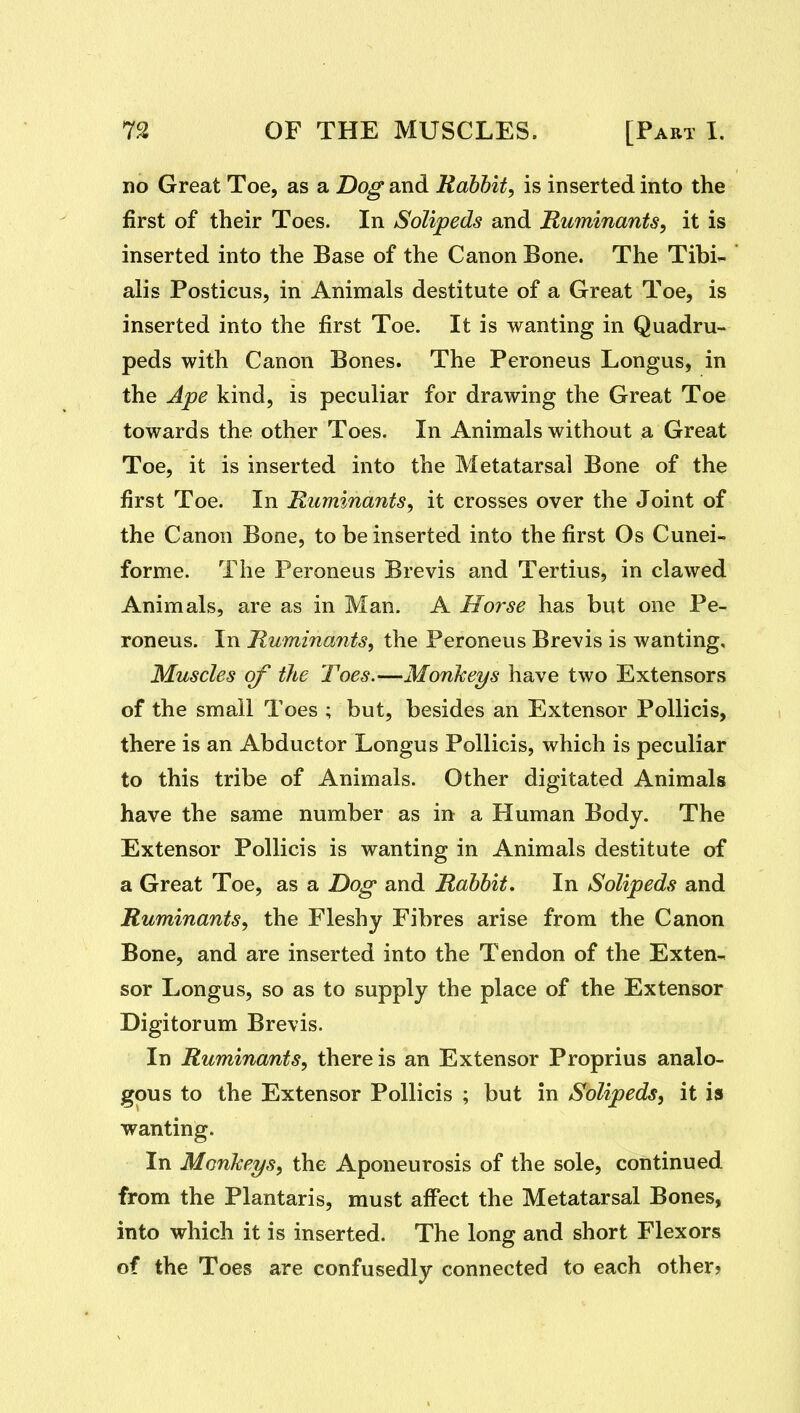 no Great Toe, as a Dog and Rabbit, is inserted into the first of their Toes. In Solipeds and Ruminants, it is inserted into the Base of the Canon Bone. The Tibi- alis Posticus, in Animals destitute of a Great Toe, is inserted into the first Toe. It is wanting in Quadru- peds with Canon Bones. The Peroneus Longus, in the Ape kind, is peculiar for drawing the Great Toe towards the other Toes. In Animals without a Great Toe, it is inserted into the Metatarsal Bone of the first Toe. In Ruminants, it crosses over the Joint of the Canon Bone, to be inserted into the first Os Cunei- forme. The Peroneus Brevis and Tertius, in clawed Animals, are as in Man. A Horse has but one Pe- roneus. In Ruminants, the Peroneus Brevis is wanting. Muscles of the Toes.—Monheys have two Extensors of the small Toes ; but, besides an Extensor PoUicis, there is an Abductor Longus Pollicis, which is peculiar to this tribe of Animals. Other digitated Animals have the same number as in a Human Body. The Extensor Pollicis is wanting in Animals destitute of a Great Toe, as a Dog and Rabbit, In Solipeds and Ruminants, the Fleshy Fibres arise from the Canon Bone, and are inserted into the Tendon of the Exten- sor Longus, so as to supply the place of the Extensor Digitorum Brevis. In Ruminants, there is an Extensor Proprius analo- gous to the Extensor Pollicis ; but in Solipeds, it is wanting. In Monkeys, the Aponeurosis of the sole, continued from the Plantaris, must affect the Metatarsal Bones, into which it is inserted. The long and short Flexors of the Toes are confusedly connected to each other?