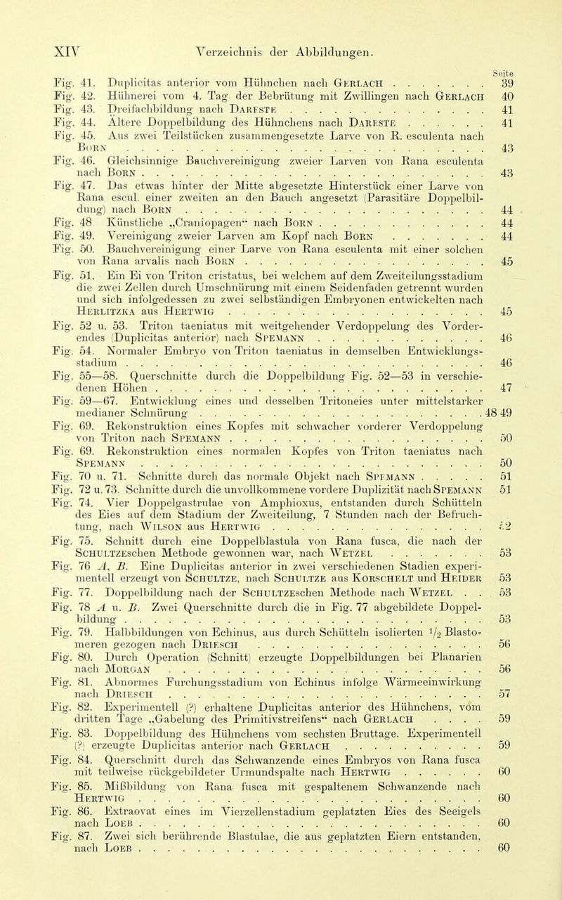 Seite Fig. 41. Duplicitas anterior vom Hülmclien nach Gerlach 39 Fig. 42. Hühnerei vom 4. Tag der Bebrütung mit Zwilhngen nach Gerlach 40 Fig. 43. Dreifachbildung nacli Dari^stk 41 Fig. 44. Altere Doppelbildung des Hühnchens nach Dareste 41 Fig. 45. Aus zwei Teilstücken zusammengesetzte Larve von ß. esculenta nach Bdrn 43 Fig. 46. Gleichsinnige Bauchvereinigung zweier Larven von Rana esculenta nach Born 43 Fig. 47. Das etwas hinter der Mitte abgesetzte Hinterstück einer Larve von Rana escul. einer zweiten an den Bauch angesetzt (Parasitäre Doppelbil- dung) nach Born 44 Fig. 48 Künstliche „Orauiopagen nach BoRN 44 Fig. 49. Vereinigung zweier Larven am Kopf nach Born 44 Fig. 50. Bauchvereinigung einer Larve von Rana esculenta mit einer solchen von Rana arvalis nach Born 45 Fig. 51. Ein Ei von Triton cristatus, bei welchem auf dem Zweiteilungsstadium die zwei Zellen durch Umschnürung mit einem Seidenfaden getrennt wurden und sich infolgedessen zu zwei selbständigen Embryonen entwickelten nach Herlitzka aus Hertwig 45 Fig. 52 u. 53. Triton taeniatus mit weitgehender Verdoppelung des Vorder- endes (Duplicitas anterior) nach Si'EMANN 46 Fig. 54. Normaler Embryo von Triton taeniatus in demselben Entwicklungs- stadium 46 Fig. 55—58. Querschnitte durch die Doppelbildung Fig. 52—53 in verschie- denen Höhen 47 Fig. 59—67. Entwicklung eines und desselben Tritoneies unter mittelstarker medianer Schnürung 48 49 Fig. 69. Rekonstruktion eines Kopfes mit schwacher vorderer Verdoppelung von Triton nach Spemann 50 Fig. 69. Rekonstruktion eines normalen Kopfes von Triton taeniatus nach Spemann 50 Fig. 70 u. 71. Schnitte durch das normale Objekt nach Si'Fmann 51 Fig. 72u.73. Schnitte durch die unvollkommene vordere Duplizität nach Stemann 51 Fig. 74. Vier Doi^pelgastrulae von Amphioxus, entstanden durch Schütteln des Eies auf dem Stadium der Zweiteilung, 7 Stunden nach der Befruch- tung, nach Wilson aus Hertwig f.2 Fig. 75. Schnitt durch eine Doppelblastula von Rana fusca, die nach der ScHULTZEschen Methode gewonnen war, nach Wetzel 53 Fig. 76 A, B. Eine Duplicitas anterior in zwei verschiedenen Stadien experi- mentell erzeugt von Schultze, nach Schultze aus Korschelt und Heiüer 53 Fig. 77. Doppelbddung nach der ScHULTZEschen Methode nach Wetzel . . 53 Fig. 78 A u. B. Zwei Querschnitte durch die in Fig. 77 abgebildete Doppel- bildung 53 Fig. 79. Halbbildungen von Echinus, aus durch Schütteln isolierten i/o Blasto- meren gezogen nach Driesch 56 Fig. 80. Durch Operation (Schnitt) erzeugte Doppelbildungen bei Planarien nach Morgan 56 Fig. 81. Abnormes Furchungsstadium von Echinus infolge Wärmeeinwirkung nach Driesch 57 Fig. 82. Experimentell (?) erhaltene Duplicitas anterior des Hühnchens, vom dritten Tage .,Gabelung des Primitivstreifens nach Gerlach .... 59 Fig. 83. Dopiielbildung des Hühnchens vom sechsten Bruttage. Experimentell (?) erzeugte Duplicitas anterior nach Gerlach 59 Fig. 84. Querschnitt durch das Schwanzende eines Embryos von Rana fusca mit teilweise rückgebildeter Urmundspalte nach Hertwig 60 Fig. 85. Mißbildung von Rana fusca mit gespaltenem Schwanzende nach Hertwig 60 Fig. 86. Extraovat eines im Vierzellenstadium geplatzten Eies des Seeigels nach LOEB 60 Fig. 87. Zwei sich berührende Blastulae, die aus geplatzten Eiern entstanden, nach LoEB 60