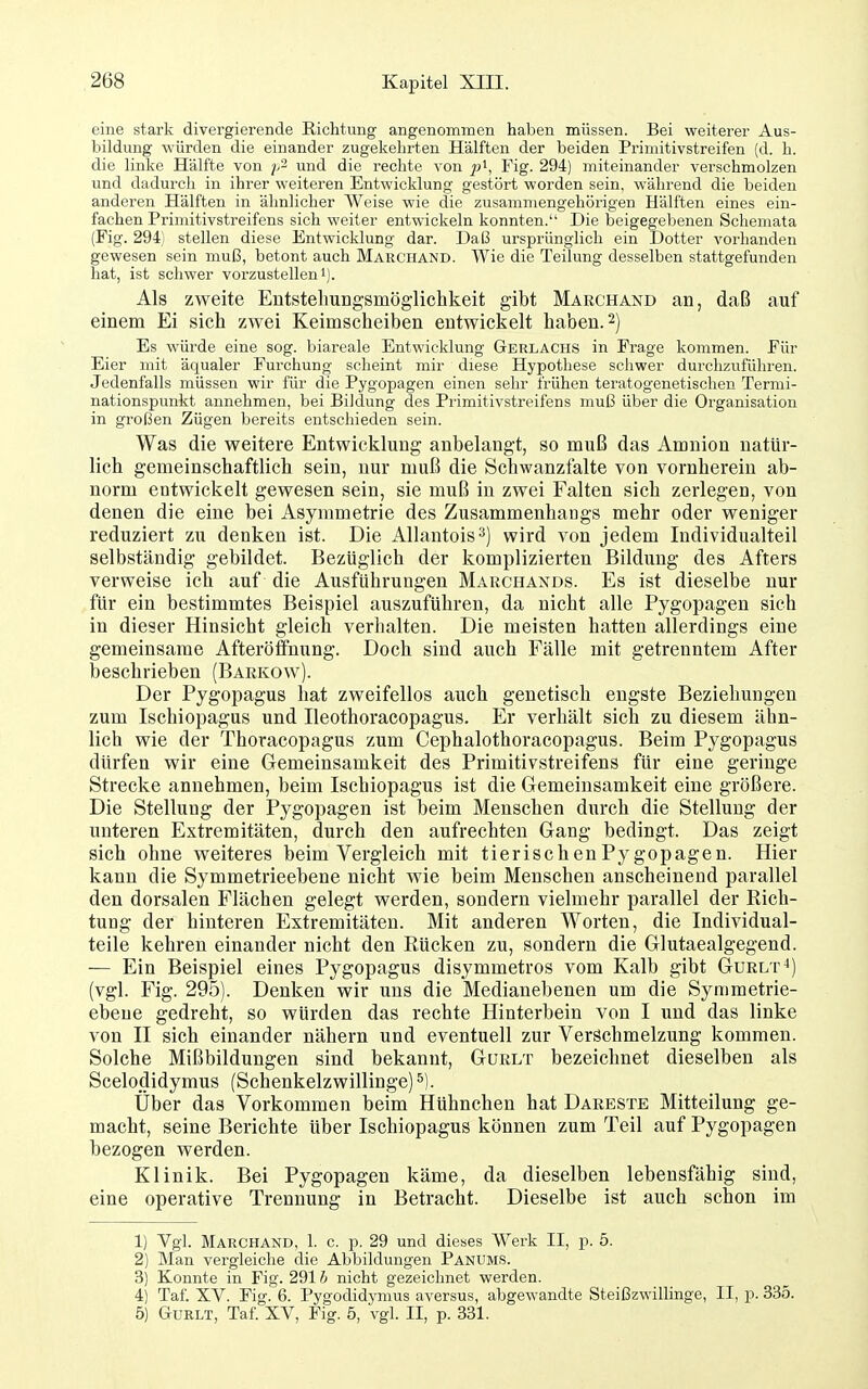 eine stark divergierende Richtung angenommen haben müssen. Bei weiterer Aus- bildung \YÜrden die einander zugekehrten Hälften der beiden Primitivstreifen (d. h. die linke Hälfte von p'^ und die rechte von ^j', Fig. 294) miteinander verschmolzen und dadurch in ihrer weiteren Entwicklung gestört worden sein, während die beiden anderen Hälften in ähnlicher Weise wie die zusammengehörigen Hälften eines ein- fachen Primitivstreifens sich weiter entwickeln konnten. Die beigegebenen Schemata (Fig. 294) stellen diese Entwicklung dar. Da(3 ursprünglich ein Dotter vorhanden gewesen sein muß, betont auch Marchand. Wie die Teilung desselben stattgefunden hat, ist schwer vorzustellen'). Als zweite Entstehungsmöglichkeit gibt Marchand an, daß auf einem Ei sich zwei Keimscheiben entwickelt haben. 2) Es würde eine sog. biareale Entwicklung Gerlachs in Frage kommen. Für Eier mit äqualer Furchung scheint mir diese Hypothese schwer durchzuführen. Jedenfalls müssen wir für die Pygopagen einen sehr frühen teratogenetischen Termi- nationspunkt annehmen, bei Bildung des Primitivstreifens muß über die Organisation in großen Zügen bereits entschieden sein. Was die weitere Entwicklung anbelangt, so muß das Amnion natür- lich gemeinschaftlich sein, nur muß die Schwanzfalte von vornherein ab- norm entwickelt gewesen sein, sie muß in zwei Falten sich zerlegen, von denen die eine bei Asymmetrie des Zusammenhangs mehr oder weniger reduziert zu denken ist. Die Allantois^) wird von jedem Individualteil selbständig gebildet. Bezüglich der komplizierten Bildung des Afters verweise ich auf die Ausführungen Marchaxds. Es ist dieselbe nur für ein bestimmtes Beispiel auszuführen, da nicht alle Pygopagen sich in dieser Hinsicht gleich verhalten. Die meisten hatten allerdings eine gemeinsame Afteröffnung. Doch sind auch Fälle mit getrenntem After beschrieben (Barkow). Der Pygopagus hat zweifellos auch genetisch engste Beziehungen zum Ischiopagus und Ileothoracopagus. Er verhält sich zu diesem ähn- lich wie der Thoracopagus zum Cephalothoracopagus. Beim Pygopagus dürfen wir eine Gemeinsamkeit des Primitivstreifens für eine geringe Strecke annehmen, beim Ischiopagus ist die Gemeinsamkeit eine größere. Die Stellung der Pygopagen ist beim Menschen durch die Stellung der unteren Extremitäten, durch den aufrechten Gang bedingt. Das zeigt sich ohne weiteres beim Vergleich mit tierischenPygopagen. Hier kann die Symmetrieebene nicht wie beim Menschen anscheinend parallel den dorsalen Flächen gelegt werden, sondern vielmehr parallel der Rich- tung der hinteren Extremitäten. Mit anderen Worten, die Individual- teile kehren einander nicht den Rücken zu, sondern die Glutaealgegend. ■— Ein Beispiel eines Pygopagus disymmetros vom Kalb gibt Gurlt^) (vgl. Fig. 295). Denken wir uns die Medianebenen um die Symmetrie- ebene gedreht, so würden das rechte Hinterbein von I und das linke von II sich einander nähern und eventuell zur Verschmelzung kommen. Solche Mißbildungen sind bekannt, Gurlt bezeichnet dieselben als Scelodidymus (Schenkelzwillinge) Über das Vorkommen beim Hühnchen hat Dareste Mitteilung ge- macht, seine Berichte über Ischiopagus können zum Teil auf Pygopagen bezogen werden. Klinik. Bei Pygopagen käme, da dieselben lebensfähig sind, eine operative Trennung in Betracht. Dieselbe ist auch schon im 1) Vgl. Marchand, 1. c. p. 29 und dieses AVerk II, p. 5. 2) Man vergleiche die Abbildungen Panums. 3) Konnte in Fig. 291 h nicht gezeichnet werden. 4) Taf. XV. Fig. 6. Pygodidymus aversus, abgewandte Steißzwillinge, II, p. 335. 5) GuELT, Taf. XV, Fig. ö, vgl. II, p. 331.