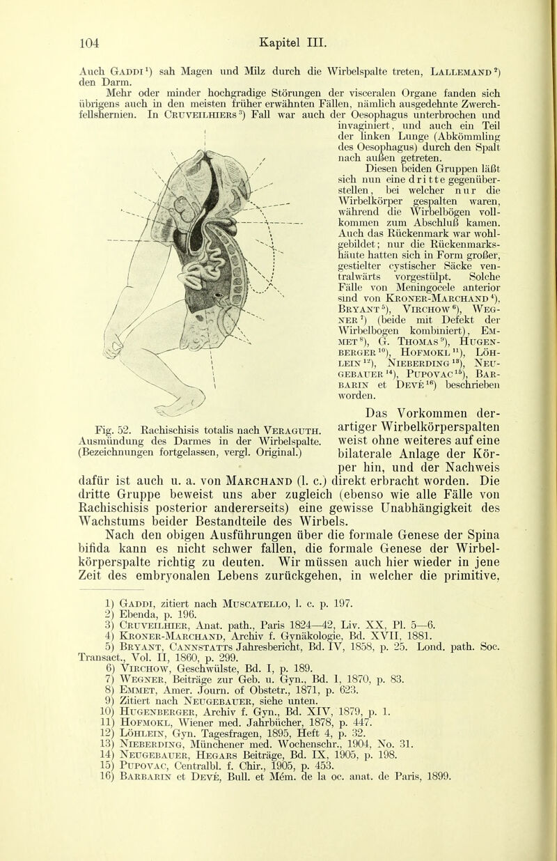 Auch Gaddi^) sah Magen und Milz durch die Wirbelspalte treten, Lallemand') den Darm. Mehr oder minder hochgradige Störungen der visceralen Organe fanden sich übrigens auch in den meisten früher erwähnten Fällen, nämhch ausgedehnte Zwerch- feUshemien. In Cruveilhiees ^) Fall war auch der Oesophagus unterbrochen und invagmiert, und auch ein Teil der linken Limge (Abkömmling des Oesophagus) durch den Spalt nach außen getreten. Diesen beiden Gruppen läßt sich nun eine dritte gegenüber- stellen, bei welcher nur die Wirbelkörper gespalten waren, wähi'end die Wirbelbögen voll- kommen zum Abschluß kamen. Auch das Rückenmark war wohl- gebildet; nur die Rückenmarks- häute hatten sich in Form großer, gestielter cystischer Säcke ven- tralwärts vorgestülpt. Solche Fälle von Meningocele anterior smd von Kroxee-Marchand •), Bryant'^), Virchow), Weg- jfER') (beide mit Defekt der Wirbelbogen kombmiert), Em- MET^), G. Thomas), Hugen- BERGER1), HOFMOKL '^), LÖH- LEIN ^'^), NiEBERDING'), NeU- gebatjer'*), Pupovac), Bar- BARiisr et Deve^) beschrieben worden. Das Vorkommen der- artiger Wirbelkörperspalten Ausmimdung des Darmes in der Wirbelspalte. weist ohne weiteres auf eine (Bezeichnungen fortgelassen, vergl. Original.) bilaterale Anlage der Kör- per hin, und der Nachweis dafür ist auch u. a. von Marchand (1. c.) direkt erbracht worden. Die dritte Gruppe beweist uns aber zugleich (ebenso wie alle Fälle von Rachischisis posterior andererseits) eine gewisse Unabhängigkeit des Wachstums beider Bestandteile des Wirbels. Nach den obigen Ausführungen über die formale Genese der Spina bifida kann es nicht schwer fallen, die formale Genese der Wirbel- körperspalte richtig zu deuten. Wir müssen auch hier wieder in jene Zeit des embryonalen Lebens zurückgehen, in welcher die primitive, 1) Gaddi, zitiert nach Muscatello, 1. c. p. 197. 2) Ebenda, p. 196. 3) Cruveilhier, Anat. path., Paris 1824—42, Liv. XX, PI. 5—6. 4) Kroner-Marchand, Archiv f. Gynäkologie, Bd. XVII, 1881. 5) Bryant, Cannstatts Jahresbericht, Bd. IV, 1858, p. 25. Lond. path. Soc. Transact., Vol. II, 1860, p. 299. 6) ViRCHOW, Geschwülste, Bd. I, p. 189. 7) Wegner, Beiträge zur Geb. u. Gyn., Bd. I, 1870, p. 83. 8) Emmet, Amer. Journ. of Obstetr., 1871, p. 623. 9) Zitiert nach Neugebatjer, siehe unten. 10) Hugenberger, Archiv f. Gyn., Bd. XIV, 1879, p. 1. 11) HoFMOKL, Wiener med. Jahrbücher, 1878, p. 447. 12) LÖHLEIN, Gyn. Tagesfragen, 1895, Heft 4, p. 32. 13) NiEBERDiNG, Münchencr med. Wochenschr., 1904, No. 31. 14) Neugebauer, Hegars Beiträge, Bd. IX, 1905, p. 198. 15) PuPOVAC, Centralbl. f. Chii-., 1905, p. 453. 16) Barbarin et Deve, BuU. et M6m. de la oc. anat. de Paris, 1899. I Fig. 52. Rachischisis totalis nach Veraguth.