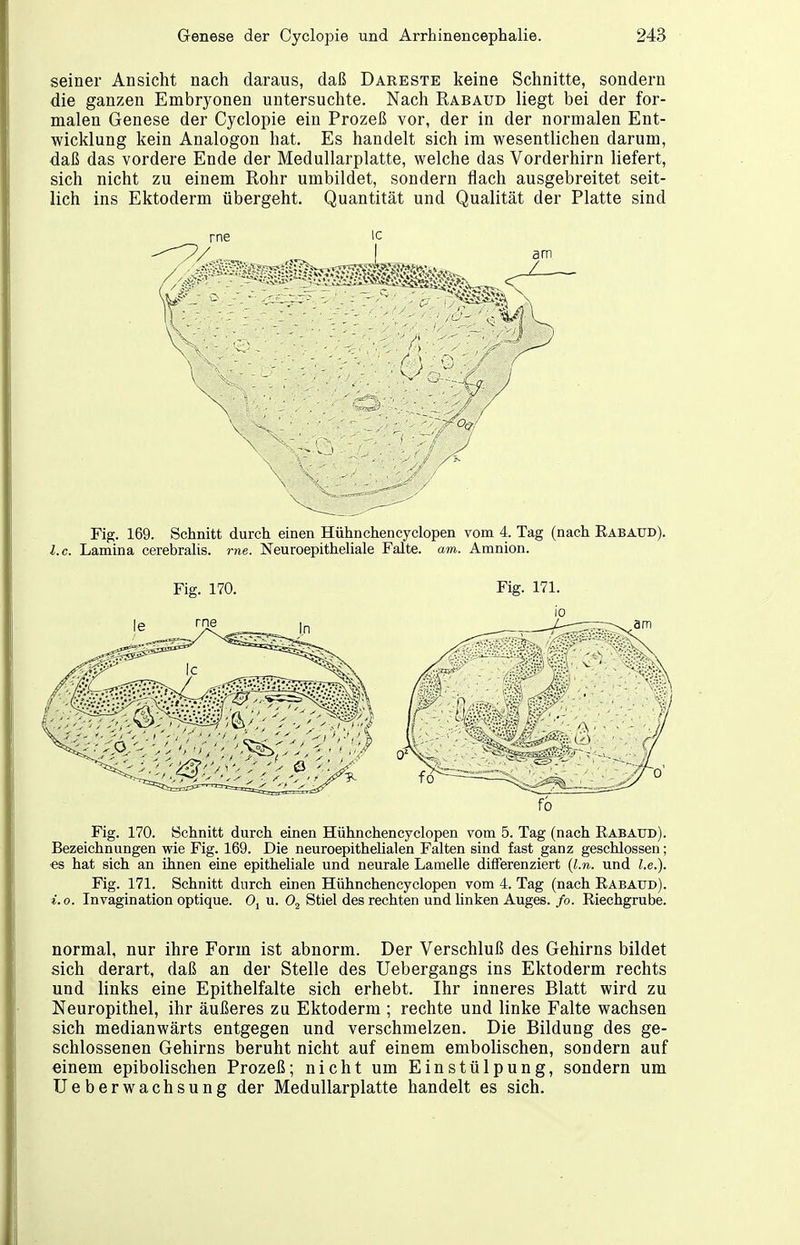 seiner Ansicht nach daraus, daß Dareste keine Schnitte, sondern die ganzen Embryonen untersuchte. Nach Rabaud liegt bei der for- malen Genese der Cyclopie ein Prozeß vor, der in der normalen Ent- wicklung kein Analogon hat. Es handelt sich im wesentlichen darum, daß das vordere Ende der Medullarplatte, welche das Vorderhirn liefert, sich nicht zu einem Rohr umbildet, sondern flach ausgebreitet seit- lich ins Ektoderm übergeht. Quantität und Qualität der Platte sind Fig. 169. Schnitt durch einen Hühnchencyclopen vom 4. Tag (nach Eäbaud). I.e. Lamina cerebralis. rne. Neuroepitheliale Falte, am. Amnion. Fig. 170. Schnitt durch einen Hühnchencyclopen vom 5. Tag (nach Rabaud). Bezeichnungen wie Fig. 169. Die neurcepithelialen Falten sind fast ganz geschlossen; es hat sich an ihnen eine epitheliale und neurale Lamelle differenziert {l.n. und I.e.). Fig. 171. Schnitt durch einen Hühnchencyclopen vom 4. Tag (nach Rabaud). i.o. Invagination optique. Oj u. Stiel des rechten und linken Auges, fo. Riechgrube. normal, nur ihre Form ist abnorm. Der Verschluß des Gehirns bildet sich derart, daß an der Stelle des Uebergangs ins Ektoderm rechts und links eine Epithelfalte sich erhebt. Ihr inneres Blatt wird zu Neuropithel, ihr äußeres zu Ektoderm ; rechte und linke Falte wachsen sich medianwärts entgegen und verschmelzen. Die Bildung des ge- schlossenen Gehirns beruht nicht auf einem embolischen, sondern auf einem epibolischen Prozeß; nicht um Einstülpung, sondern um Ueberwachsung der Medullarplatte handelt es sich.