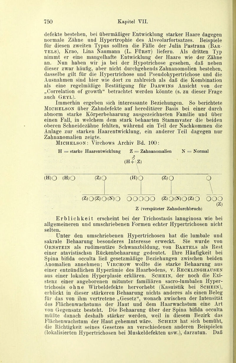 defekte bestehen, bei übermäßiger Entwicklung starker Haare dagegen normale Zähne und Hypertrophie des Alveolarfortsatzes. Beispiele für diesen zweiten Typus sollten die Fälle der Julia Pastrana (Bar- tels), Krao, Lina Naumann (L. Fürst) liefern. Als dritten Typ nimmt er eine mangelhafte Entwicklung der Haare wie der Zähne an. Nun haben wir ja bei der Hypotrichose gesehen, daß neben dieser zwar häufig, aber nicht durchgehends Zahnanomolien bestehen, dasselbe gilt für die Hj^pertrichose und Pseudohypertrichose und die Ausnahmen sind hier wie dort zu zahlreich als daß die Kombination als eine regelmäßige Bestätigung für Darwins Ansicht von der „Correlation of growth betrachtet werden könnte (s. zu dieser Frage auch Geyl). Immerhin ergeben sich interessante Beziehungen. So berichtete MiCHELSON über Zahndefekte auf hereditärer Basis bei einer durch abnorm starke Körperbehaarung ausgezeichneten Familie und über einen Fall, in welchem dem stark behaarten Stammvater die beiden oberen Schneidezähne fehlten, während ein Teil der Nachkommen die Anlage zur starken Haarentwicklung, ein anderer Teil dagegen nur Zahnanomalien zeigte. MiCHELSON: Virchows Archiv Bd. 100: H = starke Haarenlwicklung Z = Zahnanomalien N = Normal 3 (H+\Z) (H)0 (H)0 (Z)0 (H)0 (Z)0 O ; (Z)0(Z)0(N)0 OOOOO (Z)0(N)0(Z)0 OOO (Z) Z (verspäteter Zahndurchbruch) Erblichkeit erscheint bei der Trichostasis lanuginosa wie bei allgemeineren und umschriebenen Formen echter Hypertrichosen nicht selten. Unter den umschriebenen Hypertrichosen hat die lumbale und sakrale Behaarung besonderes Interesse erweckt. Sie wurde von Ornstein als rudimentäre Schwanzbildung, von Bartels als Rest einer atavistischsn Rückenbehaarung gedeutet. Ihre Häufigkeit bei Spina bifida occulta ließ gesetzmäßige Beziehungen zwischen beiden Anomalien annehmen; Virchow wollte die starke Behaarung aus einer entzündlichen Hj^perämie des Haarbodens, v. Recklinghausen aus einer lokalen Hyperplasie erklären. Schein, der noch die Exi- stenz einer angeborenen mitunter familiären sacro-lumbalen Hyper- trichosis ohne Wirbeldefekte hervorhebt (Kasuistik bei Schein), erblickt in dieser stärkeren Behaarung nichts anderes als einen Beleg für das von ihm vertretene „Gesetz, wonach zwischen der Intensität des Flächenwachstums der Haut und dem Haarwachstum eine Art von Gegensatz besteht. Die Behaarung über der Spina bifida occulta müßte danach deshalb stärker werden, weil in diesem Bezirk das Flächenwachstum der Haut gehemmt wäre. Schein hat sich bemüht, die Richtigkeit seines Gesetzes an verschiedenen anderen Beispielen (lokalisierten Hypertrichosen bei Muskeldefekten usw.), darzutun. Daß