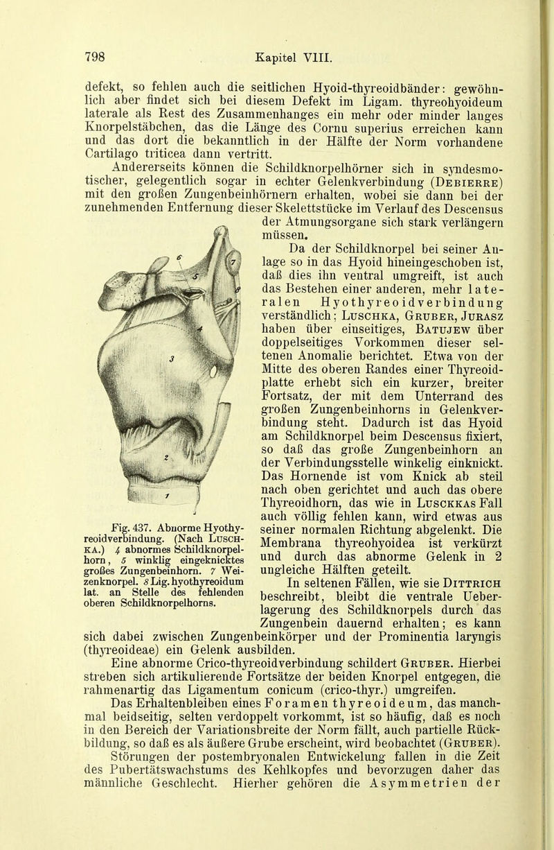 defekt, so fehlen auch die seitlichen Hyoid-thyreoidbänder: gewöhn- lich aber findet sich bei diesem Defekt im Ligam. thyreohyoideum laterale als Rest des Zusammenhanges ein mehr oder minder langes Knorpelstäbchen, das die Länge des Cornu superius erreichen kann und das dort die bekanntlich in der Hälfte der Norm vorhandene Cartilago triticea dann vertritt. Andererseits können die Schildknorpelhörner sich in syndesmo- tischer, gelegentlich sogar in echter Gelenkverbindung (Debierre) mit den großen Zungenbeinhörnern erhalten, wobei sie dann bei der zunehmenden Entfernung dieser Skelettstücke im Verlauf des Descensus der Atmungsorgane sich stark verlängern müssen. Da der Schildknorpel bei seiner An- lage so in das Hyoid hineingeschoben ist, daß dies ihn ventral umgreift, ist auch das Bestehen einer anderen, mehr late- ralen Hyothyreoidverbindung verständlich; Luschka, Gruber, Jurasz haben über einseitiges, Batujew über doppelseitiges Vorkommen dieser sel- tenen Anomalie berichtet. Etwa von der Mitte des oberen Randes einer Thyreoid- platte erhebt sich ein kurzer, breiter Fortsatz, der mit dem Unterrand des großen Zungenbeinhorns in Gelenkver- bindung steht. Dadurch ist das Hyoid am Schildknorpel beim Descensus fixiert, so daß das große Zungenbeinhorn an der Verbindungsstelle winkelig einknickt. Das Hornende ist vom Knick ab steil nach oben gerichtet und auch das obere Thyreoidhorn, das wie in Luschkas Fall auch völlig fehlen kann, wird etwas aus seiner normalen Richtung abgelenkt. Die Membrana thyreohyoidea ist verkürzt und durch das abnorme Gelenk in 2 ungleiche Hälften geteilt. In seltenen Fällen, wie sie Dittrich beschreibt, bleibt die ventrale Ueber- lagerung des Schildknorpels durch das Zungenbein dauernd erhalten; es kann sich dabei zwischen Zungenbeinkörper und der Prominentia laryngis (thjTeoideae) ein Gelenk ausbilden. Eine abnorme Crico-thyreoidverbindung schildert Gruber. Hierbei streben sich artikulierende Fortsätze der beiden Knorpel entgegen, die rahmenartig das Ligamentum conicum (crico-thyr.) umgreifen. Das Erhaltenbleiben eines Foramenthyreoideum, das manch- mal beidseitig, selten verdoppelt vorkommt, ist so häufig, daß es noch in den Bereich der Variationsbreite der Norm fällt, auch partielle Rück- bildung, so daß es als äußere Grube erscheint, wird beobachtet (Gruber). Störungen der postembryonalen Entwickelung fallen in die Zeit des Pubertätswachstums des Kehlkopfes und bevorzugen daher das männliche Geschlecht. Hierher gehören die Asymmetrien der Fig. 437. Abnorme Hyothy- reoidverbindung. (Nach Lusch- ka.) ^ abnormes öchildlfnorpel- horn, 5 winklig eingeknicktes großes Zungenbeinhorn. 7 Wei- zen knorpel. 8 Lig. hyothyreoidum lat. an Stelle des fehlenden oberen Schildknorpelhorns.