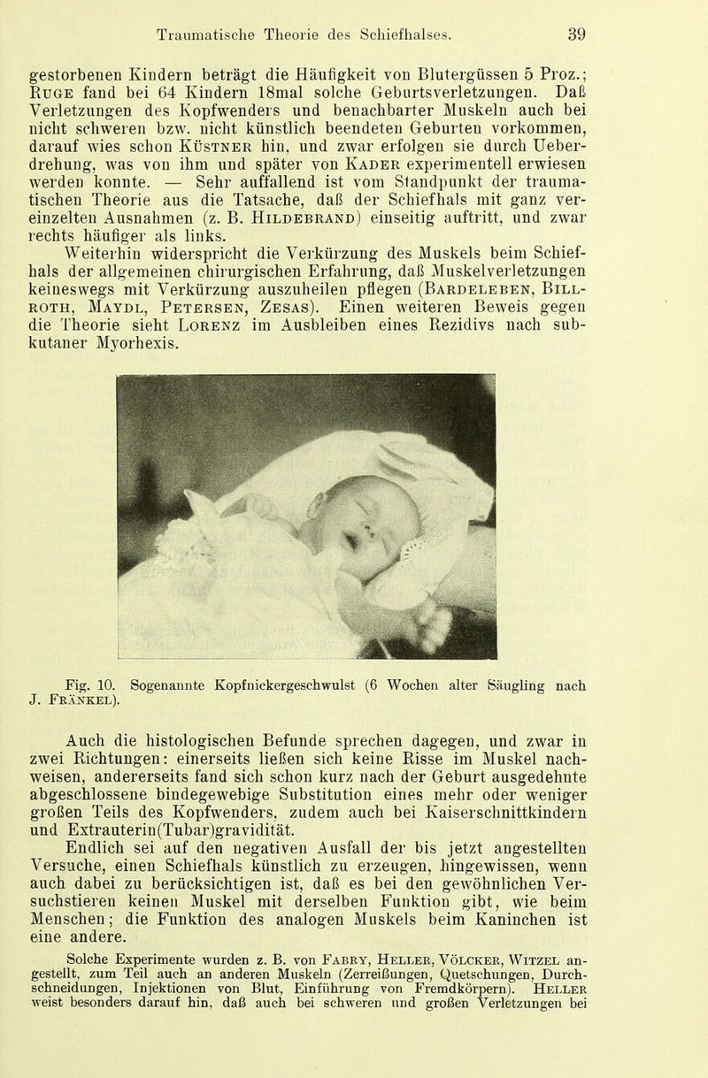 gestorbenen Kindern beträgt die Häufigkeit von Blutergüssen 5 Proz.; Rüge fand bei 64 Kindern 18mal solche Geburtsverletzungen. Daß Verletzungen des Kopfwenders und benachbarter Muskeln auch bei nicht schweren bzw. nicht künstlich beendeten Geburten vorkommen, darauf wies schon Küstner hin, und zwar erfolgen sie durch Ueber- drehung, was von ihm und später von Kader experimentell erwiesen werden konnte. — Sehr auffallend ist vom Standpunkt der trauma- tischen Theorie aus die Tatsache, daß der Schiefhals mit ganz ver- einzelten Ausnahmen (z. B. Hildebrand) einseitig auftritt, und zwar rechts häufiger als links. Weiterhin widerspricht die Verkürzung des Muskels beim Schief- hals der allgemeinen chirurgischen Erfahrung, daß Muskelverletzungen keineswegs mit Verkürzung auszuheilen pflegen (Bardeleben, Bill- roth, Maydl, Petersen, Zesas). Einen weiteren Beweis gegen die Theorie sieht Lorenz im Ausbleiben eines Rezidivs nach sub- kutaner Myorhexis. Fig. 10. Sogenannte Kopfnickergeschwulst (6 Wochen alter Säugling nach J. Frankel). Auch die histologischen Befunde sprechen dagegen, und zwar in zwei Richtungen: einerseits ließen sich keine Risse im Muskel nach- weisen, andererseits fand sich schon kurz nach der Geburt ausgedehnte abgeschlossene bindegewebige Substitution eines mehr oder weniger großen Teils des Kopfwenders, zudem auch bei Kaiserschnittkindern und Extrauterin(Tubar)gravidität. Endlich sei auf den negativen Ausfall der bis jetzt angestellten Versuche, einen Schiefhals künstlich zu erzeugen, hingewissen, wenn auch dabei zu berücksichtigen ist, daß es bei den gewöhnlichen Ver- suchstieren keinen Muskel mit derselben Funktion gibt, wie beim Menschen; die Funktion des analogen Muskels beim Kaninchen ist eine andere. Solche Experimente wurden z. B. von Fabry, Heller, Völcker, Witzel an- gestellt, zum Teil auch an anderen Muskeln (Zerreißungen, Quetschungen, Durch- schneidungen, Injektionen von Blut, Einführung von Fremdkörpern). Heller weist besonders darauf hin, daß auch bei schweren und großen Verletzungen bei