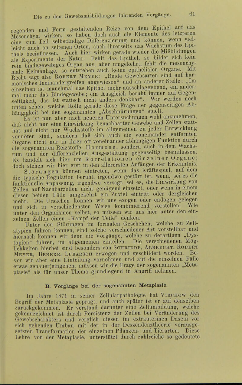 re'^enden und Form gestaltenden Reize von dem Epithel auf das Mesenchym wirken, so haben doch auch die Elemente des letzteren eine zum Teil selbständige Differenzierung und können, wenn viel- leicht auch an seltenen Orten, auch ihrerseits das Wachstum des Epi- thels beeinflussen. Auch hier wirken gerade wieder die Mißbildungen als Experimente der Natur. Fehlt das Epithel, so bildet sich kein rein bindegewebiges Organ aus, aber umgekehrt, fehlt die mesenchy- male Keimanlage, so entstehen auch keine epithelialen Organe. Mit Recht sagt also Robert Meyer: „Beide Gewebsarten sind auf har- monisches Ineinandergreifen angewiesen und an anderer Stelle: „Im einzelnen ist manchmal das Epithel mehr ausschlaggebend, ein ander- mal mehr das Bindegewebe; ein Ausgleich beruht immer auf Gegen- seitigkeit, das ist statisch nicht anders denkbar. Wir werden noch unten sehen, welche Rolle gerade diese Frage der gegenseitigen Ab- hängigkeit bei den sogenannten „Abschnürungen spielt. Es ist nun aber nach neueren Untersuchungen wohl anzunehmen, daß nicht nur eine Einwirkung benachbarter Gewebe und Zellen statt- hat und nicht nur Wuchsstoffe im allgemeinen zu jeder Entwicklung vonnöten sind, sondern daß sich auch die voneinander entfernten Organe nicht nur in ihrer oft voneinander abhängigen Funktion durch die sogenannten Reizstoffe, Hormone, sondern auch in dem Wachs- tum und der differenziellen Ausgestaltung gegenseitig beeinflussen. Es handelt sich hier um Korrelationen einzelner Organe; doch stehen wir hier erst in den allerersten Anfängen der Erkenntnis. Störungen können eintreten, wenn das Kräftespiel, auf dem die typische Regulation beruht, irgendwo gestört ist, wenn, sei es die funktionelle Anpassung, irgendwo versagt, sei es, die Einwirkung von Zellen auf Nachbarzellen nicht genügend einsetzt, oder wenn in einem dieser beiden Fälle umgekehrt ein Zuviel eintritt oder dergleichen mehr. Die Ursachen können wir uns exogen oder endogen gelegen und sich in verschiedenster Weise kombinierend vorstellen. Wie unter den Organismen selbst, so müssen wir uns hier unter den ein- zelnen Zellen einen „Kampf der Teile denken. Unter den Störungen im formalen Geschehen, welche zu Zell- atypien führen können, sind solche verschiedener Art vorstellbar und hiernach können wir denn die Vorgänge, welche zu derartigen „Dys- topien führen, im allgemeinen einteilen. Die verschiedenen Mög- lichkeiten hierbei sind besonders von Schridde, Albrecht, Robert Meyer, Beneke, Lubarsch erwogen und geschildert worden. Be- vor wir aber eine Einteilung vornehmen und auf die einzelnen Fälle etwas genauer^eingehen, müssen wir die Frage der sogenannten „Meta- plasie als für unser Thema grundlegend in Angriff nehmen. B. Vorgänge bei der sogenannten Metaplasie. Im Jahre 1871 in seiner Zellularpathologie hat Virchow den Begriff der Metaplasie geprägt, und auch später ist er auf denselben zurückgekommen. Er verstand darunter eine Zellumbildung, welche gekennzeichnet ist durch Persistenz der Zellen bei Veränderung des Gewebscharakters und verglich diesen im extrauterinen Dasein vor sich gehenden Umbau mit der in der Deszendenztheorie vorausge- setzten Transformation der einzelnen Pflanzen- und Tierarten. Diese Lehre von der Metaplasie, unterstützt durch zahlreiche so gedeutete