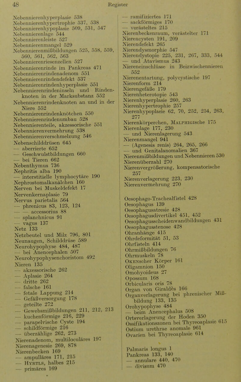 Nebennieicnhyperplasie ö38 Nebeiiniereiiliypertrophie 537, 538 Nebennierenhypoplasie 509, 531, 547 Nebennieieulage 544 Nebeniüerenleiste 527 Nebennierenmangel 529 Nebennierenmißbildungen 525, 558, 559, 560, 561, 562, 563 Nebeiinierenriesenzellen 527 Nebennierenrinde im Pankreas 471 Nebennierenrindenadenom 551 Nebennierenrindendefekt 537 Nebemiierenrindenhyperplasie 551 Nebeimierenrindeninseln und Rinden- knoten in der Marksubstanz 552 Nebennierenrindenknoten an und in der Niere 552 Nebennierenrindenknötclien 550 Nebennierem-indenumbau 528 Nebennierenteile, akzessorische 551 Nebennierenvermehrung 538 Nebennierenverschmelzung 546 Nebenschilddrüsen 645 — aberrierte 652 — Geschwulstbildungen 660 — bei Tieren 662 Nebenthymus 736 Nephritis alba 190 — interstitielle lymphocytäre 190 Nephrostomalkanälchen 160 Nerven bei Muskeldefekt 17 Nervenkernaplasie 79 Nervus parietaUs 564 — phrenicus 83, 123, 124 accessorius 88 — splanchnicus 91 — vagus 137 Netz 133 Netzbeutel und Müz 796, 801 Neunaugen, Schilddrüse 589 Neurohypophyse 484, 487 — bei Aiiencephalen 507 Netirohypophysenchoristom 492 Nieren 135 — akzessorische 262 — Aplasie 264 — dritte 262 — falsche 161 — fetale Lappung 214 — Gefäßversorgung 178 — geteilte 272 — Gewebsmißbildungen 211, 212, 213 — kuchenförmige 216, 229 — parapelvische Cyste 194 — schildförmige 216 — überzählige 262, 273 Nierenadenom, multiloculäres 197 Nierenagenesie 269, 878 Nierenbecken 169 — ampulläres 171, 215 — Hybtls, halbes 215 — primäres 169 — ramifiziei-tes 171 — sackförmiges 170 — Verästeltes 215 Nierenbeckenraum, verästelter 171 Nierencysten 191, 209 Nierendefekt 265 Nierendysmorphie 547 Nierendystopie 225, 231, 267, 333, 544 — und Atavismus 243 Niereneinschlüsse in Beizwischemiiereu 552 Nierenentartung, polycystische 197 Nierenform 214 Nierengefäße 179 Nierenheterotopie 543 Nierenhyperplasie 260, 263 Nierenhypertrophie 257 NierenhjTDoplasie 62, 70, 252, 254, 263, 277 Nierenkörperchen, MALPHiGische 175 Nierenlage 177, 230 — und Nierenlagerung 543 Nierenmangel 941 — (Agenesis renis) 264, 265, 266 — und Genitalanomalien 367 Nierenmißbildungen und Nebennieren 530 Nierenüberzahl 270 Nierenvergrößerung, kompensatorische 257 Nierenverlagerung 223, 230 Nierenvermehrung 270 Oesophago-Trachealfistel 428 Oesophagus 139 Oesophagusatresie 428 Oesophagusdivertikel 451. 452 Oesophagusscheidenwandbildvmgen 431 Oesophagusstenose 428 Ohranhänge 415 Ohrdeformität 51, 53 Ohrfisteln 414 Ohrmißbildimgen 76 Ohrmuskeln 78 OKENscher Körper 161 OHgamnion 150 Omohyoideus 27 Opossum 168 Orbicularis oris 78 Organ von Girald^s 166 Organverlagerung bei phrenischer ^Iiß- büdung 133, 135 Orohypophyse 484 — beim Anencephalus 508 Ortsverlagerung der Hoden 350 Ossifikationszonen bei ThjTeoaplasie blo Ostium urethrae anomale 961 Ovarien bei Thyreoaplasie 614 Palmaris longus 1 Pankreas 133, 140 — annulare 440. 470 — divisum 470