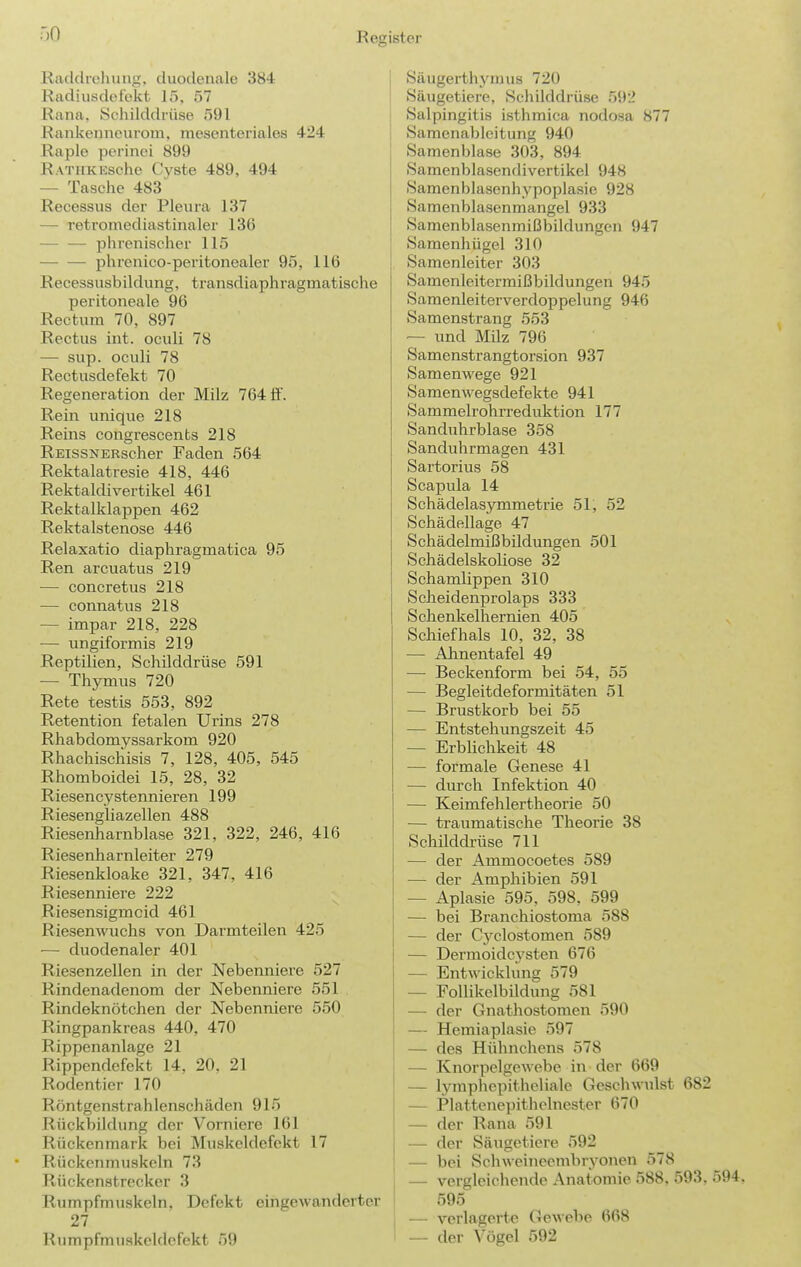 lladdrehung, duodenale 384 Radiusdefekt 15, 57 Rana, Scliilddiüse 591 Rankenneurom, mesenteriales 424 Raplo perinei 899 RATiiKKsche Cyste 489, 494 — Tasche 483 Recessus der Pleura 137 — retromediastinaler 136 phrenischer 115 phrenico-peritonealer 95, 116 Recessusbildung, transdiaphragmatische peritoneale 96 Rectum 70, 897 Rectus int. oculi 78 — sup. oculi 78 Rectusdefekt 70 Regeneration der Milz 764 ff. Rein unique 218 Reins congrescents 218 REissNERscher Faden 564 Rektalatresie 418, 446 Rektaldivertikel 461 Rektalklappen 462 Rektalstenose 446 Relaxatio diaphragmatica 95 Ren arcuatus 219 — concretus 218 — connatus 218 — impar 218, 228 ■— ungiformis 219 ReptiUen, Schilddrüse 591 — Thymus 720 Rete testis 553, 892 Retention fetalen Urins 278 Rhabdomyssarkom 920 Rhachiscliisis 7, 128, 405, 545 Rhomboidei 15, 28, 32 Riesencystennieren 199 Riesengliazellen 488 Riesenharnblase 321, 322, 246, 416 Riesenharnleiter 279 Riesenkloake 321, 347, 416 Riesenniere 222 Riesensigmoid 461 Riesenwuchs von Darmteilen 425 — duodenaler 401 Riesenzellen in der Nebenniere 527 Rindenadenom der Nebenniere 551 Rindeknötchen der Nebenniere 550 Ringpankreas 440, 470 Rippenanlage 21 Rippendefekt 14, 20, 21 Rodentier 170 Röntgen.strahlenschäden 915 Rückbildung der Vorniere 161 Rückenmark bei Muskeldefekt 17 Rückenniuskeln 73 Rückenstrecker 3 Rumpfmuskeln, Defekt eingewanderter 27 Rumpfmuskeldcfekt 59 Säugerthymus 720 Säugetiere, Schilddrüse 592 Salpingitis isthmica nodosa 877 Samenabicitung 940 Samenblase 303, 894 Samenblasendivertikel 948 Samenblasenhypoplasie 928 Samenblasenmangel 933 Samenblasenmißbildungen 947 Samenhügel 310 Samenleiter 303 Samenleitermißbildungen 945 Samenleiterverdoppelung 946 Samenstrang 553 — und Milz 796 Samenstrangtorsion 937 Samenwege 921 Samenwegsdefekte 941 Sammelrohrreduktion 177 Sanduhrblase 358 Sanduhrmagen 431 Sartorius 58 Scapula 14 Schädelasymmetrie 51, 52 Schädellage 47 Schädelmißbüdungen 501 Schädelskoliose 32 Schamlippen 310 Scheidenprolaps 333 Schenkelhernien 405 Schiefhals 10, 32, 38 — Ahnentafel 49 — Beckenform bei 54, 55 — Begleitdeformitäten 51 — Brustkorb bei 55 — Entstehungszeit 45 — Erblichkeit 48 — formale Genese 41 — durch Infektion 40 — Keimfehlertheorie 50 — traumatische Theorie 38 Schilddrüse 711 — der Ammocoetes 589 — der Amphibien 591 — Aplasie 595, 598, 599 — bei Branchiostoma 588 — der Cyclostomen 589 — Dermoidcysten 676 — Entwicklung 579 — Follikelbildung 581 — der Gnathostomen 590 — Hemiaplasie 597 — des Hühnchens 578 — Knorpelgewebe in der 669 — lymphepitheliale Geschwulst 682 — Plattenepithelnester 670 — der Rana 591 I — der Säugetiere 592 — bei Schweinccmbryonen 578 — vergleichende Anatomie 588. 593. 594. 595 1 — verlagerte Gewebe 668 ' — der Vögel 592