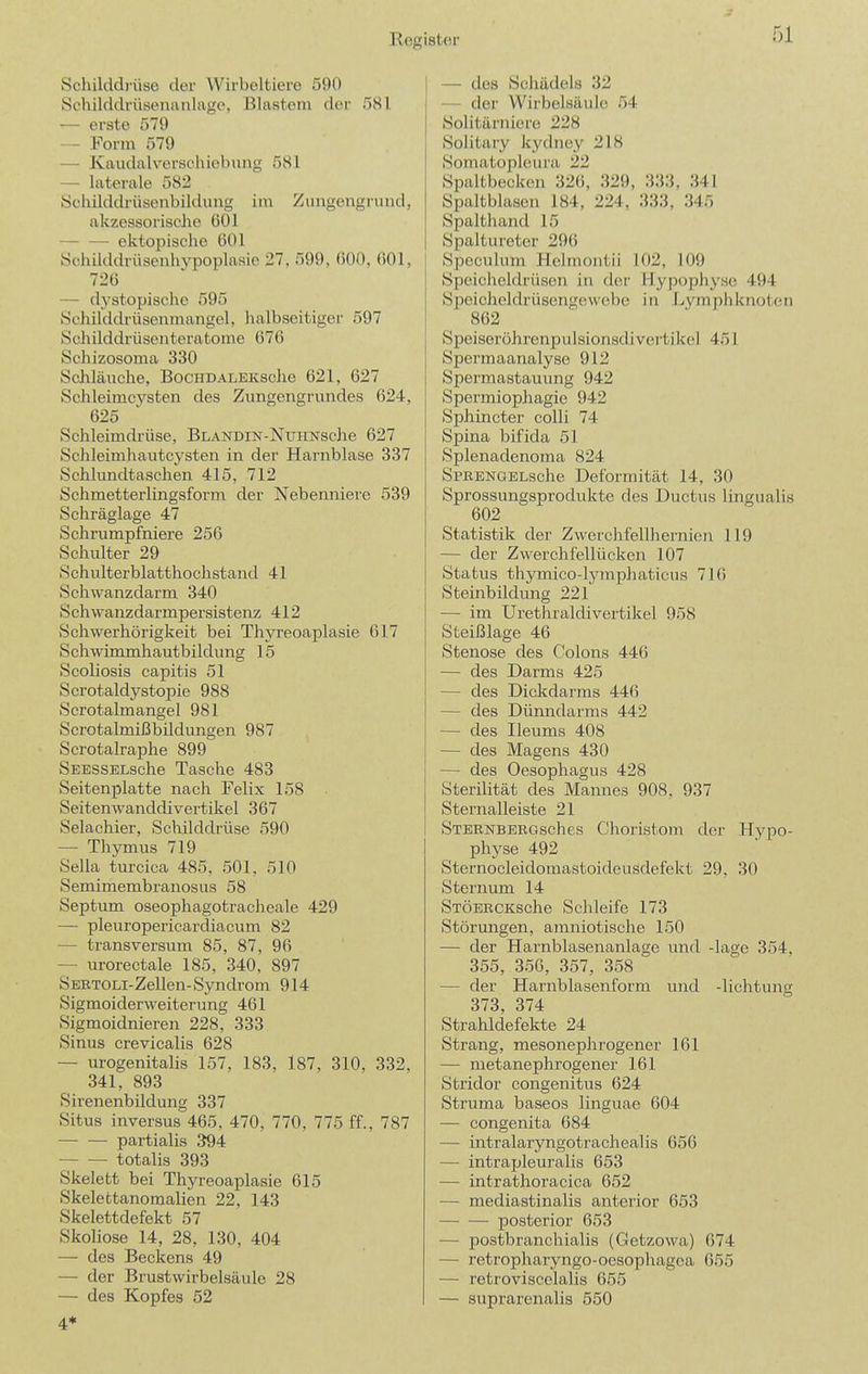 Schilddrüse der Wirbeltiere 590 Schilddrüsenanlage, Blastem doi- 581 — erste 579 — Form 579 — Kaudalverschiebnng 581 — laterale 582 Sohilddrüsenbildiing itn Zinigengrund, akzessorische 601 ektopische GOl Schilddrüsenhypoplasic 27. 599, (iOO, 001, 726 — dj'stopische 595 Schilddrüsenmangel, lialbseitiger 597 Schilddrüsenteratome 676 Schizosoma 330 Schläuche, BociiDALEKsche 621, 627 Schleimcysten des Zungengrundes 624, 625 Schleimdrüse, BLAKDiN-NuHNsche 627 Schleimhautcysten in der Harnblase 337 Schlundtaschen 415, 712 Schmetterlingsform der Nebenniere 539 Schräglage 47 Schrumpfniere 250 Schulter 29 Schulterblatthochstand 41 Schwanzdarm 340 Schwanzdarmpersistenz 412 Schwerhörigkeit bei Thyreoaplasie 617 Schwimmhautbildung 15 Scoliosis capitis 51 Scrotaldystopie 988 Scrotalmangel 981 Scrotalmißbildungen 987 Scrotalraphe 899 SEESSELsche Tasche 483 Seitenplatte nach Felix 158 Seitenwanddivertikel 367 Selachier, Schilddrüse 590 — Thymus 719 Sella turcica 485, 501, 510 Semimembranosus 58 Septum oseophagotracheale 429 — pleuropericardiacum 82 — transversum 85, 87, 96 — urorectale 185, 340, 897 SEETOLi-Zellen-Syndi-om 914 Sigmoiderweiterung 461 Sigmoidnieren 228, 333 Sinus crevicalis 628 — urogenitalis 157, 183, 187, 310, 332, 341, 893 Sirenenbildung 337 Situs inversus 465, 470, 770, 775 ff., 787 — — partialis 394 totalis 393 Skelett bei Thyreoaplasie 615 Skelettanoraalien 22, 143 Skelettdefekt 57 SkoHose 14, 28, 130, 404 — des Beckens 49 — der Brustwirbelsäule 28 — des Kopfes 52 4* — dos Schädels 32 — der Wirbelsäule 54 Solitärniere 228 Solitary kydney 218 Somatopleura 22 Spaltbecken 326, 329, 333, 341 Spaltblasen 184, 224, 333, 345 Spalthand 15 Spaltureter 296 Speculum Holmontii 102, 109 Speiclieldrüscn in der Hypophyse 494 Speicheldrüsengewebe in Lymphknoten 862 Speiseröhrenpulsionsdi verti kel 451 Spermaanalyse 912 Spermastauung 942 Spermiophagie 942 Sphincter colli 74 Spina bifida 51 Splenadenoma 824 SpßENGELsche Deformität 14, 30 Sprossungsprodukte des Ductus lingualis 602 Statistik der Zwerchfellhernien 119 — der Zwerchfellücken 107 Status thymico-lymphaticus 716 Steinbildung 221 — im Urethraldivertikel 958 Steißlage 46 Stenose des Colons 446 — des Darms 425 — des Dickdarms 446 — des Dünndarms 442 — des Ileums 408 — des Magens 430 — des Oesophagus 428 Sterilität des Mannes 908, 937 Sternalleiste 21 SterneERGsch es Choristom der Hypo- physe 492 Sternocleidomastoideusdefekt 29, 30 Sternum 14 STÖERCKSche Schleife 173 Störungen, amniotische 150 — der Harnblasenanlage und -läge 354, 355, 356, 357, 358 — der Harnblasenform und -lichtung 373, 374 Strahldefekte 24 Strang, mesonephrogener 161 — metanephrogener 161 Stridor congenitus 624 Struma baseos linguae 604 — congenita 684 — intralaryngotrachealis 656 — intrapleuralis 653 — intrathoracica 652 — mediastinalis anterior 653 posterior 653 — postbranchialis (Getzowa) 674 — retropharyngo-oesophagea 655 — retroviscelalis 655 — suprarenalis 550