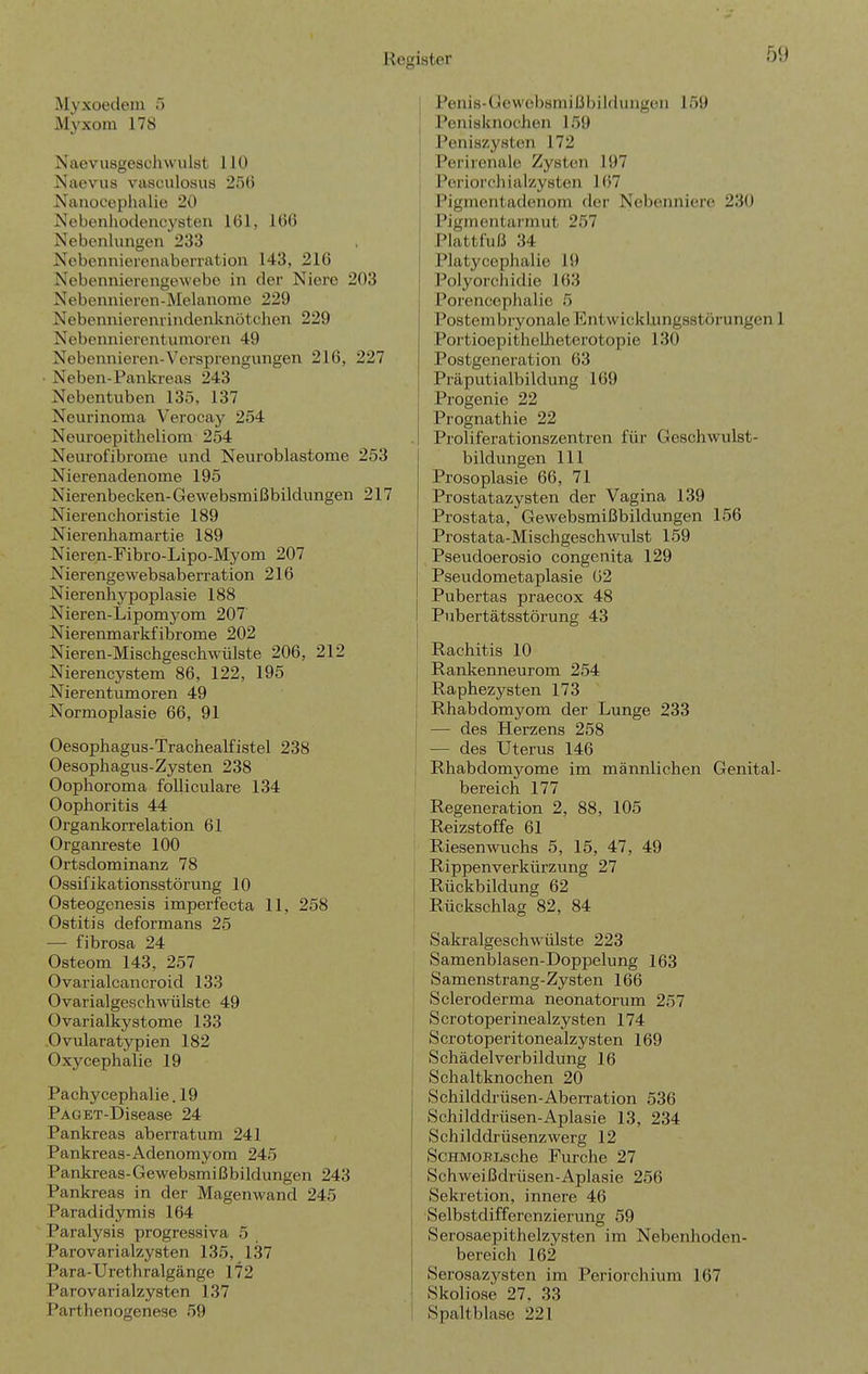 Myxoedeiu 5 Myxom 178 Naevusgeschwulst 110 Naevus vasculosus 256 Nanocephalie 20 Nebenhodencysten 161, 166 Nebenlungen 233 Nobennierenaberration 143, 216 Nebennierengewebe in der Niere 203 Nebennieren-Melanome 229 Nebennierenrindenlinötchen 229 Nebennierentumoren 49 Nebennieren-Versprengungen 216, 227 • Neben-Pankreas 243 Nebentuben 135, 137 Neurinoma Verocay 254 Neuroepitheliom 254 Neurofibrome und Neuroblastome 253 Nierenadenome 195 Nierenbecken-Gewebsmißbildungen 217 Nierenchoristie 189 Nierenhamartie 189 Nieren-Fibro-Lipo-Myom 207 Nierengewebsaberration 216 Nierenhypoplasie 188 Nieren-Lipomyom 207 Nierenmarkfibrome 202 Nieren-Mischgeschwülste 206, 212 Nierencystem 86, 122, 195 Nierentumoren 49 Normoplasie 66, 91 Oesophagus-Trachealfistel 238 Oesophagus-Zysten 238 Oophoroma folliculare 134 Oophoritis 44 Organkorrelation 61 Organreste 100 Ortsdominanz 78 Ossifikationsstörung 10 Osteogenesis imperfecta 11, 258 Ostitis deformans 25 — fibrosa 24 Osteom 143, 257 Ovarialcancroid 133 Ovarialgeschwülste 49 Ovarialkystome 133 Ovularatypien 182 Oxycephalie 19 Pachycephalie. 19 PAGET-Disease 24 Pankreas aberratum 241 Pankreas-Adenomyom 245 Pankreas-Gewebsmißbildungen 243 Pankreas in der Magen wand 245 Paradidymis 164 Paralysis progressiva 5 Parovarialzysten 135, 137 Para-Urethralgänge 172 Parovarialzysten 137 Parthenogenese 59 I Penis-(jcwol)Hniißbil(lungen 159 Peniaknochen 159 Peniszysten 172 j Periienale Zysten 197 j Perioi'chialzysten 167 Pigmentadenom der Nebenniere 230 Pigmentarmut 257 Phittfuß 34 Platycephalie 19 Polyorchidie 163 Porencephalie 5 Postembryonale Entwicklungsstörungen 1 Portioepithelheterotopie 130 Postgeneration 63 Präputialbildung 169 Progenie 22 Prognathie 22 Proliferationszentren für Geschwulst- bildungen III Prosoplasie 66, 71 Prostatazysten der Vagina 139 Prostata, Gewebsmißbildungen 156 Prostata-Mischgeschwulst 159 Pseudoerosio congenita 129 Pseudometaplasie 62 Pubertas praecox 48 Pubertätsstörung 43 Rachitis 10 j Rankenneurom 254 j Raphezysten 173 j Rhabdomyom der Lunge 233 — des Herzens 258 [ — des Uterus 146 i Rhabdomyome im männlichen Genital- ! bereich 177 Regeneration 2, 88, 105 Reizstoffe 61 Riesenwuchs 5, 15, 47, 49 Rippenverkürzung 27 Rückbildung 62 Rückschlag 82, 84 Sakralgeschwülste 223 Samenblasen-Doppelung 163 Samenstrang-Zysten 166 Scleroderma neonatorum 257 Scrotoperinealzysten 174 Scrotoperitonealzysten 169 Schädelverbildung 16 Schaltknochen 20 Schilddrüsen-Aberration 536 Schilddrüsen-Aplasie 13, 234 Schilddrüsenzwerg 12 ScHMOBLsche Furche 27 Schweißdrüsen-Aplasie 256 Sekretion, innere 46 Selbstdifferenzierung 59 Serosaepithelzysten im Nebenhoden- bereich 162 Serosazysten im Periorchium 167 Skoliose 27. 33 Spaltblase 221