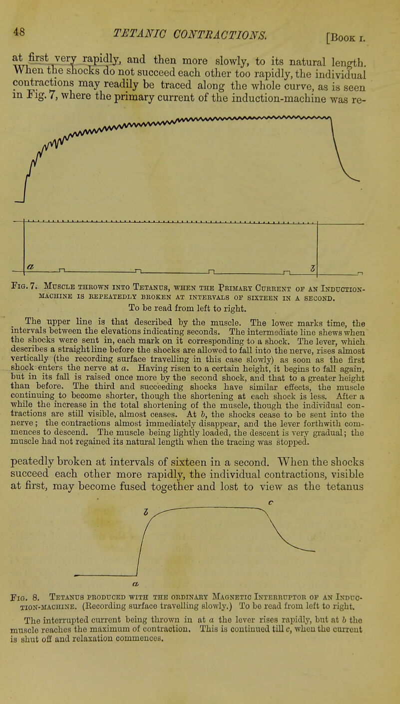 TETANIC CONTRACTIONS. [Book i. at first very rapidly, and then more slowly, to its natural length When the shocks do not succeed each other too rapidly, the individual contractions may readily be traced along the whole curve, as is seen in Fig. 7, where the primary current of the induction-machine was re- ■ i » ■ i i t a Fig. 7. Muscle thrown into Tetanus, when the Primary Cukbent of an Induction- machine IS REPEATEDLY BROKEN AT INTERVALS OE SIXTEEN IN A SECOND. To be read from left to right. The upper line is that described by the muscle. The lower marks time, the intervals between the elevations indicating seconds. The intermediate line shews when the shocks were sent in, each mark on it corresponding to a shock. The lever, which describes a straight line before the shocks are allowed to fall into the nerve, rises almost vertically (the recording surface travelling in this case slowly) as soon as the first shock enters the nerve at a. Having risen to a certain height, it begins to fall again, but in its fall is raised once more by the second shock, and that to a greater height than before. The third and succeeding shocks have similar effects, the muscle continuing to become shorter, though the shortening at each shock is less. After a while the increase in the total shortening of the muscle, though the individual con- tractions are still visible, almost ceases. At b, the shocks cease to be sent into the nerve; the contractions almost immediately disappear, and the lever forthwith com- mences to descend. _ The muscle being lightly loaded, the descent is very gradual; the muscle had not regained its natural length when the tracing was stopped. peatedly broken at intervals of sixteen in a second. When the shocks succeed each other more rapidly, the individual contractions, visible at first, may become fused together and lost to view as the tetanus Fig. 8. Tetanus pboduced with the ordinary Magnetic Interruptob op an Induc- tion-machine. (Kecording surface travelling slowly.) To be read from left to right. The interrupted current being thrown in at a the lever rises rapidly, but at b the muscle reaches the maximum of contraction. This is continued till c, when the current is shut off and relaxation commences.