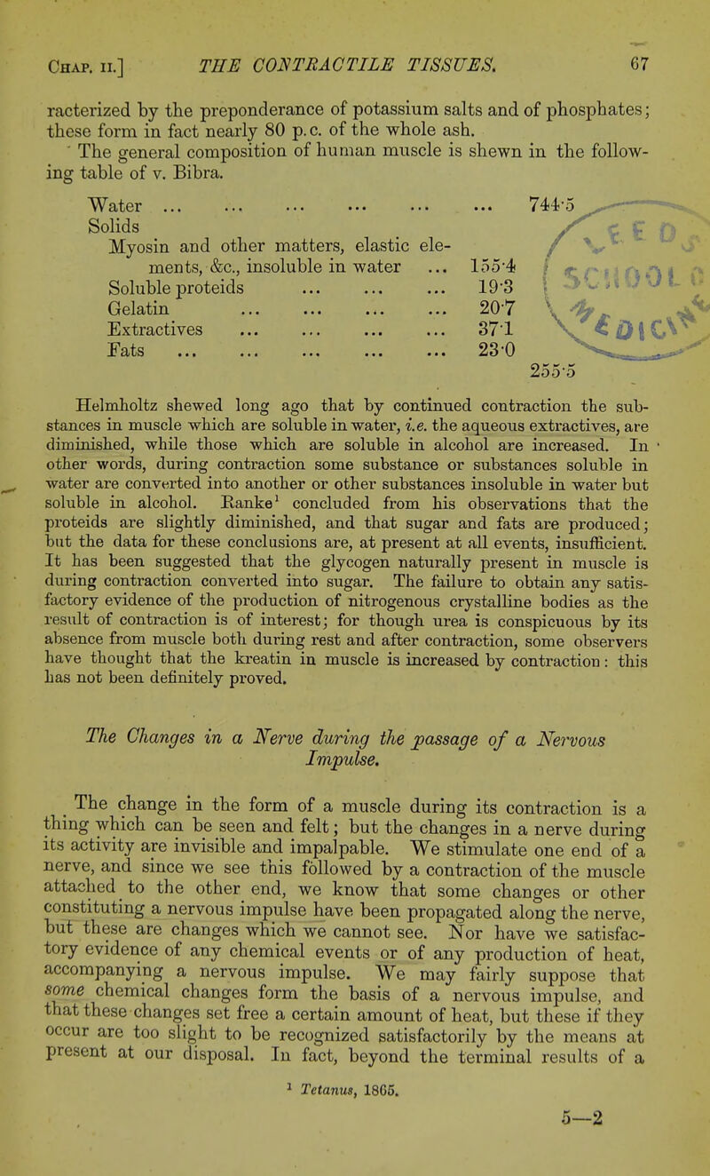 racterized by the preponderance of potassium salts and of phosphates; these form in fact nearly 80 p. c. of the whole ash. ' The general composition of human muscle is shewn in the follow- ing table of v. Bibra. Water ... ... ... ••• ... ... 744-5 ' Solids c £ f Myosin and other matters, elastic ele- f \? ments, &c., insoluble in water Soluble proteids Gelatin Extractives _t t.Lt.S • • i •*• ••• • • ■ 255-5 Helmholtz shewed long ago that by continued contraction the sub- stances in muscle which are soluble in water, i.e. the aqueous extractives, are diminished, while those which are soluble in alcohol are increased. In other words, during contraction some substance or substances soluble in water are converted into another or other substances insoluble in water but soluble in alcohol. Ranke1 concluded from his observations that the proteids are slightly diminished, and that sugar and fats are produced; but the data for these conclusions are, at present at all events, insufficient. It has been suggested that the glycogen naturally present in muscle is during contraction converted into sugar. The failure to obtain any satis- factory evidence of the production of nitrogenous crystalline bodies as the result of contraction is of interest; for though urea is conspicuous by its absence from muscle both during rest and after contraction, some observers have thought that the kreatin in muscle is increased by contraction: this has not been definitely proved. The Changes in a Nerve during the passage of a Nervous Impulse. > The change in the form of a muscle during its contraction is a thing which can be seen and felt; but the changes in a nerve during its activity are invisible and impalpable. We stimulate one end of a nerve, and since we see this followed by a contraction of the muscle attached to the other end, we know that some changes or other constituting a nervous impulse have been propagated along the nerve, but these are changes which we cannot see. Nor have we satisfac- tory evidence of any chemical events or of any production of heat, accompanying a nervous impulse. We may fairly suppose that some chemical changes form the basis of a nervous impulse, and that these changes set free a certain amount of heat, but these if they occur are too slight to be recognized satisfactorily by the means at present at our disposal. In fact, beyond the terminal results of a 1 Tetanus, 18G5. 5—2