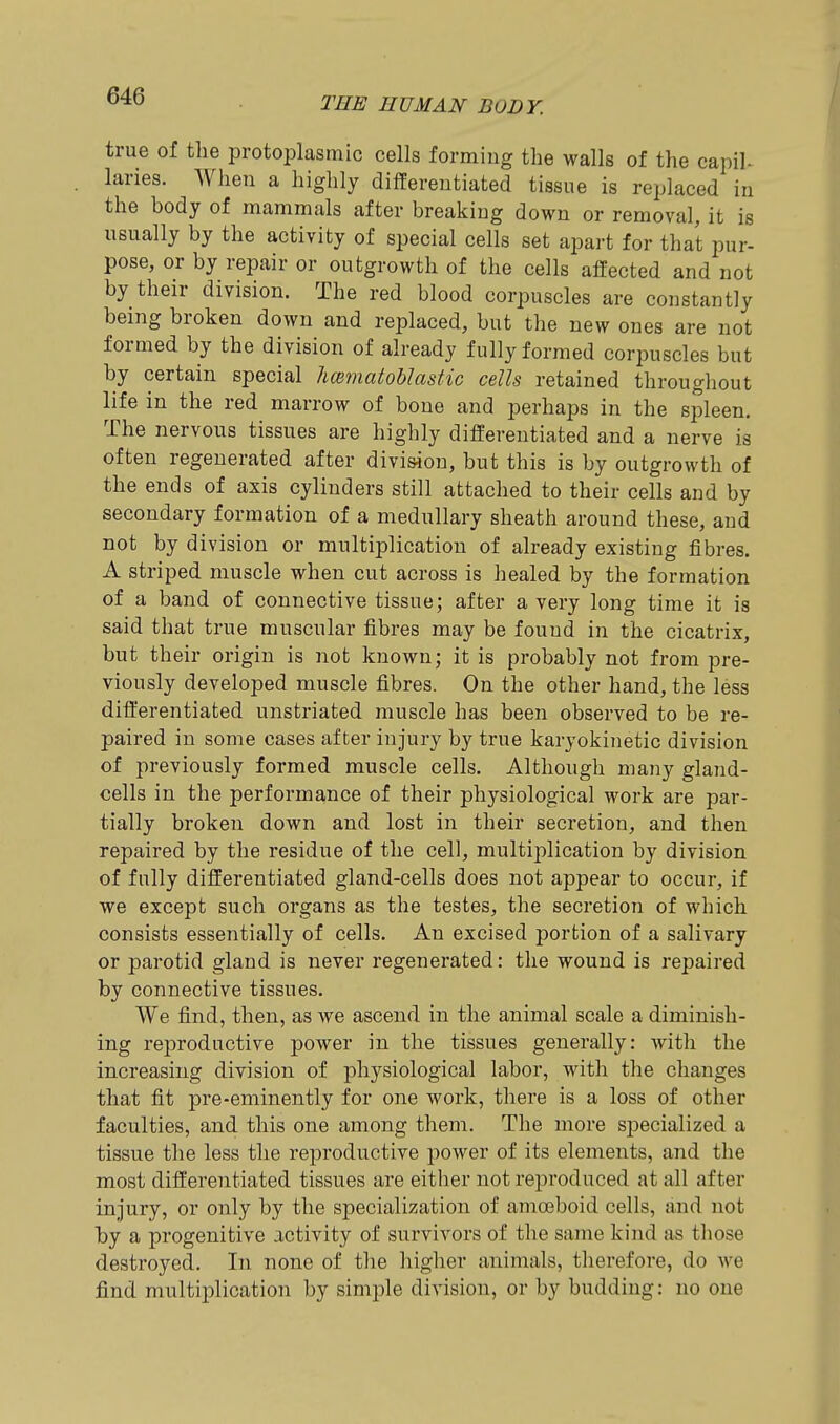 true of the protoplasmic cells forming the walls of the capiK laries. When a highly differentiated tissue is replaced in the body of mammals after breaking down or removal, it is usually by the activity of special cells set apart for that pur- pose, or by repair or outgrowth of the cells affected and not by their division. The red blood corpuscles are constantly being broken down and replaced, but the new ones are not formed by the division of already fully formed corpuscles but by certain special hmmatoblastic cells retained throughout life in the red marrow of bone and perhaps in the spleen. The nervous tissues are highly differentiated and a nerve is often regenerated after division, but this is by outgrowth of the ends of axis cylinders still attached to their cells and by secondary formation of a medullary sheath around these, and not by division or multiplication of already existing fibres. A striped muscle when cut across is healed by the formation of a band of connective tissue; after a very long time it is said that true muscular iibres may be found in the cicatrix, but their origin is not known; it is probably not from pre- viously developed muscle fibres. On the other hand, the less differentiated unstriated muscle has been observed to be re- paired in some cases after injury by true karyokinetic division of previously formed muscle cells. Although many gland- cells in the performance of their physiological work are par- tially broken down and lost in their secretion, and then repaired by the residue of the cell, multiplication by division of fully differentiated gland-cells does not appear to occur, if we except such organs as the testes, the secretion of which consists essentially of cells. An excised portion of a salivary or parotid gland is never regenerated: the wound is repaired by connective tissues. VVe find, then, as we ascend in the animal scale a diminish- ing reproductive power in the tissues generally: with the increasing division of physiological labor, with the changes that fit pre-eminently for one work, there is a loss of other faculties, and this one among them. The more specialized a tissue the less the reproductive power of its elements, and the most differentiated tissues are either not reproduced at all after injury, or only by the specialization of amroboid cells, and not by a progenitive activity of survivors of the same kind as tliose destroyed. In none of the liigher animals, therefore, do we find multiplication by simple division, or by budding: no one