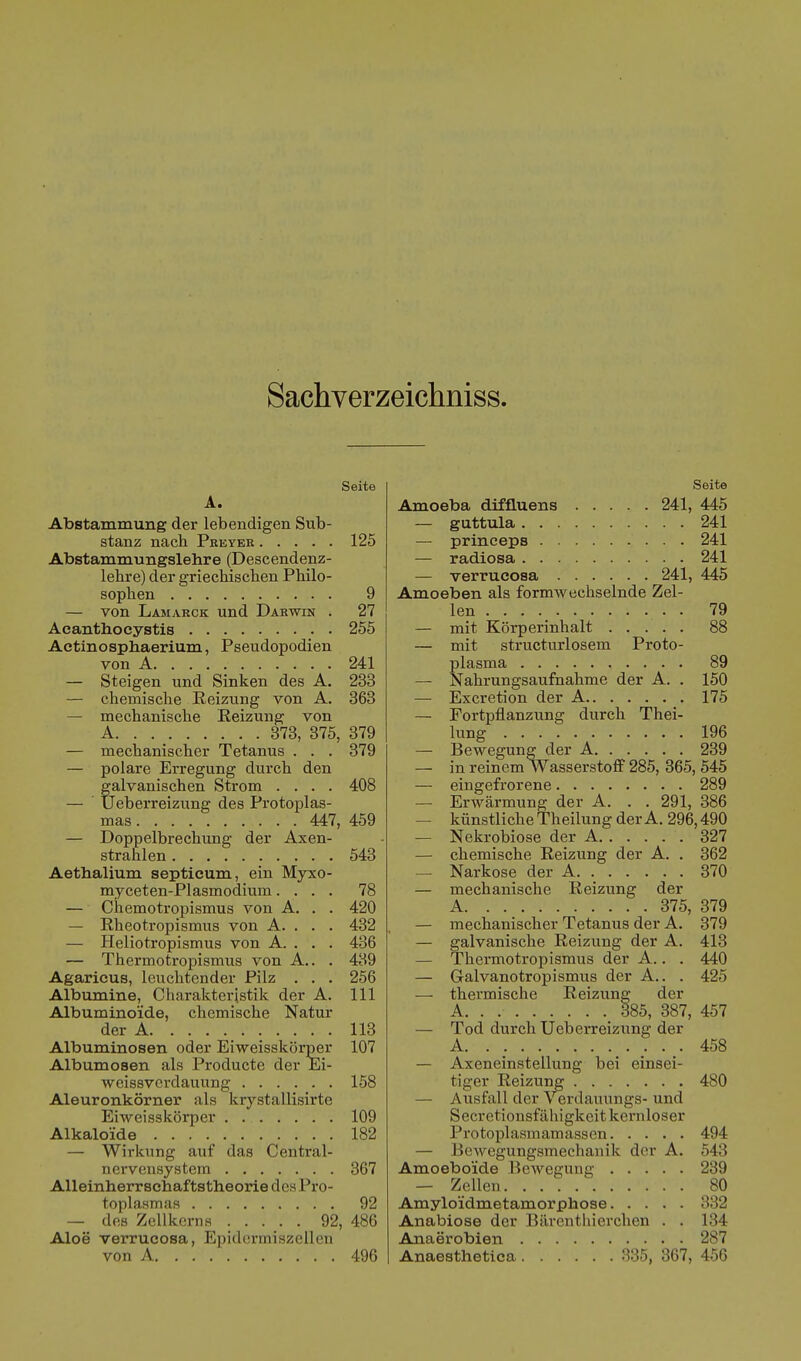 Sachverzeichniss. Seite A. 125 9 27 241 233 363 379 379 408 Abstammung der lebendigen Sub- stanz nach Pbeyee Abstammungslehre (Descendenz- lehre) der griecMsclien Philo- sophen — von Lamarck und Darwin . Aeanthocystis 255 Aetinosphaerium, Pseudopodien von A — Steigen und Sinken des A. — chemische Reizung von A. — mechanische Reizung von A 373, 375 — mechanischer Tetanus . . . — polare Erregung durch den galvanischen Strom .... — Ueberreizung des Protoplas- mas 447, 459 — Doppelbrechung der Axen- strahlen 543 Aethalium septieum, ein Myxo myceten-Plasmodium. . — Chemotropismus von A. — Rheotropismus von A. . — Heliotropismus von A. . — Thermotropismus von A. Agaricus, leuchtender Pilz . Albumine, Charakterjstilc der A. Albuminoide, chemische Natur der A 113 Albuminosen oder Eiweisskörper 107 Albumosen als Producte der Ei- •wcissvcrdauung 158 Aleuronkörner als krystallisirte Eiweisskörper 109 Alkaloide 182 — Wirkung auf das Centrai- nervensystem 367 Alleinherrschaftstheorie des Pro- toplasmas 92 — dos Zellkerns 92, 486 Aloe verrucosa, Epidcrmiszellen von A. 496 78 420 432 436 439 256 III Seite Amoeba diffluens 241, 445 ~ guttula 241 — princeps 241 — radiosa 241 — verrucosa 241, 445 Amoeben als formwechselnde Zel- len ... . 79 — mit Körperinhalt 88 — mit structurlosem Proto- plasma 89 — Nahrungsaufnahme der A. . 150 — Excretion der A 175 — Fortpflanzung durch Thei- lung 196 — Bewegung der A 239 — in reinem Wasserstoff 285, 365, 545 — eingefrorene 289 — Erwärmung der A. . . 291, 386 — künstliche Theilung der A. 296,490 — Nekrobiose der A 327 — chemische Reizung der A. . 362 — Narkose der A 370 — mechanische Reizung der A 375, 379 — mechanischer Tetanus der A. 379 — galvanische Reizung der A. 413 — Thermotropismus der A.. . 440 — Galvanotropismus der A.. . 425 — thermische Reizung der A 385, 387, 457 — Tod durch Ueberreizung der A 458 — Axeneinstellung bei einsei- tiger Reizung 480 — Ausfall der Verdauungs- und Secretionsfähigkeitkei'nloser Protoplasmamasscn 494 — Bewegungsmechanik der A. 543 Amoeboide Bewegung 239 — Zellen 80 Amyloidmetamorphose 332 Anabiose der Biirenthierchen . . 134 Anaerobien 287 Anaesthetica 335, 367, 456