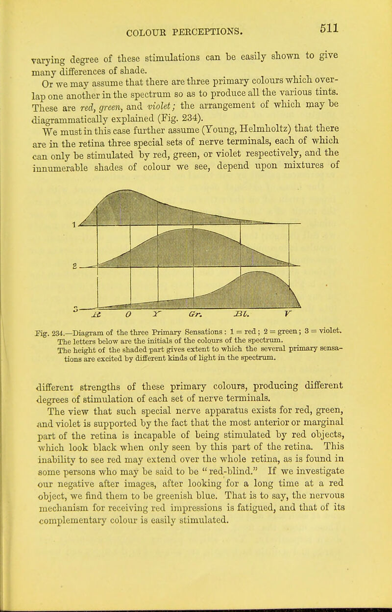 COLOUR PERCEPTIONS. varying degree of these stimulations can be easily shown to give many differences of shade. Or we may assume that there are three primary colours which over- lap one another in the spectrum so as to produce all the various tints. These are red, green, and violet; the arrangement of which maybe diagrammatically explained (Fig. 234). We must in this case further assume (Young, Helmholtz) that there are in the retina three special sets of nerve terminals, each of which can only be stimulated by red, green, or violet respectively, and the innumerable shades of colour we see, depend upon mixtures of JiMiMMiMiW iiiii ill ■III ■■II ill O Gr. Kg. 234.—Diagram of the three Primary Sensations : 1 = red; 2 = green; 3 = violet. The letters below are the initials of the colours of the spectrum. The height of the shaded part gives extent to which the several primary sensa- tions are excited by different kinds of light in the spectrum. different strengths of these primary colours, producing different degrees of stimulation of each set of nerve terminals. The view that such special nerve apparatus exists for red, green, and violet is supported by the fact that the most anterior or marginal part of the retina is incapable of being stimulated by red objects, which look black when only seen by this part of the retina. This inability to see red may extend over the whole retina, as is found in some persons who may be said to be  red-blind. If we investigate our negative after images, after looking for a long time at a red object, we find them to be greenish blue. That is to say, the nervous mechanism for receiving red impressions is fatigued, and that of its complementary colour is easily stimulated.