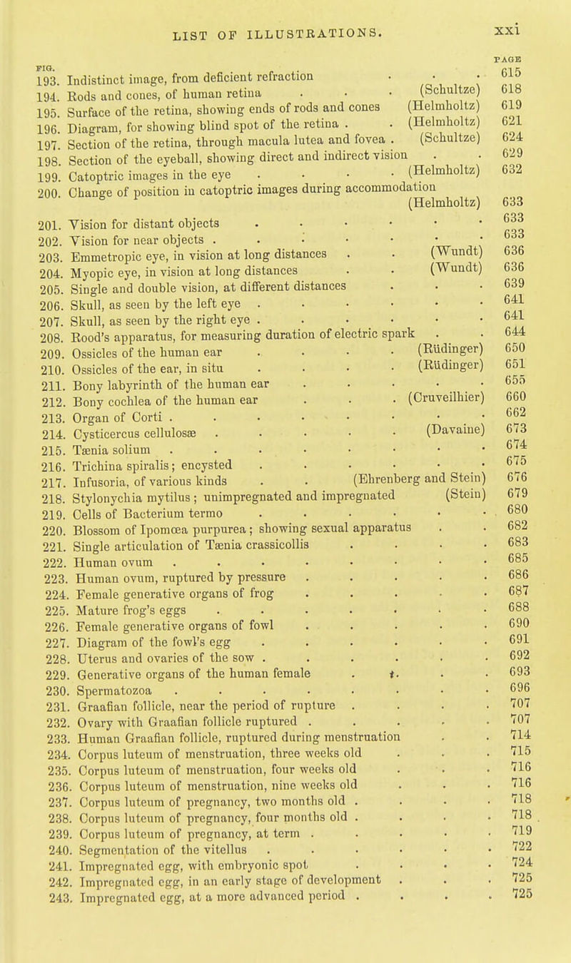 FIG. 193. 194. 195. 196. 197. 198. 199. 200. 201. 202. 203. 204. 205. 206. 207. 208. 209. 210, 211. 212. 213. 214. 215. 216. 217. 218. 219. 220. 221. 222. 223. 224. 225. 226. 227. 228. 229. 230. 231. 232. 233. 234. 235. 236. 237. 238, 239. 240. 241. 242. 243 Indistinct image, from deficient refraction . , ' , > Rods and cones, of human retina . • • (Schultze) Surfece of the retina, showing ends of rods and cones (Helmholtz) Diagram, for showing blind spot of the retina . . (Helmholtz) Section of the retina, through macula lutea and fovea . (Schultze) Section of the eyeball, showing direct and indirect vision Catoptric images in the eye . • • • (Helmholtz) Change of position in catoptric images during accommodation ^ ^ (Helmholtz) Vision for distant objects Yision for near objects Emmetropic eye, in vision at long distances . . (Wundt) Myopic eye, in vision at long distances . • (Wundt) Single and double vision, at different distances Skull, as seen by the left eye . Skull, as seen by the right eye . . • • Eood's apparatus, for measuring duration of electric spark Ossicles of the human ear ... • (Rudinger) Ossicles of the ear, in situ .... (Riidinger) Bony labyrinth of the human ear . . • • • Bony cochlea of the human ear ... (Oruveilhier) Organ of Corti . Cysticercus cellulosas Taenia solium Trichina spiralis; encysted Infusoria, of various kinds Stylonychia mytilus ; unimpregnated and impregnated Cells of Bacterium termo .... Blossom of Ipomoea purpurea ; showing sexual apparatus Single articulation of Taenia crassicoUis Human ovum .... Human ovum, ruptured by pressure Female generative organs of frog Mature frog's eggs Female generative organs of fowl Diagram of the fowl's egg Uterus and ovaries of the sow . Generative organs of the human female Spermatozoa .... Graafian follicle, near the period of rupture Ovary with Graafian follicle ruptured . Human Graafian follicle, ruptured during menstruation Corpus luteum of menstruation, three weeks old Corpus luteum of menstruation, four weeks old , Corpus luteum of menstruation, nine weeks old . Corpus luteum of pregnancy, two months old , Corpus luteum of pregnancy, four months old . Corpus luteum of pregnancy, at term . . Segmentation of the vitellus , Impregnated egg, with embryonic spot , Impregnated egg, in an early stage of development , Impregnated egg, at a more advanced period . (Davaiue) (Ehrenberg and Stein) (Stein) TAQE 615 618 619 621 624 629 632 633 633 633 636 636 639 641 641 644 650 651 655 660 662 673 674 675 676 679 680 682 683 685 686 687 688 690 691 692 693 696 707 707 714 715 716 716 718 718 719 722 724 725 725