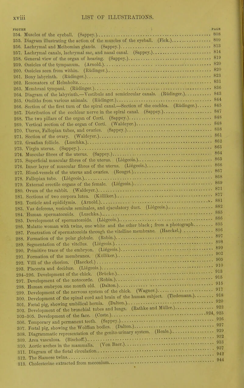 FIQiniB i PAGE 254. Muscles of the eyeball. (Sappey.) 808 265. Diagram illustrating the action of the muscles of the eyeball. (Kick.) 800 256. Lachrymal and Meibomian glands. (Sappey.) 813 257. Lachrymal canals, lachrymal sac, and nasal canal. (Sappey.) 814 258. General view of the organ of hearing. (Sappey.) 819 259. Ossicles of the tympanum. (Arnold.) 820 260. Ossicles scon from within. (Rudinger.) 820 261. Bony labyrinth. (Riidinger.) 823 262. Resonators of Helmholtz 831 263. Membrani tympani. (Rudinger.) ■ 836 264. Diagram of the labyrinth.—Vestibule and semicircular canals. (Riidinger.) 848 265. Otoliths from various animals. (Riidinger.) 844 266. Section of the first turn of the spiral canal.—Section of the cochlea. (Riidinger.) 845 267. Distribution of the cochlear nerve in the spiral canal. (Sappey.) 847 268. The two pillars of the org.an of Corti. (Sappey.) 848 269. Vertical section of the organ of Corti. (Waldeyer.) 848 270. Uterus, Fallopian tubes, and ovaries. ^Sappey.) 858 271. Section of the ovary. (Waldeyer.) 861 272. Graafian folUcle. (Luschka.) 862 273. Virgin uterus. (Sappey.) 863 274. Muscular fibres of the uterus. (Sappey.) 864 275. Superficial muscular fibres of the uterus. (Lidgeois.) 865 276. Inner layer of muscular fibres of the uterus. (Liegeois.) 866 277. Blood-vessels of the uterus and ovaries. (Rouget.) 867 278. Fallopian tube. (Li6geois.) ^^8 279. External erectile organs of the female. (Liegeois.) 869 280. Ovum of the rabbit. (Waldeyer.) ^^J^ 281. Sections of two corpora lutea. (KoUiker.) 877 282. Testicle and epididymis. (Arnold.) 283. Vas deferens, vesicute seminales, and ejaculatory duct. (Liegeois.) 882 284. Human spermatozoids. (Luschka.) 285. Development of sperraatozoids. (Liegeois.) 886 286. Mulatto woman with twins, one white and the other black ; from a photograph 89 287. Penetration of spermatozoids through the vitelUne membrane. (Haeckel.) 896 288. Formation of the polar globule. (Robin.) . 289. Segmentation of the vitellus. (Liegeois.) ^ 290. Primitive trace of the embryon. (Liegeois.) ° 291. Formation of the membranes. (KoUiker.) 292. Villi of the chorion. (Haeckel.) 293. Placenta and deciduas. (Liegeois.) 294-296. Development of the chick. (Briicke.) • 297. Development of the notocorde. (Robin.) 298. Human embryon one month old. (Dalton.) 299. Development of the nervous system of the chick. (Wagner.). • 300. Development of the spinal cord and brain of the human subject. (Tiedemann.) 918 301. Fcetal pig, showing umbilical hernia. (Dalton.) • • • • • ■ ■ 302. Development of the bronchial tubes and lungs. (Rathke and MuUcr.) ^.^^ 92- 303-305. Development of the face. (Coste.) ' 306. Temporary and permanent teeth. (Sappey.) 307. Fcetal pig, showing the Wolffian bodies. (Dalton.) /„• V Vqoq 308. Diagrammatic representation of the genito-urinary system. (Henle.) 309. Area vasculosa. (Bischoff.) 310. Aortic arches in the mammalia. (Von Baer.) 311. Diagram of the foetal circulation 312. The Siamese twins 313. Cholesterine extracted from meconium