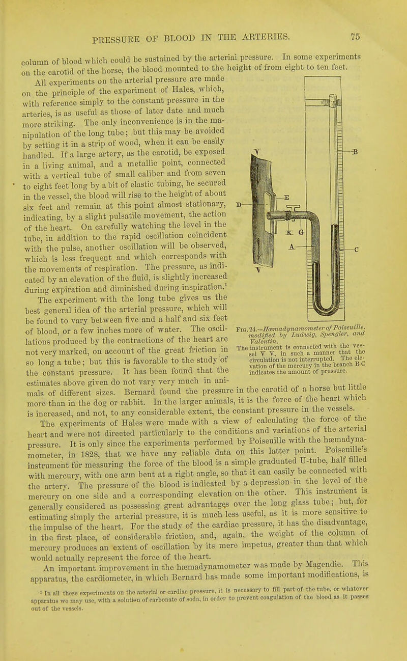 column of blood which could be sustained by the arterial pressure. In some experiments on the carotid of the horse, the blood mounted to the height of from eight to ten feet. All experiments on the arterial pressure are made on the principle of the experiment of Hales, which, with reference simply to the constant pressure in the arteries, is as useful as those of later date and much more striking. The only inconvenience is in the ma- nipulation of the long tube; but this may be avoided by setting it in a strip of wood, when it can be easily handled. If a large artery, as the carotid, be exposed in a living animal, and a metallic point, connected with a vertical tube of small caliber and from seven to eight feet long by a bit of elastic tubing, be secured in the vessel, the blood will rise to the height of about six feet and remain at this point almost stationary, indicating, by a slight pulsatile movement, the action of the heart. On carefully watching the level in the tube, in addition to the rapid oscillation coincident with the pulse, another oscillation will be observed, which is less frequent and which corresponds with the movements of respiration. The pressure, as indi- cated by an elevation of the flnid, is slightly increased during expiration and diminished during inspiration.^ The experiment with the long tube gives us the best general idea of the arterial pressure, which will be found to vary between five and a half and six feet of blood, or a few inches more of water. The oscil- lations produced by the contractions of the heart are not very marked, on account of the great friction in so long a tube; but this is favorable to the study of the constant pressure. It has been found that the estimates above given do not vary very much in ani- i . v.+in mals of different sizes. Bernard found the pressure in the cai-otid of a horse but Jittle more than in the dog or rabbit. In the larger animals, it is the force of the heart wincli is increased, and not, to any considerable extent, the constant pressure m the vessels The experiments of Hales were made with a view of calculatmg the force ot the heart and were not directed particularly to the conditions and variations of the arterial pressure. It is only since the experiments performed by PoiseuiUe with the hasmadyna- mometer, in 1828, that we have any reliable data on this latter point. Poisemlk s instrument for measuring the force of the blood is a simple graduated U-tube, half filled with mercury, with one arm bent at a right angle, so that it can easily be connected with the artery. The pressure of the blood is indicated by a depression m the level ol tlie mercury on one side and a corresponding elevation on the other. This instrument is generally considered as possessing great advantage over the long glass tube; but, lor estimating simply the arterial pressure, it is much less useful, as it is more sensitive to the impulse of the heart. For the study of the cardiac pressure, it has the disadvantage in the first place, of considerable friction, and, again, the weight of the column oi mercury produces an extent of oscillation by its mere impetus, greater than that whicli would actually represent the force of the heart. An important improvement in the hromadynamometer was made by Magendic. This apparatus, the cardiometer, in which Bernard has made some important modifications, is • In all theso exporimonts on tho arterial or cardiac proBsuro. it is necessary to fill part of t,,e t>.l>c or whatever apparatus we may tise, with a solution of carbonate of soda, in order to prevent coagulation of the l,lood as It paSBCS out of the vessels. FiG.ii.—BcBmadynam.omeiei' of Poisemlle. modified by Ludwig, Spenglei; and Valentin. The instrument Is connected with the ves- sel V V. in such a manner that the cu-culation is not Interrupted. The ele- vation of the mercury in the branch B C indicates the amount of pressure.