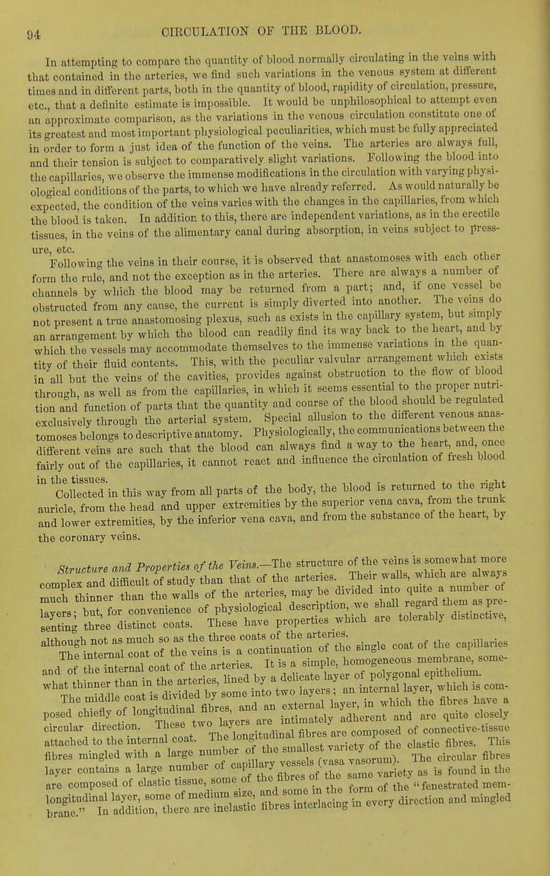 In attempting to compare the quantity of blood normally circulating in the veins with that contained in the arteries, we find sucli variations in the venous system at different times and in difibrent parts, both in the quantity of blood, rapidity of circulation, pressure, etc., that a definite estimate is impossible. It would be unphilosophical to attempt even an approximate comparison, as the variations in the venous circulation constitute one of its greatest and most important physiological peculiarities, which must be fully appreciated in order to form a just idea of the function of the veins. The arteries are always full, and their tension is subject to comparatively slight variations. Following the blood into the capillaries, we observe the immense modifications in the circulation with varying physi- ological conditions of the parts, to which we have already referred. As would naturally be expected, the condition of the veins varies with the changes in the capillaries, from which the blood is taken. In addition to this, there are independent variations, as in the erectile tissues, in the veins of the alimentary canal during absorption, in veins subject to press- ^^Followin' the veins in their course, it is observed that anastomoses with each other form the rule, and not the exception as in the arteries. There are always a number of channels by which the blood may be returned from a part; and, if one vessel be obstructed from any cause, the current is simply diverted into another. The veins do not present a true anastomosing plexus, such as exists in the capillary system, but simply an arrangement by which the blood can readily find its way back to the hear , and by which the vessels may accommodate themselves to the immense variations m the quan- tity of their fluid contents. This, with the peculiar valvular arrangement which exists in all but the veins of the cavities, provides against obstruction to the flow of blood through, as well as from the capillaries, in which it seems essential to the proper nutri- tion and function of parts that the quantity and course of the blood should be regulated exclusively through the arterial system. Special allusion to the different venous anas- tomoses belongs to descriptive anatomy. Physiologically, the communications between the different veins are such that the blood can always find a way to the heart and once fairly out of the capillaries, it cannot react and infiuence the circulation of fi-esh blood 'oolSed'in this way from aU parts of the body, the blood is returned to the right auricle, from the head and upper extremities by the superior vena cava, from the trunk and lo;er extremities, by tbe inferior vena cava, and from the substance of the heart, by the coronary veins. StTucture and Properties of the Veins.-Th^ structure of the veins is somewhat more Ihe internal coai ol u o . jjjjpie, homogeneous membrane, some- posed ^I'^f y J^f^^^^^^^ l,;ers are intimately adherent and are qui^^a closely circular direction, inese iaj onmnosed of connective-tissue attached to the internal coat. The l^n^^^^^^^^^^^^ This fibres mingled with a large number of the smallest ^'^I'^y layer contlins a large number of ^^-^f-^^l^'^f^^ZlZ^^^^^ are composed of elastic tissue some of A^J- J f/ fenestrated mem- S - ^^SS SSrSIeSaSi^every direction and mingled