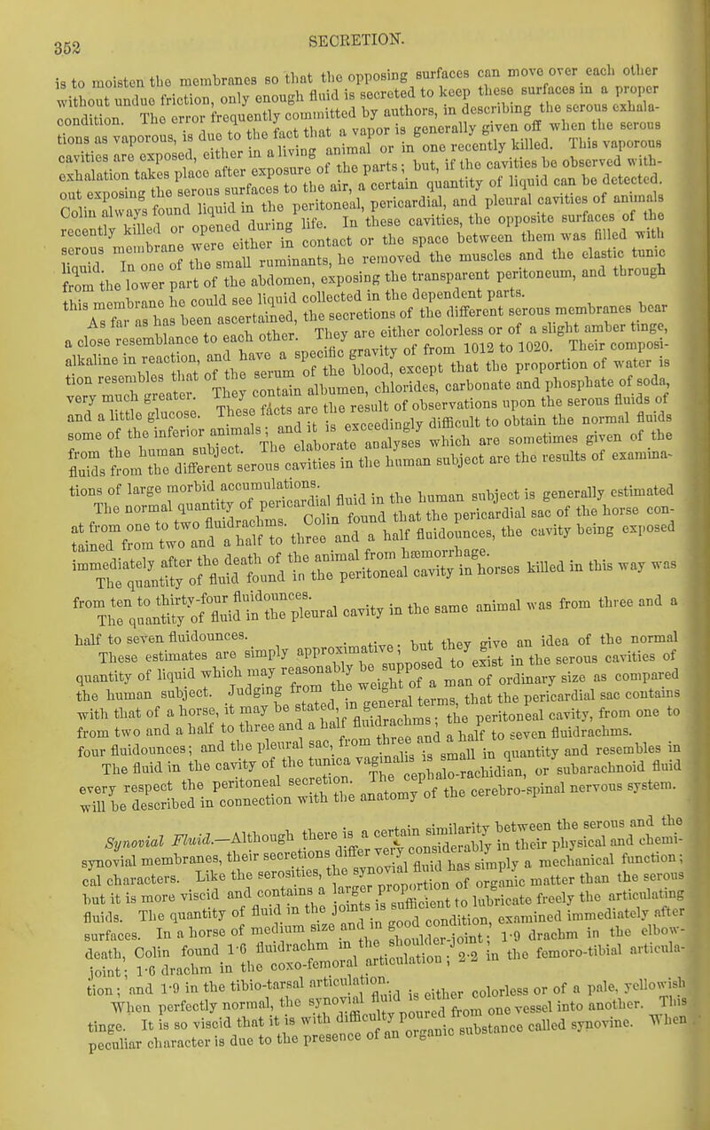 is to moisten the membranes so that the opposing sm-faces can move over each other without undue friction, only enough fluid is secreted to keep these surfaces m a proper IndWon The error frequently committed by authors, in descnhmg the serous cxhala- Tns as vapo'ous is duo t'o the Lt that a vapor is ^^^^^^^^^l^j'^^^^^^^^^ ^^^.La oithfvr in alivinc an mal or m one recently killea. ims vaporous '^^tZ^Ir^r oZTi^y^e m>. u L«> o.*les, ao oppomto surfaces of tie serous 7''™°» JJi'-'^^^rs\' ,.0,0/ muscle. »d the el.stic tou^c r ...eYo;: r' ^f i:: eipos,.. .he .r.us„™„. p.ritoue.ur. and .brough tiom tne lo ^ collected in the dependent parts. „ clt:temM.Bce to e.ch other. They are either f^Xl^f^m'T^^'^^^^^ t,ou resembles tlmt of the »«^°» » ^ ,„,b„„,te aud phosphate of soda ™rj much greater —^^^^^ oteUatious upon the .erou, duids of and a little glocosc. These fact, are » ^ , l„ „„am the normal duids some of the »™'=^,f^,^^^ J,';Xe» i ^iveu of the Ss tm'rJi;trs;r„™\'Mrin the hLau subject .re the results of e^mlua- tions of large morbid accnmutotiom gcnerallj estimated The normal quarrtity ''l^'^f^^XZ Ztlu l^^Z sa! of the'horse .0.- fZro r hal, ..ido uces, the cavity being exposed half to seven fluidounces. _ of the normal These estimates are simply ^^.^^ ^.i;,!the serous cavities of quantity of liquid wh.ch -a onaWy be suppose ^.^^ ^^^^^^^ the human subject. Judgmg from ^^'^^^^^^^^ ^^^^^ pericardial sac contains with that of a horse, it may be f f'/^ f.^^^^^^^^^^^ peritoneal cavity, from one to from two and a half to three and a ^^^-^If ^^^^^^^ ^ to seven fluidrachms. four fluidounces; and the pleural sac from three aud^^^^^ q,,antity and resembles in The fluid in the cavity of the tun.ca ^  ^t^^^^^ o/subarachnoid fluid - cerebro-spmal nervous system. Syno^ial ^^..-Although t^^e is a c^in simH^ig ^^^^ syBOv'ial membranes, their -^t:! v7ov S h^^^^^^ a mecLical function; cd characters. Like the seros.ties, ^^^^^^^^^f; IJJ, matter than the serous hut it is more viscid and contams a - ^ J^cate freely the articulatin- fluids. The quantity of fluid m the Z^'^;™ examined immediately afte surfaces. In a horse of medmm sxze and n good co^^^^^^^ ^^^^^^