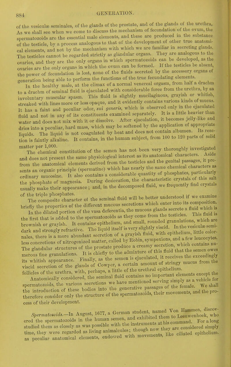 ol-tho vesiouliB seminalus, of the glands of the prostate, and of the glands of the urethra. As we shall see when wo come to discuss the nieclmnism of fecundation of the ovmn, the snermatozoids are the essential male elements, and these are produced ui the suhstauce of the testicle, hv a process analogous to that of the development of other true anatonu- cal elements, and not l.y the mechanism with which we are familiar in secretmg g am s. The testicles cannot be regarded strictly as glandular organs. They are analogous to he ovaries and they are the only organs in which spermatozoids can be developed, as the ovaries'arc the only organs in which the ovu... can be formed.- If the testicles he absent, the power of fecundation is lost, none of the fluids secreted by the accessory organs of generation being able to perform the functions of the true fecundating elements. In the healthy male, at the climax of a normal venereal orgasm, from half a drachm to a drachm of seminal fluid is ejaculated with considerable force from the urethra by an involuntary muscular spasm. This fluid is slightly mucilaginous, grayish or whitish, streaked with lines more or less opaque, and it evidently contains various kinds of mucus It has a faint and peculiar odor, sui generis, which is observed only m the ejaculated fluid and not in any of its constituents examined separately. It is a little heavier than >vater and does not mix with it or dissolve. After ejaculation, it becomes jelly-hke and dries into a peculiar, hard mass, which may be softened by the apphca ion ot appi-opnate hquids. The liquid is not coagulated by heat and does not contam olbumen. Its reac- tion is faintly alkaline. It contains, in the human subject, from 100 to 120 parts of solid Te'cLmical constitution of the semen has not been very thoroughly investigated and does not present the same physiological interest as its anatomical characteis As^de from the anatomical elements derived from the testicles and the genital passages, t pie- senTs an organic principle (spermatine) which has nearly the same chemical characters as ord Laiy mucosiie. It also contains a considerable quantity of phosphates, P- ;-Wly the phosphate of magnesia. During desiccation, the characteristic crys als ot this a uluy make their appearance; and, in the decomposed fluid, we frequently find crystals r clVoStlcter of the seminal fluid will be better understood if we examine briefly the properties of the different mucous secretions which enter into composition In the delated portion of the vasa deferentia, the mucous glands seci;e e a fluid wh h the first that is added to the spermatozoids as they come from the testicks This fluid is Zlli oT^Jyl^ It contains epithelium, and ^f^^^'^'^^^^^^^^ dark and strongly refractive. The liquid itself is very shghtly viscid. In the vesiculffl semi follicles of the urethra, with, perhaps, a little of the urethral ^P^^^^l^^' cess of their development. Spermato.oias.-ln August, 1677, a German f-'^-^^^l^^^^^^^^^^ ered the spermatozoids in the human semen ^^.^ f'''''f'':'^ll^^^^ ror;iong studied them as closely as was possible with J ^^^^^^ simply time, they were regarded as livmg ^^^^f^, ciliated epithehum. as peculiar anatomical elements, endowed with movements.