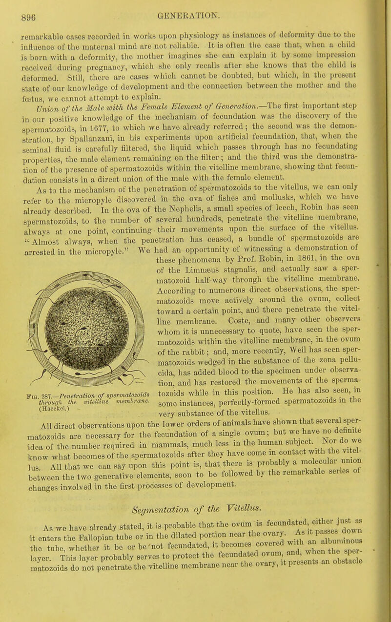 roiiuirkiiblo Cftsos recorded in works upon physiology as instances of deformity due to tlie intluonco of the maternal mind are not reliable. It is often tlie case that, when a child is born with a deformity, the mother imagines she can explain it by some impression received during pregnancy, which she only recalls after she knows that the child is deformed. Still, there are cases which cannot be doubted, but which, in the present state of our knowledge of development and the connection between the mother and the fcetus, we cannot attempt to explain. Union of the Male with the Female Element of Generation.—IhQ first important steiJ in our positive knowledge of the mechanism of fecundation was the discovery of the spennatozoids, in 16Y7, to which we have already referred; the second was the demon- stration, by Spallanzani, in his experiments upon artificial fecundation, that, when the seminal'fluid is carefully filtered, the liquid which passes through has no fecundating properties, the male element remaining on the filter; and the third was the demonstra- tion of the presence of spermatozoids within the vitellme membrane, showing that fecun- dation consists in a direct union of the male with the female element. As to the mechanism of the penetration of spermatozoids to the vitellus, we can only refer to the micropyle discovered in the ova of fishes and mollusks, which we have already described. lu the ova of the Nephelis, a small species of leech, Kobin has seen spermatozoids, to the number of several hundreds, penetrate the vitelline membrane, always at one point, continuing their movements upon the surface of the vitellus.  Almost always, when the penetration has ceased, a bundle of spermatozoids are arrested in the micropyle. We had an opportunity of witnessing a demonstration of these phenomena by Prof. Kobin, in 1861, in the ova of the Limnjeus stagnalis, and actually saw a sper- matozoid half-way through the vitelline membrane. According to numerous direct observations, the sper- matozoids move actively around the ovum, collect toward a certain point, and there penetrate the vitel- line membrane. Coste, and many other observers whom it is unnecessary to quote, have seen the sper- matozoids within the vitelline membrane, in the ovum of the rabbit; and, more recently, Weil has seen sper- matozoids wedged in the substance of the zona pellu- cida, has added blood to the specimen under observa- _ , _ tion, and has restored the movements of the sperma- FiG m.^Penetrationofspermatozoias tozoids while in this position. He has also seen, in through tiia mteiiine memhrane. g^jjjg instances, peifectly-formed spermatozoiQS in tne (iiaeckei.) substance of the vitellus. All direct observations upon the lower orders of animals have shown that several sper- matozoids are necessary for the fecundation of a smgle ovum; but we have no definite idea of the number required in mammals, much less in the human subject. Nor do we know what becomes of the spermatozoids after they have come m contact with the vitel- lus All that we can say upon this point is, that there is probably a molecular umon between the two generative elements, soon to be followed by the remarkable series of changes involved in the first processes of development. Segmentation of the Vitellus. As we have already stated, it is probable that the ovum is f^-^-^-^J^^'.^^^^^J^f,^;^:^ it enters the Fallopian tube or in the dilated portion near the ovarj. A P^^^J^s the tube, whether it be orbe'not fecundated, it becomes ^-^''''^^ 'f ^^^ZZZ layer. This layer probably serves to protect the fecundated ^/'^^^^^^^^^ matozoids do not penetrate the vitelline membrane near the ovary, it presents an obstacle