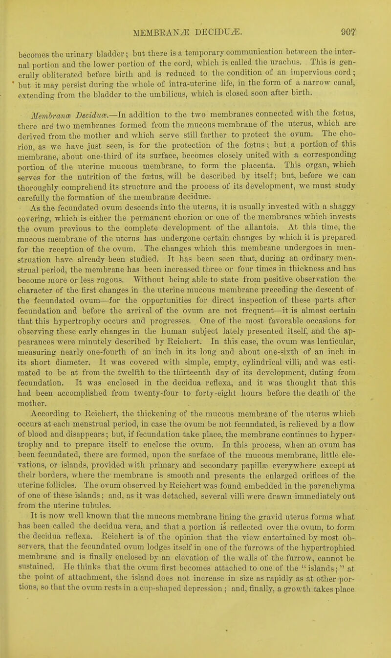 becomes the urinary bladder; but there is a temporary communieation between the inter- nal portion and the lower portion of the cord, whicli is called the urachus. This is gen- erally obliterated before birth and is reduced to the condition of an impervious cord; ' but it may persist during the whole of intra-uterine life, in the form of a narrow canal, extending from the bladder to the umbilicus, which is closed soon after birth. Memhranm Deciduce.—ln addition to the two membranes connected with the foetus, there are two membranes formed from the mucous membrane of the uterus, which are derived from the mother and which serve still farther to protect the ovum. The cho- rion, as we liave just seen, is for the protection of the foetus; but a portion of this membrane, about one-third of its surface, becomes closely united with a corresponding portion of the uterine mucous membrane, to form the placenta. This organ, which serves for the nutrition of the foetus, wnll be described by itself; but, before we can thoroughly comprehend its structure and the process of its development, we must study carefully the formation of the membranfe decidu£e. As the fecundated ovum descends into the uterus, it is usually invested with a shaggy covering, which is either the permanent chorion or one of the membranes which invests the ovum previous to the complete development of the aUantois. At this time, the mucous membrane of the uterus has undergone certain changes by which it is prepared for the reception of the ovum. The changes which this membrane undergoes in men- struation have already been studied. It has been seen that, during an ordinary men- strual period, the membrane has been increased three or four times in thickness and has become more or less rugous. Without being able to state from positive observation the character of the first changes in the uterine mucous membrane preceding the descent of the fecundated ovum—for the opportunities for direct insj^ection of these parts after fecundation and before the arrival of the ovum are not frequent—it is almost certain that this hypertrophy occurs and progresses. One of the most favorable occasions for observing these early changes in the human subject lately presented itself, and the ap- pearances were minutely described by Reichert. In this case, the ovum was lenticular, measuring nearly one-fourth of an inch in its long and about one-sixth of an inch in its short diameter. It was covered with simple, empty, cylindrical villi, and was esti- mated to be at from the twelfth to the thirteenth day of its development, dating from fecundation. It was enclosed in the decidua reflexa, and it was thought that this had been accomplished from twenty-four to forty-eight hours before the death of the mother. According to Reichert, the thickening of the mucous membrane of the uterus which occurs at each menstrual period, in case the ovum be not fecundated, is relieved by a flow of blood and disappears; but, if fecundation take place, the membrane continues to hyper- trophy and to prepare itself to enclose the ovum. In this process, when an ovum has been fecundated, there are formed, upon the surface of the mucous membrane, little ele- vations, or islands, provided with primary and secondary papillaj everywhere except at their borders, where the- membrane is smooth and presents the enlarged orifices of the uterine follicles. The ovum observed by Reichert was found embedded in the parenchyma of one of these islands; and, as it was detached, several villi were drawn immediately out from the uterine tubules. It is now well known that the mucous membrane lining the gravid uterus forms what has been called the decidua vera, and that a portion is reflected over the ovum, to form the decidua reflexa. Reichert is of the opinion that the view entertained by most ob- servers, that the fecundated ovum lodges itself in one of the furrows of the hypertrophied membrane and is finally enclosed by an elevation of the walls of the furrow, cannot be sustained. He thinks that the ovmn first becomes attached to one of the  islands;  at the point of attachment, the island docs not increase in size as rapidly as at other por- tions, so that the ovum rests in a cup-shaped depression; and, finally, a growth takes place