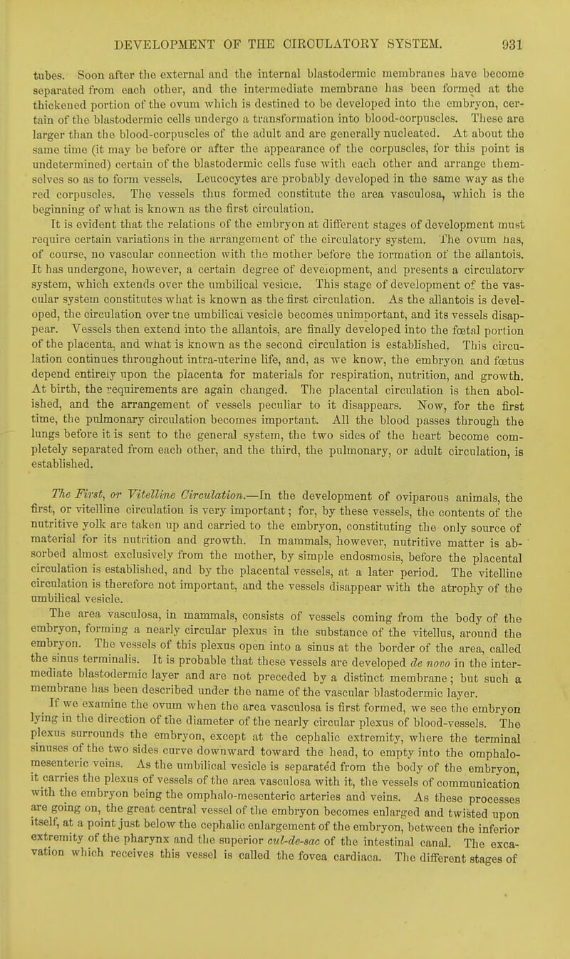 tubes. Soon after the external and the internal blnstoderinie membranes have become separated from each other, and the intermediate membrane has been formed at the thickened portion of the ovum which is destined to be developed into the embryon, cer- tain of the blastodermic cells undergo a transformation into blood-corpuscles. These are larger than the blood-corpuscles of the adult and are generally nucleated. At about the same time (it may be before or after the appearance of the corpuscles, for this point is undetermined) certain of the blastodermic cells fuse with each other and arrange them- selves so as to form vessels. Leucocytes are probably developed in the same way as the red corpuscles. The vessels thus formed constitute the area vasculosa, which is the beginning of what is known as the first circulation. It is evident that the relations of the embryon at different stages of development must require certain variations in the arrangement of the circulatory system. The ovum nas, of course, no vascular connection with the mother before the formation of the allantois. It has undergone, however, a certain degree of development, and presents a circulatorv system, which extends over the umbilical vesicie. This stage of development of the vas- cular system constitutes what is known as the first circulation. As the allantois is devel- oped, the circulation over tne umbilical vesicle becomes unimportant, and its vessels disap- pear. Vessels then extend into the allantois, are finally developed into the foetal portion of the placenta, and what is known as the second circulation is established. This circu- lation continues throughout intra-uterine life, and, as we know, the embryon and foetus depend entirely upon the placenta for materials for respiration, nutrition, and growth. At birth, the requu-ements are again changed. The placental circulation is then abol- ished, and the arrangement of vessels peculiar to it disappears. ZSTow, for the first time, the pulmonary circulation becomes important. All the blood passes through the lungs before it is sent to the general system, the two sides of the heart become com- pletely separated from each other, and the third, the pulmonary, or adult circulation, is established. The First, or Vitelline Circulation.—In the development of oviparous animals, the first, or vitelline circulation is very important; for, by these vessels, the contents of the nutritive yolk are taken up and carried to the embryon, constituting the only source of material for its nutrition and growth. In mammals, however, nutritive matter is ab- sorbed almost exclusively from the mother, by simple endosmosis, before the placental circulation is established, and by the placental vessels, at a later period. The vitelHne circulation is therefore not important, and the vessels disappear with the atrophy of the umbilical vesicle. The area vasculosa, in mammals, consists of vessels coming from the body of the embryon, forming a nearly circular plexus in the substance of the vitellus, around the embryon. The vessels of this plexus open into a sinus at the border of the area, called the sinus terminalis. It is probable that these vessels ai-e developed de now in the inter- mediate blastodermic layer and are not preceded by a distinct membrane; but such a membrane has been described under the name of the vascular blastodermic laj'er. ^ If we examine the ovum when the area vasculosa is first formed, we see the embryon lying in the direction of the diameter of the nearly circular plexus of blood-vessels. The plexus surroimds the embryon, except at the cephalic extremity, where the terminal sinuses of the two sides curve downward toward the head, to empty into the omphalo- mesenteric veins. As the umbilical vesicle is separate'd from the body of the embryon, it carries the plexus of vessels of the area vasculosa with it, the vessels of communication with the embryon being the omphalo-mesenteric arteries and veins. As these processes are going on, the groat central vessel of the embryon becomes enlarged and twisted upon Itself, at a point just below the cephalic enlargement of the embryon^ between the inferior extremity of the pharynx and the superior cul-de-sac of the intestinal canal. The exca- vation which receives this vessel is called the fovea cardiaca. The different stages of