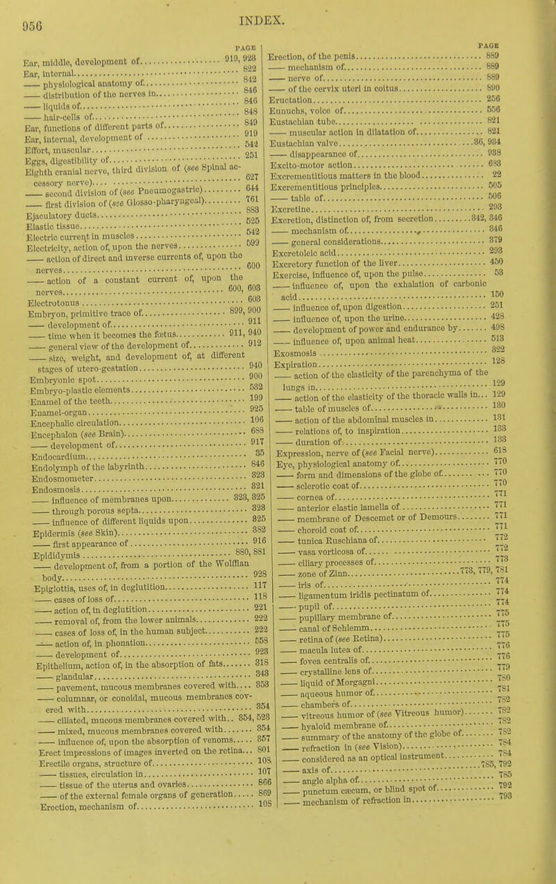 PAOE E(ir, middle, doTOlopment of • ^^^^ Ear, liitonml ^'J^ physiological anatomy of. ° distribution of tho nervos In Uqulilsof. hair-cells of. Ear, fimctlons of dlfiforent parts of Ear, Internal, dcvolopmont of Effort, muscular Eggs, digestibility of ^1  Eighth cranial nerve, third division of (see Spinal ac- cossory nerve) ;• ■ • second division of (see Pnenmogastrlo) M4 first division of (sse Glosso-pharyngoal) 781 Ejaculatory duets Elastic tissue ' Electric cm'rei\t In muscles _ Electricity, action of, upon tho nerves notion of direct and inverse currents of, upon tho ... 000 the GOO, COS Eloctrotonus Embryon, prlmltlvo trace of. 899, 900 nerves action of a constant current of, upon nerves development of.. 911 time when it becomes the foetus 911, 910 general view of tho development of 912 size, weight, and development of; at different stages of utero-gestation 40 Embryonic spot '^ Embryo-plastic elements ^2 Enamel of the teeth ■'  '^''r Enamel-organ Encephalic circulation ^96 Enoephalon {see Brain) development of 9 IT Endocardium '^^ Endolymph of the labyrinth 840 Endosmomoter ^^3 Endosmosis ^ influence of membranes upon 823, 825 through porous septa 323 influence of different liquids upon 825 Epidermis (see Skin) 3S2 first appearance of 916 Epididymis 880,881 development of, from a portion of the Wolffian body 928 Epiglottis, uses of, in deglutition 117 ■ cases of loss of action of, In deglutition 221 removal of, from the lower animals 222 cases of loss of, In the human subject 222 — action of, in phonation 653 development of 923 Epithelium, action of, in the absorption of fats 818 glandular 848 pavement, mucous membranes covered with.... 853 columnar, or conoldal, mucous membranes cov- ered mth 854 ciliated, mucous membranes covered with.. 854, 523 mixed, mucous membranes covered with 854 Infiuence of, upon the absorption of venoms 367 Erect impressions of Images inverted on tho retina... 801 Erectile organs, structure of 198 tissues, circulation in tissue of the uterus and ovaries 8G6 of the external female organs of generation 809 Erection, mechanism of 198 PAOB Erection, of the penis 689 mechanism of. 869 nerve of 889 of tho cervix uteri In coitus 890 Eructation 256 Eunuchs, voice of OSO Eustachian tube 821 muscular action in dilatation of ,. 82X Eustachian valve .80, 934 disappearance of 938 Excito-motor action 6^ Excrementltious matters In the blood 22 Excrementitious principles 505 table of f»0 Excretino 293 Excretion, distinction of, from secretion 342, 846 mechanism of. , 846 general considerations 3T9 Excretolelc acid 293 Excretory fimctlon of tho liver 450 Exercise, influence of, upon the pulse 58 influence of, upon tho exhalation of carbonic acid IpO influence of, upon digestion 251 influence of, upon the urine 42S development of power and endurance by 498 influence of, upon animal heat 513 822 128 129 Exosmosis Expiration action of the elasticity of the parenchyma of the lungs In action of the elasticity of the thoracic walls in... 129 table of muscles of •» 189 action of the abdominal muscles in 181 relations of, to inspu-ation 183 duration of 133 Expression, nei-ve of (see Facial nerve) 613 Eye, physiological anatomy of. form and dimensions of the globe of. 770 sclerotic coat of '''^^ cornea of anterior elastic lamella of j^J membrane of Descemet or of Demours 771 choroid coat of. tunica Euschiana of 'Jj- vasa vorticosa of ''^ ciliary processes of. 773 zoneof Zinn.. 773, 779, 7S1 774 774 774 iris of •■ ligamentum iridis pectinatum of pupil of pupillary membrane of canal of Schlemm retina of {see Retina) macula lutea of fovea centralis of. crystalline lens of Uquid of Morgagni aqueous humor of. chambers of . vitreous humor of (see Vitreous humor) ib- hyaloid membrane of. ' summary of the anatomy of the globe of. refraction in (sea Vision) considered as an optical instrument axis of angle alpha of. pimctum ciccum, or blind spot of mechanism of refraction in 110 775 776 776 779 -50 781 7S2 ... 7S4 ... 7S4 785, 792 ... 785 ... 792 .... 793