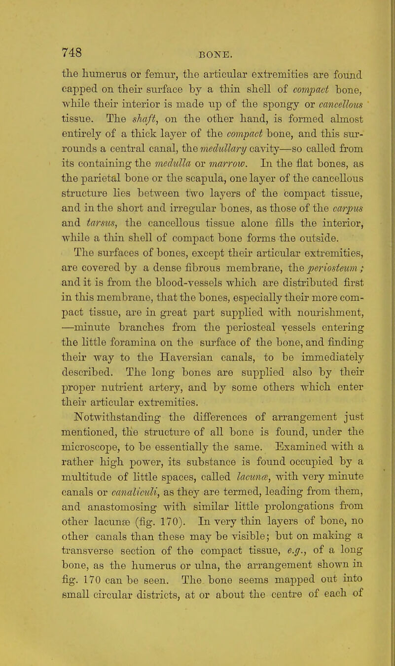 the humerus or femur, the articular extremities are found capped on their surface by a thin shell of compact bone, while their interior is made up of the spongy or cancellous tissue. The shaft, on the other hand, is formed almost entirely of a thick layer of the compact bone, and this sur- rounds a central canal, the medullary cavity—so called from its containing the medulla or marrow. In the flat bones, as the parietal bone or the scapida, one layer of the cancellous structure Kes between two layers of the compact tissue, and in the short and irregular bones, as those of the carpus and tarsus, the cancellous tissue alone fills the interior, while a thin shell of comj)act bone forms the outside. The surfaces of bones, except their articular extremities, are covered by a dense fibrous membrane, the periosteum ; and it is from the blood-vessels which are distributed first in this membrane, that the bones, especially their more com- pact tissue, are in great part supplied with nourishment, —minute branches from the periosteal vessels entering the little foramina on the sui'face of the bone, and finding their way to the Haversian canals, to be immediate^ described. The long bones are supplied also by their proper nutrient artery, and by some others which enter their articular extremities. Notwithstanding the diflCerences of arrangement just mentioned, the structure of all bone is found, under the microscope, to be essentially the same. Examined with a rather high power, its substance is foimd occupied by a multitude of Httle spaces, called lacuna), with very minute canals or canaliculi, as they are termed, leading from them, and anastomosing with similar Httle prolongations from other lacunse (fig. 170). In very thin layers of bone, no other canals than these may be visible; but on mating a transverse section of the compact tissue, e.g., of a long bone, as the humerus or ulna, the arrangement shown in fig. 170 can be seen. The bone seems maj^ped out into small circular districts, at or about the centre of each of