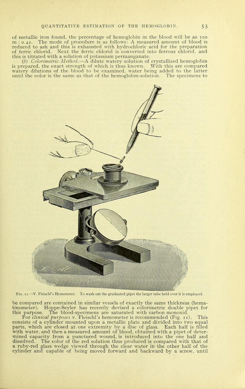 of metallic iron found, the percentage of hemoglobin in the blood will be as loo m : 0.42. The mode of procedure is as follows: A measured amount of blood is reduced to ash and this is exhausted with hydrochloric acid for the preparation of ferric chlorid. Next the ferric chlorid is converted into ferrous chlorid, and this is titrated with a solution of potassium permanganate. (6) Colorimeiric AIeihod.—A dilute watery solution of crystallized hemoglobin is prepared, the exact strength of which is thus known. With this are compared watery dilutions of the blood to be examined, water being added to the latter until the color is the same as that of the hemoglobin-solution. The specimens to Fig. 11.—V. Fleischl's Hemometer. To wash out the graduated pipet the larger tube held over it is employed. be compared are contained in similar vessels of exactly the same thickness (hema- tinometer). Hoppe-Seyler has recently devised a colorimetric double pipet for this purpose. The blood-specimens are saturated with carbon monoxid. For clinical purposes v. Fleischl's hemometer is recommended (Fig. 11). This consists of a cylinder mounted upon a metallic plate and divided into two equal parts, which are closed at one extremity by a disc of glass. Each half is filled with water, and then a measured amount of blood, obtained with a pipet of deter- mined capacity from a punctured wound, is introduced into the one half and dissolved. The color of the red solution thus produced is compared with that of a ruby-red glass wedge viewed through the clear water in the other half of the cylinder and capable of being moved forward and backward by a screw, until