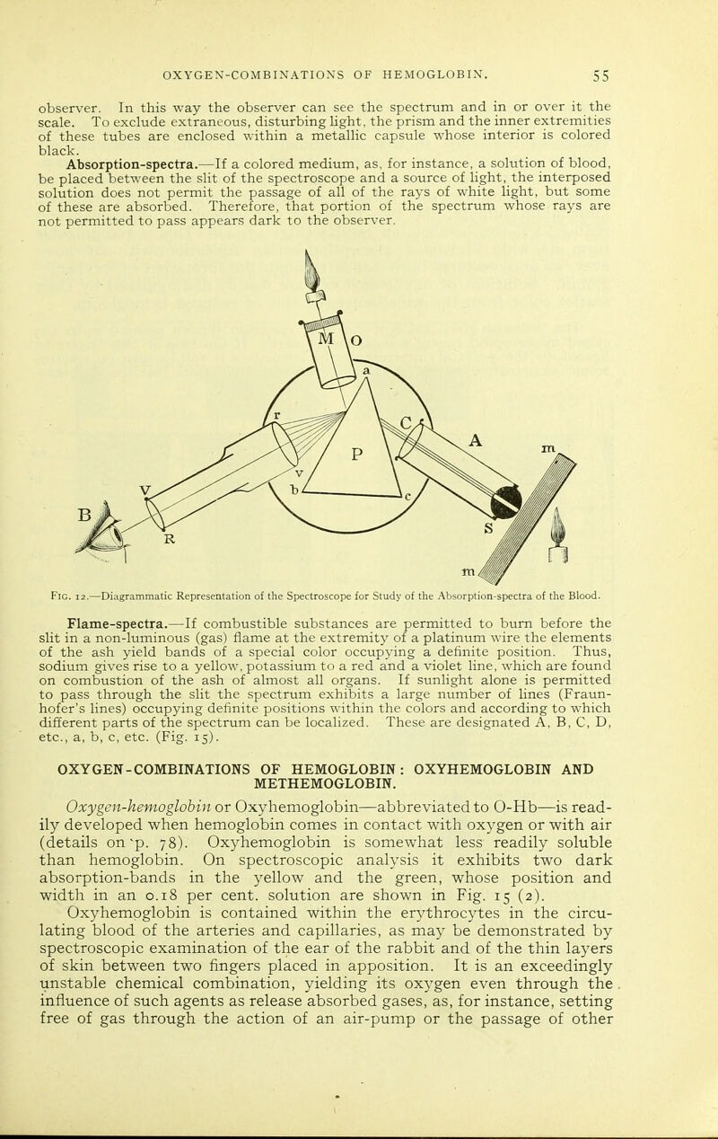 observer. In this way the observer can see the spectrum and in or over it the scale. To exclude extraneous, disturbing light, the prism and the inner extremities of these tubes are enclosed within a metallic capsule whose interior is colored black. Absorption-spectra.—If a colored medium, as, for instance, a solution of blood, be placed between the slit of the spectroscope and a source of light, the interposed solution does not permit the passage of all of the rays of white light, but some of these are absorbed. Therefore, that portion of the spectrum whose rays are not permitted to pass appears dark to the observer. Fig. 12.—Diagrammatic Representation of tlie Spectroscope for Study of the Absorption-spectra of the Blood. Flame-spectra.—If combustible substances are permitted to bum before the slit in a non-luminous (gas) flame at the extremity of a platinum wire the elements of the ash yield bands of a special color occupying a definite position. Thus, sodium gives rise to a yellow, potassium to a red and a violet line, which are found on combustion of the ash of almost all organs. If sunlight alone is permitted to pass through the slit the spectrum exhibits a large number of lines (Fraun- hofer's lines) occupying definite positions within the colors and according to which different parts of the spectrum can be localized. These are designated A, B, C, D, etc., a, b, c, etc. (Fig. 15). OXYGEN-COMBINATIONS OF HEMOGLOBIN: OXYHEMOGLOBIN AND METHEMOGLOBIN. Oxygen-hemoglobin or Oxyhemoglobin—abbreviated to 0-Hb—is read- ily developed when hemoglobin comes in contact with oxygen or with air (details on'p. 78). Oxyhemoglobin is somewhat less readily soluble than hemoglobin. On spectroscopic analysis it exhibits two dark absorption-bands in the yellow and the green, whose position and width in an 0.18 per cent, solution are shown in Fig. 15 (2). Oxyhempglobin is contained within the erythrocytes in the circu- lating blood of the arteries and capillaries, as may be demonstrated by spectroscopic examination of the ear of the rabbit and of the thin layers of skin between two fingers placed in apposition. It is an exceedingly unstable chemical combination, yielding its oxygen even through the influence of such agents as release absorbed gases, as, for instance, setting free of gas through the action of an air-pump or the passage of other
