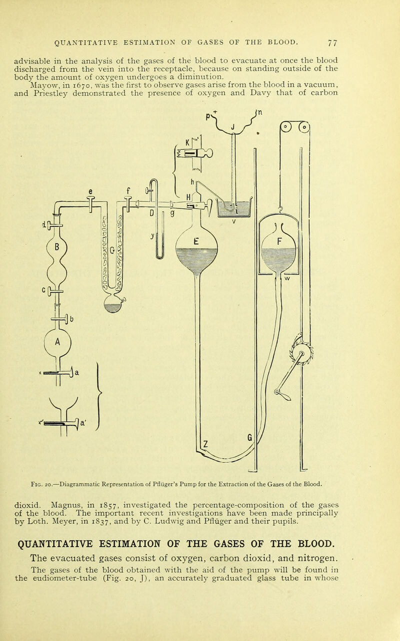 advisable in the analysis of the gases of the blood to evacuate at once the blood discharged from the vein into the receptacle, because on standing outside of the body the amount of oxygen undergoes a diminution. Mayow, in 1670, was the first to observe gases arise from the blood in a vacuum, and Priestley demonstrated the presence of oxygen and Davy that of carbon Fig. 20.—Diagrammatic Representation of PflUger's Pump for the Extraction of the Gases of the Blood. dioxid. Magnus, in 1857, investigated the percentage-composition of the gases of the blood. The important recent investigations have been made principally by Loth. Meyer, in 1S37, and by C. Ludwig and Pfluger and their pupils. QUANTITATIVE ESTIMATION OF THE GASES OF THE BLOOD. The evacuated gases consist of oxygen, carbon dioxid, and nitrogen. The gases of the blood obtained with the aid of the pump will be found in the eudiometer-tube (Fig. 20, J), an accurately graduated glass tube in whose