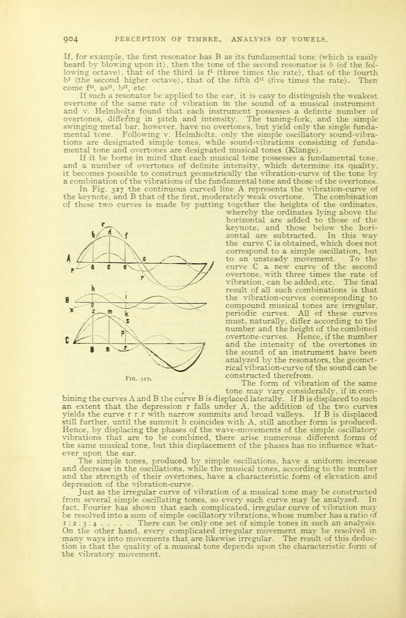 If, for example, the first resonator has B as its fundamental tone (which is easily heard by blowing upon it), then the tone of the second resonator is b (of the fol- lowing octave), that of the third is P (three times the rate), that of the fourth b' (the second higher octave), that of the fifth d (five times the rate). Then come f^. as, b'^, etc. If such a resonator be applied to the ear, it is easy to distinguish the weakest overtone of the same rate of vibration in the sound of a musical instrument and V. Helmholtz found that each instrument possesses a definite ntmiber of overtones, differing in pitch and intensity. The tuning-fork, and the simple swinging metal bar. however, have no overtones, but 3'ield only the single funda- mental tone. Following v. Helmholtz. only the simple osciUatorj- sound-vibra- tions are designated simple tones, while sotmd-vibrations consisting of funda- mental tone and overtones are designated musical tones (Klange). If it be borne in mind that each musical tone possesses a fundamental tone, and a number of overtones of definite intensity, which determine its quality, it becomes possible to construct geometrically the vibration-cur\e of the tone hy a combination of the vibrations of the fundamental tone and those of the overtones. In Fig. 327 the continuous cxm'ed line A represents the vibration-curve of the keynote, and B that of the first, moderateh weak overtone. The combination of these two curves is made by putting together the heights of the ordinates, whereby the ordinates lying above the horizontal are added to those of the keynote, and those below the hori- zontal are subtracted. In this way the ctirve C is obtained, which does not correspond to a simple oscillation, but to an tmsteady movement. To the curve C a new cur\'e of the second overtone, with three times the rate of vibration, can be added, etc. The final result of aU such combinations is that the vibration-cur\es corresponding to compovmd musical tones are irregular, periodic ciir\es. All of these cur\'es must, naturally, differ according to the number and the height of the combined overtone-cur\-es. Hence, if the number and the intensity of the overtones in the sotmd of an instnmient have been analyzed by the resonators, the geomet- rical vibration-cur\e of the soimd can be constructed therefrom. The form of vibration of the same tone may vary considerablj-. if in com- bining the curves A and B the ctir\e B is displaced laterally. If B is displaced to such an extent that the depression r falls under A. the addition of the two cur\-es yields the curve r r r with narrow summits and broad valleys. If B is displaced stiU further, until the summit h coincides with A, still another form is produced. Hence, by displacing the phases of the wave-movements of the simple oscillator\- vibrations that are to be combined, there arise numerous different forms of the same musical tone, but this displacement of the phases has no influence what- ever upon the ear. The simple tones, produced by simple oscillations, have a tmiform increase and decrease in the oscillations, while the musical tones, according to the number and the strength of their overtones, have a characteristic form of elevation and depression of the vibration-curve. Just as the irregular cur\'e of vibration of a musical tone may be constructed from several simple oscillating tones, so ever>' such cvir\e may be analyzed. In fact, Fourier has shown that each complicated, irregular cur\e of vibration may be resolved into a sum of simple osciUaton.-vibrations, whose number has a ratio of 1:2:3:4 There can be only one set of simple tones in such an analysis. On the other hand, ever} complicated irregular movement may be resolved in •many waj^s into movements that are Ukewise irregtdar. The resiilt of this deduc- tion is that the qualit}' of a musical tone depends upon the characteristic form of the vibratorv movement. Fig. 327.