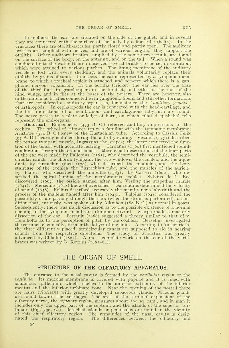 In molluscs the ears are situated on the side of the gullet, and in several they are connected with the surface of the body by a fine tube (helix). In the Crustacea there are otolith-saccules, partly closed and partly open. The auditory bristles are supplied with nerves, and are of various lengths; they support the otoliths. Other auditory bristles, supplied by the same nerve-trunk, are found on the surface of the body, on the antennse, and on the tail. When a sound was conducted into the water Hensen observed several bristles to be set in vibration, which were attuned to various pitches. The lining membrane of the auditory vesicle is lost with every shedding, and the animals voluntarily replace their otoliths by grains of sand. In insects the ear is represented by a tympanic mem- brane, to which a tracheal vesicle is attached, and between which there is a gan- glionic nervous expansion. In the acridia (cricket) the ear lies over the base of the third foot, in grasshoppers in the forefeet, in beetles at the root of the hind wings, and in flies at the bases of the poisers. There are, however, also in the antenna, bristles connected with ganglionic fibers, and still other formations that are considered as auditory organs, as, for instance, the auditory pencils of arthropods. In cephalopods the ear is connected with the head-cartilage, and the first indications of a membranous and cartilaginous labyrinth are found. The nerve passes to a plate or ledge of horn, on which ciliated epithelial cells represent the end-organs. Historical. Empedocles (473 B. C.) referred auditory impressions to the cochlea. The school of Hippocrates was familiar with the tympanic membrane; Aristotle (384 B. C.) knew of the Eustachian tube. According to Cassius Felix (97 A. D.) hearing is dulled during the act of yawning. Vesalius (1571) described the tensor tympani muscle, Ingrassias the stapes; the latter connected the func- tion of the tensor with accurate hearing. Cardanus (1560) first mentioned sound- conduction through the cranial bones. More exact descriptions of the finer parts of the ear were made by Fallopius (1561), who described the vestibule, the semi- circular canals, the chorda tympani, the two windows, the cochlea, and the aque- duct; by Eustachius (died 1570), who described the modiolus, and the bony staircase of the cochlea, the Eustachian tube, and the muscles of the auricle; by Plater, who described the ampullae (1583); by Casseri (1600), who de- scribed the spiral lamina of the membranous cochlea. Sylvius de le Boe discovered (1667) the ossicle named after him, Vesling the stapedius muscle (1641). Mersenne (1618) knew of overtones. Gassendius determined the velocity of sound (1658). Follius described accurately the membranous labyrinth and the process of the malleus named after him (1645). Tulpius (1641) considered the possibility of air passing through the ears (when the drum is perforated), a con- dition that, curiously, was spoken of by Alkmaon (580 B.C.) as normal in goats. Subsequently, there was much discussion as to the possible existence of a normal opening in the tympanic membrane (foramen Rivini). Scarpa made a masterly dissection of the ear. Perrault (1666) suggested a theory similar to that of v. Helmholtz as to the perception of pitch by the cochlea. Berzelius investigated the cerumen chemically, Krimer the labyrinthine fluid. According to Authenrieth, the three differently placed, semicircular canals are supposed to aid in hearing sounds from the respective directions. The study of acoustics was greatly advanced by Chladni (1S02). A most complete work on the ear of the verte- brates was written by G. Retzius (1881-84). THE ORGAN OF SMELL STRUCTURE OF THE OLFACTORY APPARATUS. The entrance to the nasal cavity is formed by the vestibular region or the vestibule. Its mucous membrane is covered with papilte and it is lined with squamous epithelium, which reaches to the anterior extremity of the inferior meatus and the inferior turbinate bone. Near the opening of the nostril there are hairs (vibrissae) with greatly developed sebaceous glands. Mucous glands are found toward the cartilages. The area of the terminal expansions of the olfactory nerve, the olfactory region, measures abotit 500 sq. mm., and in man it includes only the upper part of the septum, and the islands of the superior tur- binate (Fig. 330, Cs); detached islands or peninsulas are found in the vicinity of this chief olfactory region. The remainder of the nasal cavity is desig- nated the respiratory region. The differences between the olfactory and 58