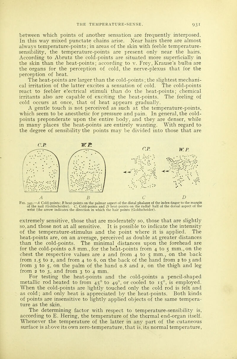 between which points of another sensation are frequently interposed. In this way mixed punctate chains arise. Near hairs there are almost always temperature-points; in areas of the skin with feeble temperature- sensibility, the temperature-points are present onl}^ near the hairs. According to Abrutz the cold-points are situated more superficially in the skin than the heat-points; according to v. Frey, Krause's bulbs are the organs for the perception of cold, the nerve-plexus that for the perception of heat. The heat-points are larger than the cold-points ; the slightest mechani- cal irritation of the latter excites a sensation of cold. The cold-points react to feebler electrical stimuli than do the heat-points; chemical irritants also are capable of exciting the heat-points. The feeling of cold occurs at once, that of heat appears gradually. A gentle touch is not perceived as such at the temperature-points, which seem to be anesthetic for pressure and pain. In general, the cold- points preponderate upon the entire body, and they are denser, while in many places the heat-points are entirely wanting. With regard to the degree of sensibility the points may be divided into those that are Fig. 343.—A Cold-points; B heat-points on the palmar aspect of the distal phalanx of the index-finger to the margin of the nail (Goldscheider). C. Cold-points and D heat-points on the radial half of the dorsal aspect of the wrist (the arrow indicates the direction in which the hair points (Goldscheider). extremely sensitive, those that are moderately so, those that are slightly so, and those not at all sensitive. It is possible to indicate the intensity of the temperature-stimulus and the point where it is applied. The heat-points are, on an average, perceived as double at greater distances than the cold-points. The minimal distances upon the forehead are for the cold-points 0.8 mm., for the heat-points from 4 to 5 mm., on the chest the respective values are 2 and from 4 to 5 mm., on the back from 1.5 to 2, and from 4 to 6, on the back of the hand from 2 to 3 and from 3 to 5, on the palm of tlae hand 0.8 and 2, on the thigh and leg from 2 to 3, and from 3 to 4 mm. For testing the heat-points and the cold-points a pencil-shaped metallic rod heated to from 45° to 49°, or cooled to 15°, is employed. When the cold-points are lightly touched only the cold rod is felt and as cold; and only heat is appreciated by the heat-points. Both kinds of points are insensitive to lightly applied objects of the same tempera- ture as the skin. The determining factor with respect to temperature-sensibility is, according to E. Hering, the temperature of the thermal end-organ itself. Whenever the temperature of the latter in any part of the cutaneous surface is above its own zero-temperature, that is, its normal temperature.