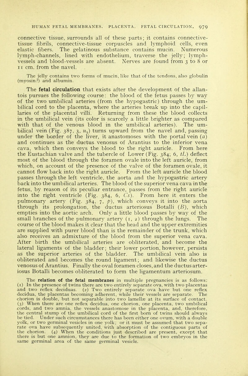 connective tissue, surrounds all of these parts; it contains connective- tissue fibrils, connective-tissue corpuscles and lymphoid cells, even elastic fibers. The gelatinous substance contains mucin. Numerous lymph-channels, lined with endothelium, traverse the jelly; lymph- vessels and blood-vessels are absent. Nerves are found from 3 to 8 or 11 cm. from the navel. The jelly contains two forms of mucin, like that of the tendons, also globulin (myosin?) and albumin. The fetal circulation that exists after the development of the allan- tois pursues the following course: the blood of the fetus passes by way of the two umbilical arteries (from the hypogastric) through the um- bilical cord to the placenta, where the arteries break up into the capil- laries of the placental villi. Returning from these the blood collects in the umbilical vein (its color is scarcely a little brighter as compared with that of the venous blood in the umbilical arteries). The um- bilical vein (Fig. 387, 3, Mj) turns upward from the navel and, passing under the border of the liver, it anastomoses with the portal vein (a) and continues as the ductus venosus of Arantius to the inferior vena cava, which then conveys the blood to the right auricle. From here the Eustachian valve and the tubercle of Lower (Fig. 384; 6, tL) deflect most of the blood through the foramen ovale into the left auricle, from which, on account of the presence of the valve of the foramen ovale, it cannot flow back into the right auricle. From the left auricle the blood passes through the left ventricle, the aorta and the hypogastric artery back into the umbilical arteries. The blood of the superior vena cava in the fetus, by reason of its peculiar entrance, passes from the right auricle into the right ventricle (Fig. 384, 6, Cs). From here it enters the pulmonary artery (Fig. 384, 7, p), which conveys it into the aorta through its prolongation, the ductus arteriosus Botalli (S), which empties into the aortic arch. Only a little blood passes by way of the small branches of the pulmonary artery (i, 2) through the lungs. The course of the blood makes it clear that the head and the upper extremities are supplied with purer blood than is the remainder of the trunk, which also receives an admixture of the blood from the superior vena cava. After birth the umbilical arteries are obliterated, and become the lateral ligaments of the bladder; their lower portion, however, persists as the superior arteries of the bladder. The umbilical vein also is obliterated and becomes the round ligament; and likewise the ductus venosus of Arantius. Finally the oval foramen closes, and the ductus arter- iosus Botalli becomes obliterated to form the ligamentum arteriosum. The relation of the fetal membranes in multiple pregnancies is as follows: (i) In the presence of twins there are two entirely separate ova, with two placentas and two reflex deciduas. (2) Two entirely separate ova have but one reflex decidua, the placentas becoming adherent, while their vessels are separate. The chorion is double, but not separable into two lamellae at its surface of contact. (3) When there are one reflex decidua, one chorion, one placenta, two umbilical cords, and two amnia, the vessels anastomose in the placenta, and, therefore, the central stump of the umbilical cord of the first bom of twins should always be tied. Under such circumstances there has been either one ovum, with a double yolk, or two germinal vesicles in one yolk; or it must be assumed that two sepa- rate ova have subsequently united, with absorption of the contiguous parts of the chorion. (4) When the conditions just described are present, except that there is but one amnion, they are due to the formation of two embryos in the same germinal area of the same germinal vesicle.
