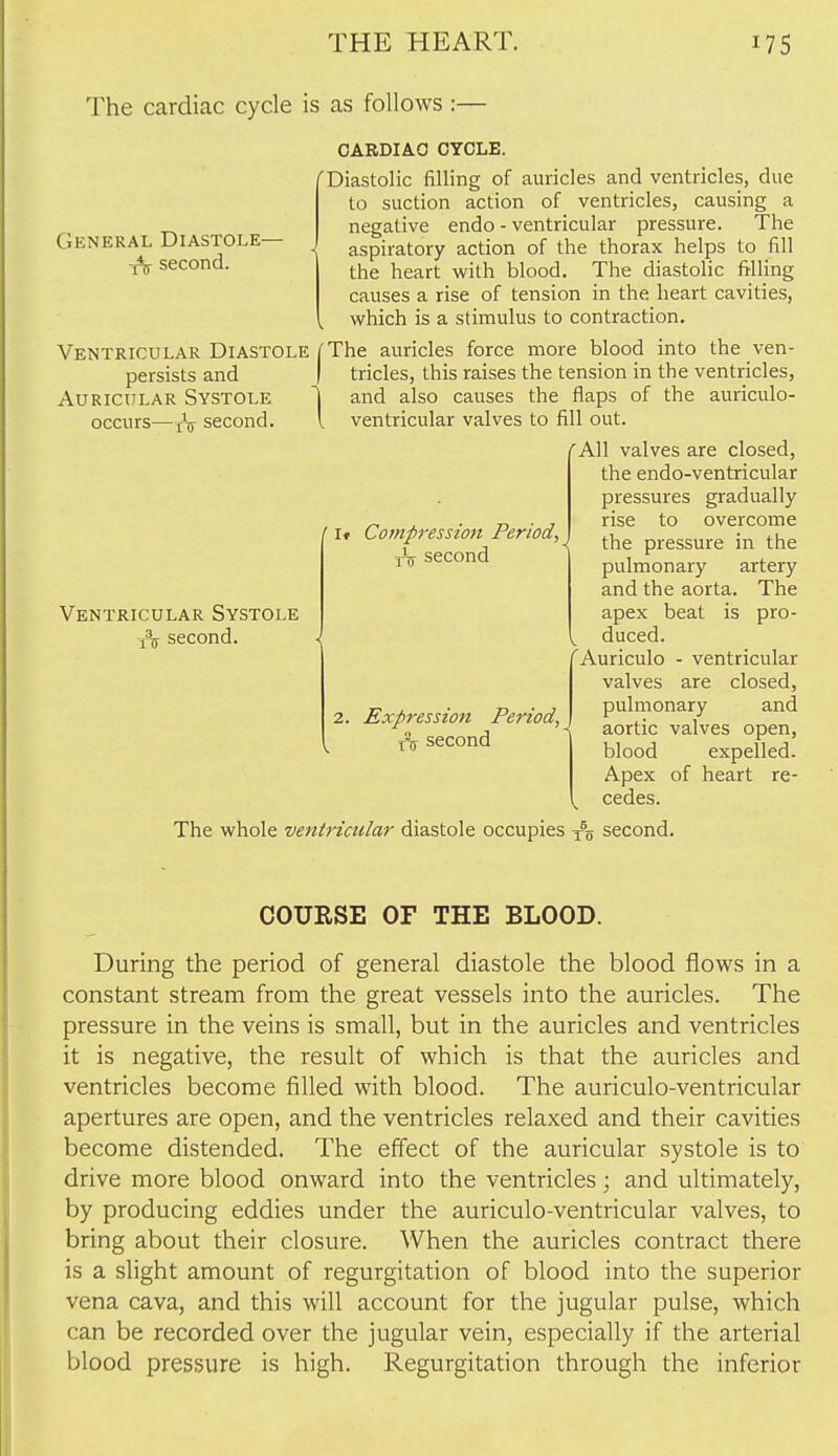 The cardiac cycle is as follows:— General Diastole- second. Ventricular Diastole persists and Auricular Systole second. occurs- 1 IT ■ 1 Ventricular Systole second. CARDIAC CYCLE. 'Diastolic filling of auricles and ventricles, due to suction action of ventricles, causing a negative endo - ventricular pressure. The s aspiratory action of the thorax helps to fill the heart with blood. The diastolic filling causes a rise of tension in the heart cavities, which is a stimulus to contraction. The auricles force more blood into the ven- tricles, this raises the tension in the ventricles, and also causes the flaps of the auriculo- ventricular valves to fill out. All valves are closed, the endo-ventricular pressures gradually rise to overcome the pressure in the pulmonary artery and the aorta. The apex beat is pro- duced. f Auriculo - ventricular valves are closed, pulmonary and aortic valves open, blood expelled. Apex of heart re- cedes. / If Compression Period, second 1 2. Expression Period, second The whole ventricular diastole occupies second. COURSE OF THE BLOOD. During the period of general diastole the blood flows in a constant stream from the great vessels into the auricles. The pressure in the veins is small, but in the auricles and ventricles it is negative, the result of which is that the auricles and ventricles become filled with blood. The auriculo-ventricular apertures are open, and the ventricles relaxed and their cavities become distended. The effect of the auricular systole is to drive more blood onward into the ventricles; and ultimately, by producing eddies under the auriculo-ventricular valves, to bring about their closure. When the auricles contract there is a slight amount of regurgitation of blood into the superior vena cava, and this will account for the jugular pulse, which can be recorded over the jugular vein, especially if the arterial blood pressure is high. Regurgitation through the inferior