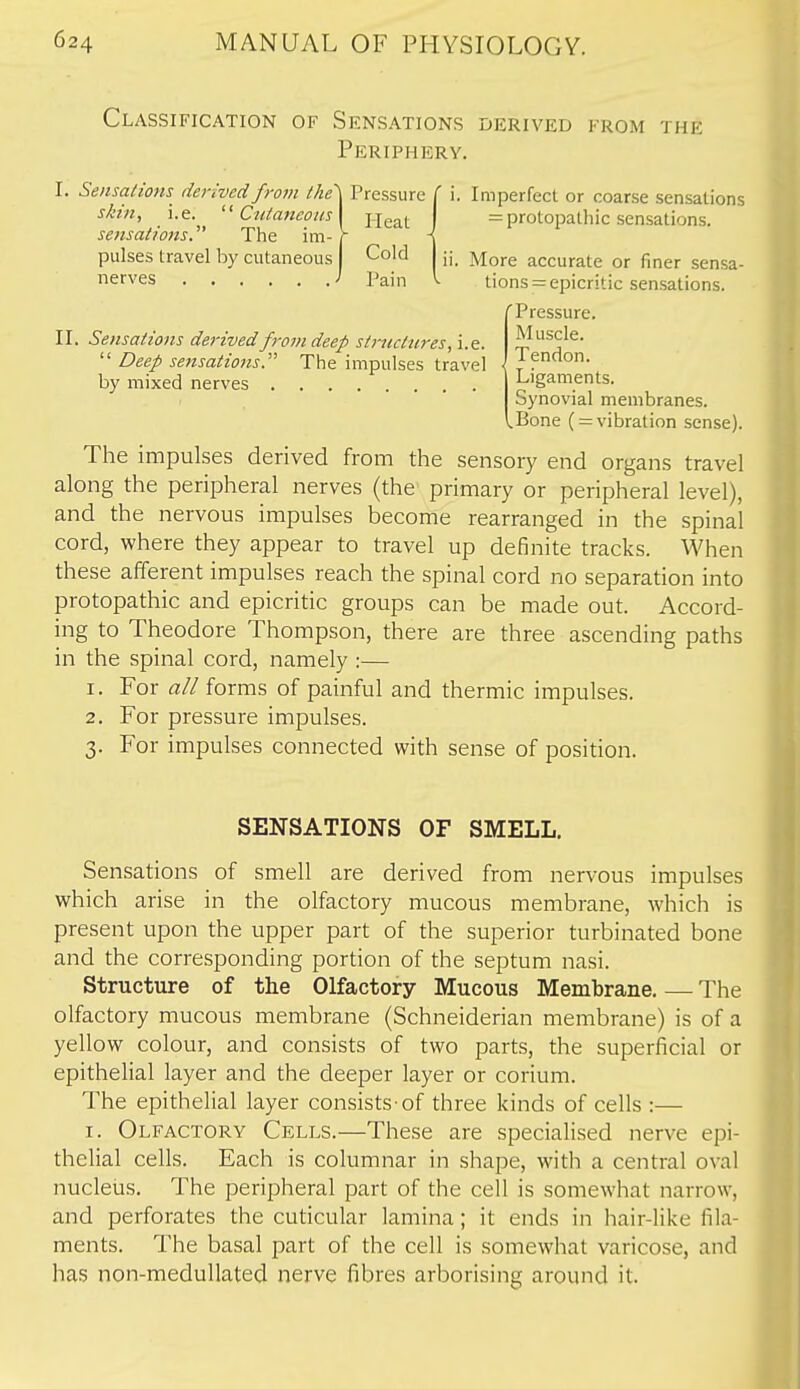 Classification of Sensations derived from the Periphery. SensadoHS derived from the'\ Pressure skin, i.e. Cnlancoiis\ jie^t sensatiojis.' The im- r pulses travel by cutaneous Cold nerves 1 Pain II. Sensations derivedfroi?i deep structures, i.e.  Deep sensations.' The impulses travel by mixed nerves ' i. Imperfect or coarse sensations = protopathic sensations. More accurate or finer sensa- tions =epicritic sensations. Pressure. Muscle. Tendon. Ligaments. Synovial membranes. .Bone ( = vibration sense). The impulses derived from the sensory end organs travel along the peripheral nerves (the primary or peripheral level), and the nervous impulses become rearranged in the spinal cord, where they appear to travel up definite tracks. When these afferent impulses reach the spinal cord no separation into protopathic and epicritic groups can be made out. Accord- ing to Theodore Thompson, there are three ascending paths in the spinal cord, namely :— 1. For all forms of painful and thermic impulses. 2. For pressure impulses. 3. For impulses connected with sense of position. SENSATIONS OF SMELL. Sensations of smell are derived from nervous impulses which arise in the olfactory mucous membrane, which is present upon the upper part of the superior turbinated bone and the corresponding portion of the septum nasi. Structure of the Olfactory Mucous Membrane. — The olfactory mucous membrane (Schneiderian membrane) is of a yellow colour, and consists of two parts, the superficial or epithelial layer and the deeper layer or corium. The epithelial layer consists-of three kinds of cells :— I. Olfactory Cells.—These are specialised nerve epi- thelial cells. Each is columnar in shape, with a central oval nucleiis. The peripheral part of the cell is somewhat narrow, and perforates the cuticular lamina; it ends in hair-like fila- ments. The basal part of the cell is somewhat varicose, and has non-medullated nerve fibres arborising around it.