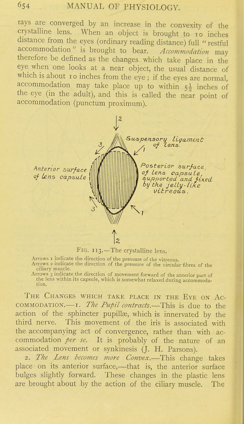 rays are converged by an increase in the convexity of the crystalline lens. When an object is brought to lo inches distance from the eyes (ordinary reading distance) full  restful accommodation is brought to bear. Accommodation may therefore be defined as the changes which take place in the eye when one looks at a near object, the usual distance of which is about lo inches from the eye ; if the eyes are normal, accommodation may take place up to within 5^ inches of the eye (in the adult), and this is called the near point of accommodation (punctum proximum). Anterior surface \ of Uns capsLLle | Siospenaory ligament / of Lens. Posterior surface of Lens capsuLe, supported and fiKecL by tke jeUy-like i/Ltreou.5. Fig. 113.—The crystalline lens. Arrows i indicate the direction of the pressure of the vitreous. Arrows 2 indicate the direction of the pressure of the circular fibres of the ciliary muscle. Arrows 3 indicate the direction of movement forward of the anterior part of the lens within its capsule, which is somewhat relaxed during accommoda- tion. The Changes which take place in the Eye on Ac- commodation.-—I. The Pupil contracts.—This is due to the action of the sphincter pupillse, which is innervated by the third nerve. This movement of the iris is associated with the accompanying act of convergence, rather than with ac- commodation per sc. It is probably of the nature of an associated movement or synkinesis (J. H. Parsons). 2. 2''he Lens becomes more Convex.—This change takes place on its anterior surface,—that is, the anterior surface bulges slightly forward. These changes in the plastic lens are brought about by the action of the ciliary muscle. The