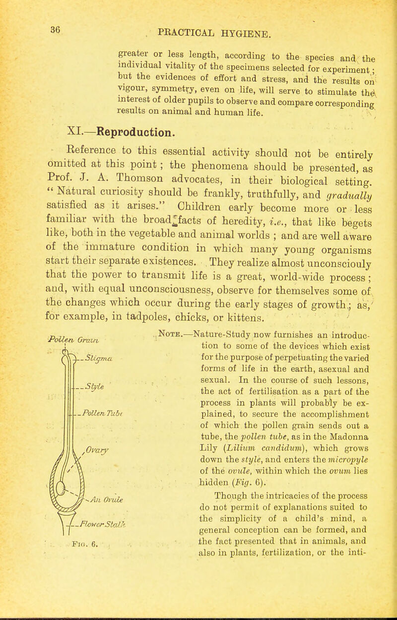 greater or less length, according to the species and the individual vitality of the specimens selected for experhnent ■ but the evidences of effort and stress, and the results on^ vigour, symmetry, even on life, will serve to stimulate th& interest of older pupils to observe and compare corresponding results on animal and human life. XI.—Reproduction. Reference to this essential activity should not be entirely omitted at this point ; the phenomena should be presented, as Prof. J. A. Thomson advocates, in their biological setting.  Natural curiosity should be frankly, truthfully, and gradually satisfied as it arises. Children early become more or less familiar with the broad^facts of heredity, i.e., that like begets like, both in the vegetable and animal worlds ; and are well aware of the immature condition in which many young organisms start their separate existences. , They realize almost unconsciouly that the power to transmit life is a great, world-wide process; and, with equal unconsciousness, observe for themselves some of the changes which occur during the early stages of growth,; as, for example, in tadpoles, chicks, or kittens. ,,NoTE.—Nature-Study now furnishes an introduc- tion to some of the devices which exist for the purpose of perpetuating the varied forms of life in the earth, asexual and sexual. In the course of such lessons, the act of fertilisation as a part of the process in plants will probably be ex- plained, to secure the accomplishment of which the pollen grain sends out a tube, the pollen tube, as in the Madonna Lily (Lilium candidwn), which grows down the style, and enters the micropyle of the ovule, within which the ovum lies hidden {Fiy. 6). Though the intricacies of the process do not permit of explanations suited to the simplicity of a child's mind, a general conception can be formed, and the fact presented that in animals, and also in plants, fertilization, or the inti- Pollen Gram Style —Pollen, Tubt fivary All Ovule J—Fl/}wcrSbaXh