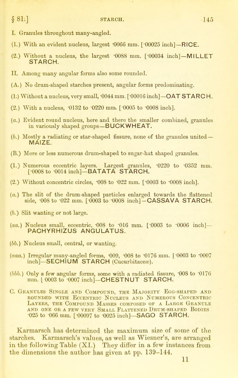 I. Granules throughout many-angled. (1.) With an evident nucleus, largest -0066 mm. [-00025 inch]—RICE. (2.) Without a nucleus, the largest -0088 mm. [-00034 inch]—MlLLET STARCH. II. Among many angular forms also some rounded. (A.) No drum-shaped starches present, angular forms predominating. (1.) Without a nucleus, very small, •0044 mm. [-00016 inch]—OAT STARCH. (2.) With a nucleus, -0132 to -0220 mm. [0005 to -0008 inch]. (a.) Evident round nucleus, here and there the smaller combined, granules in variously shaped groups—BUCKWHEAT. (6.) Mostly a radiating or star-shaped fissure, none of the granules united— MAIZE. (B.) More or less numerous drum-shaped to sugar-hat shaped granules. (1.) Numerous eccentric layers. Largest granules, '0220 to -0352 mm. [-0008 to 0014 inch]—BATATA STARCH. (2.) Without concentric circles, '008 to 022 mm. [-0003 to -0008 inch]. (a.) The slit of the drum-shaped particles enlarged towards the flattened side, -008 to 022 mm. [ 0003 to '0008 inch]-CASSAVA STARCH. (6.) Slit wanting or not large. (aa.) Nucleus small, eccentric, -008 to -016 mm. [-0003 to -0006 inch]— PACHYRHIZUS ANGULATUS. (bb.) Nucleus small, central, or vi^anting. {aaa.) Irregular many-angled forms, -009, -008 to -0176 mm. [-0003 to '0007 inch]—SECHIUM STARCH (Cucurbitaceaj). (bbh.) Only a few angular forms, some with a radiated fissure, -008 to '0176 mm. [ 0003 to 0007 inch]—CHESTNUT STARCH. C. Gbanules Single and Compound, the Majority Egg-shaped and rounded with eccentric nucleus and numerous concentric Layers, the Compound Masses composed of a Larok Granule AND one or a few VERY SmALL FLATTENED DRUM-SHAPED BoDIES -025 to -066 mm. [-00097 to -0025 inch]—SAGO STARCH. Karraarsch has determined the maximum size of some of the starches. Karmarsch's values, as well as Wiesner's, are arranged in the following Table (XI.) They differ in a few instances from the dimensions the author has given at pp. 139-144.