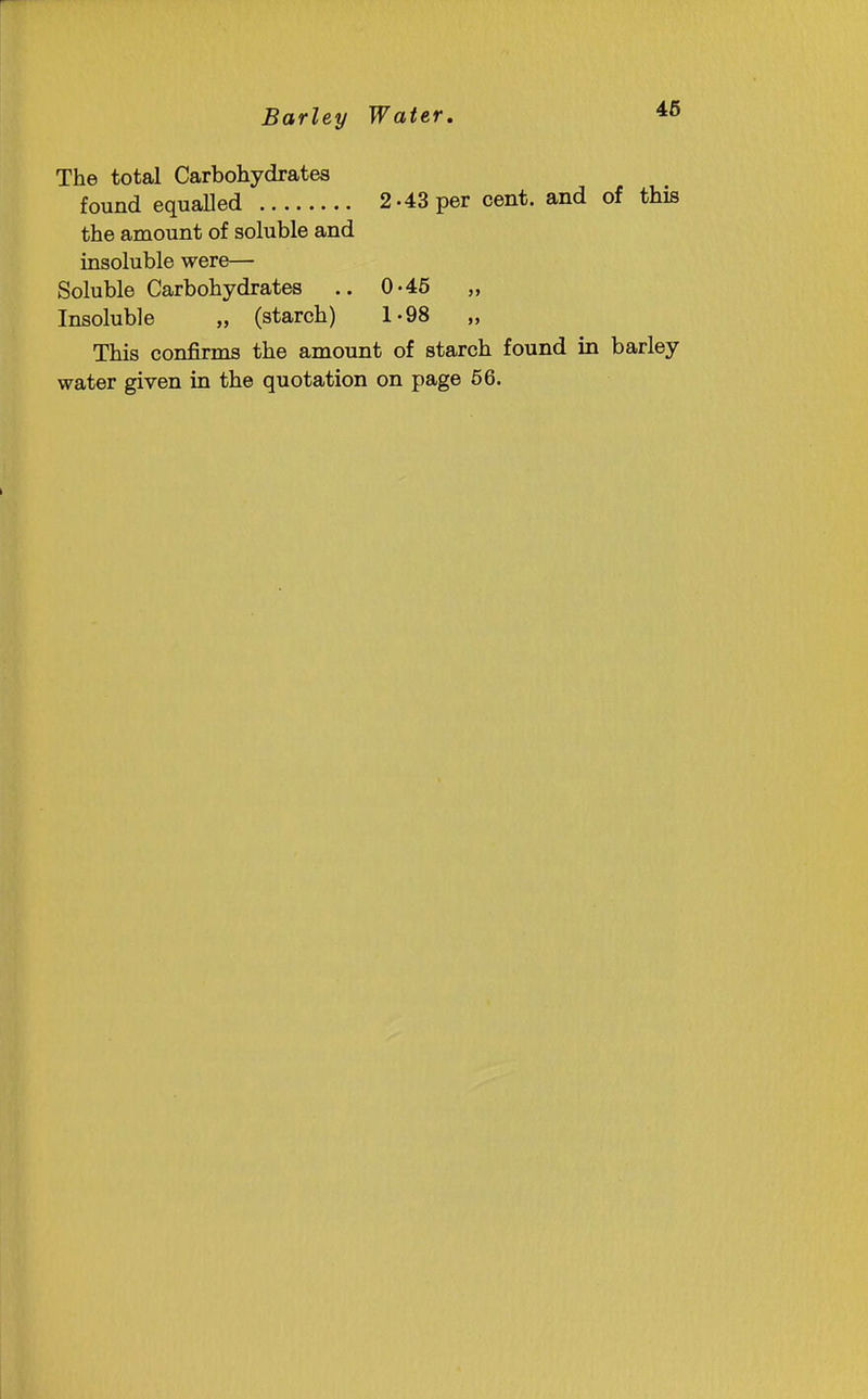 Barley Water, The total Carbohydrates found equalled 2-43 per cent, and of this the amount of soluble and insoluble were— Soluble Carbohydrates .. 0-45 „ Insoluble „ (starch) 1-98 „ This confirms the amount of starch found in barley water given in the quotation on page 66.