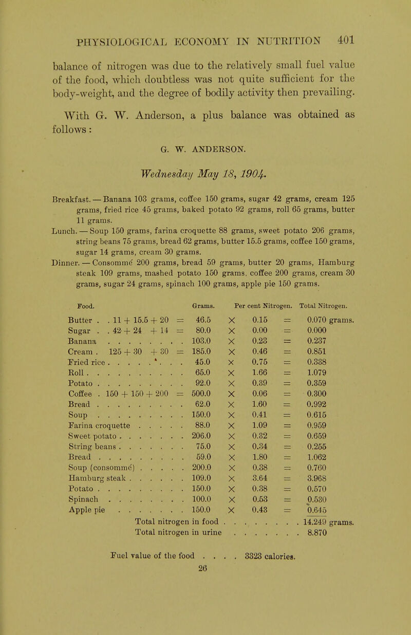 balance of nitrogen was due to the relatively small fuel value of the food, which doubtless was not quite sufficient for the body-weight, and the degree of bodily activity then prevailing. With G. W. Anderson, a plus balance was obtained as follows: G. W. ANDERSON. Wedyiesday May 18, IdOJf.. Breakfast. — Banana 103 grams, coffee 150 grams, sugar 42 grams, cream 125 grams, fried rice 45 grams, baked potato 92 grams, roll 65 grams, butter 11 grams. Lunch. — Soup 150 grams, farina croquette 88 grams, sweet potato 206 grams, string beans 75 grams, bread 62 grams, butter 15.5 grams, coffee 150 grams, sugar 14 grams, cream 30 grams. Dinner. — Consomme 200 grams, bread 59 grams, butter 20 grams, Hamburg steak 109 grams, mashed potato 150 grams, coffee 200 grams, cream 30 grams, sugar 24 grams, spinach 100 grams, apple pie 150 grams. Food. Grams. Per cent Nitrogen. Total Nitrogen. Butter . . 11 + 15.5 + 20 = 46.5 X 0.15 0.070 grams, Sugar . . 42-+ 24 + U =: 80.0 X 0.00 0.000 103.0 X 0.23 0.237 Cream . 125 + 30 + 30 = 185.0 X 0.46 0.851 45.0 X 0.75 0.338 Roll 65.0 X 1.66 1.079 92.0 X 0.39 0.359 Coffee . 150 + 150 + 200 = 500.0 X 0.06 0.300 62.0 X 1.60 0.992 150.0 X 0.41 0.615 88.0 X 1.09 0.959 206.0 X 0.82 0.659 75.0 X 0.34 0.255 59.0 X 1.80 1.062 200.0 X 0.38 0.760 109.0 X 3.64 3.968 150.0 X 0.38 0.570 100.0 X 0.53 0.530 Apple pie 150.0 X 0.43 0.645 Total nitrogen in food Total nitrogen in urine . 8 870 Fuel value of the food .... 3323 calories. 26