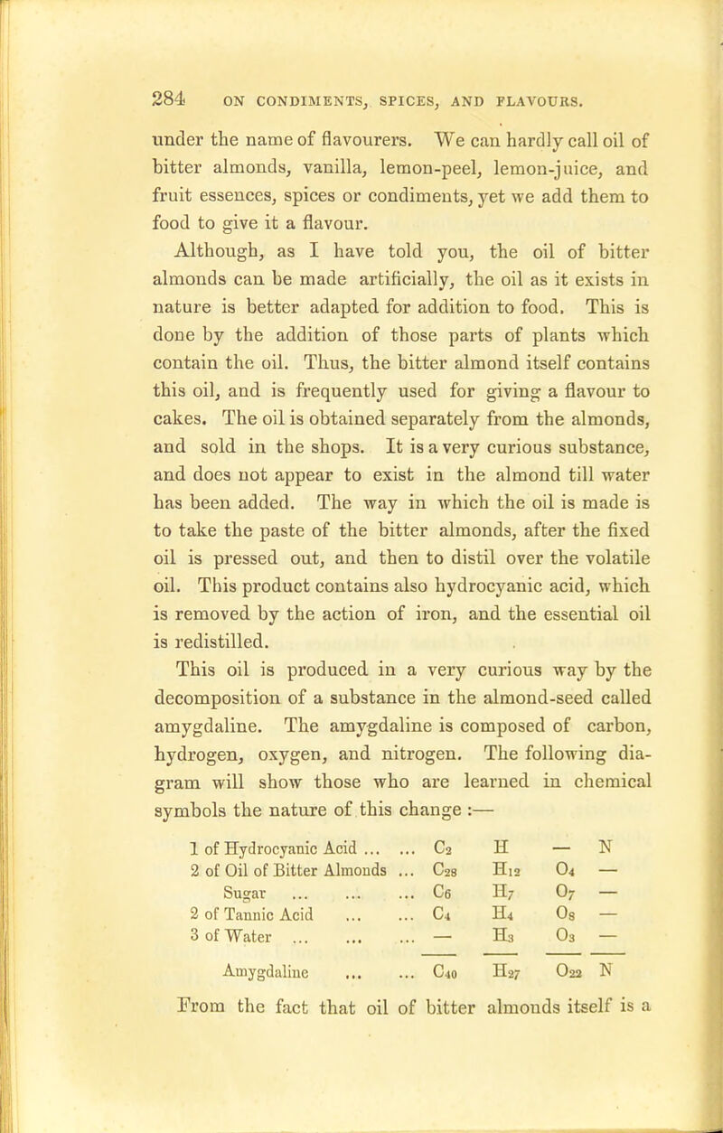 under the name of flavourers. We can hardly call oil of bitter almonds, vanilla^ lemon-peel, lemon-juice, and fruit essences, spices or condiments, yet we add them to food to give it a flavour. Although, as I have told you, the oil of bitter almonds can be made artificially, the oil as it exists in nature is better adapted for addition to food. This is done by the addition of those parts of plants -which contain the oil. Thus, the bitter almond itself contains this oil, and is frequently used for giving a flavour to cakes. The oil is obtained separately from the almonds, and sold in the shops. It is a very curious substance, and does not appear to exist in the almond till water has been added. The way in which the oil is made is to take the paste of the bitter almonds, after the fixed oil is pressed out, and then to distil over the volatile oil. This product contains also hydrocyanic acid, which is removed by the action of iron, and the essential oil is redistilled. This oil is produced in a very curious way by the decomposition of a substance in the almond-seed called amygdaline. The amygdaline is composed of carbon, hydrogen, oxygen, and nitrogen. The following dia- gram will show those who are learned in clieraical symbols the nature of this change :— 1 of Hydrocyanic Acid . C2 H N 2 of Oil of Bitter Almonds .. . C28 H12 O4 Sugar . Ce H; 0- 2 of Tannic Acid . C4 H4 Os 3 of Water H3 O3 Amygdaline . C40 H27 O22 N From the fact that oil of bitter almonds itself is a