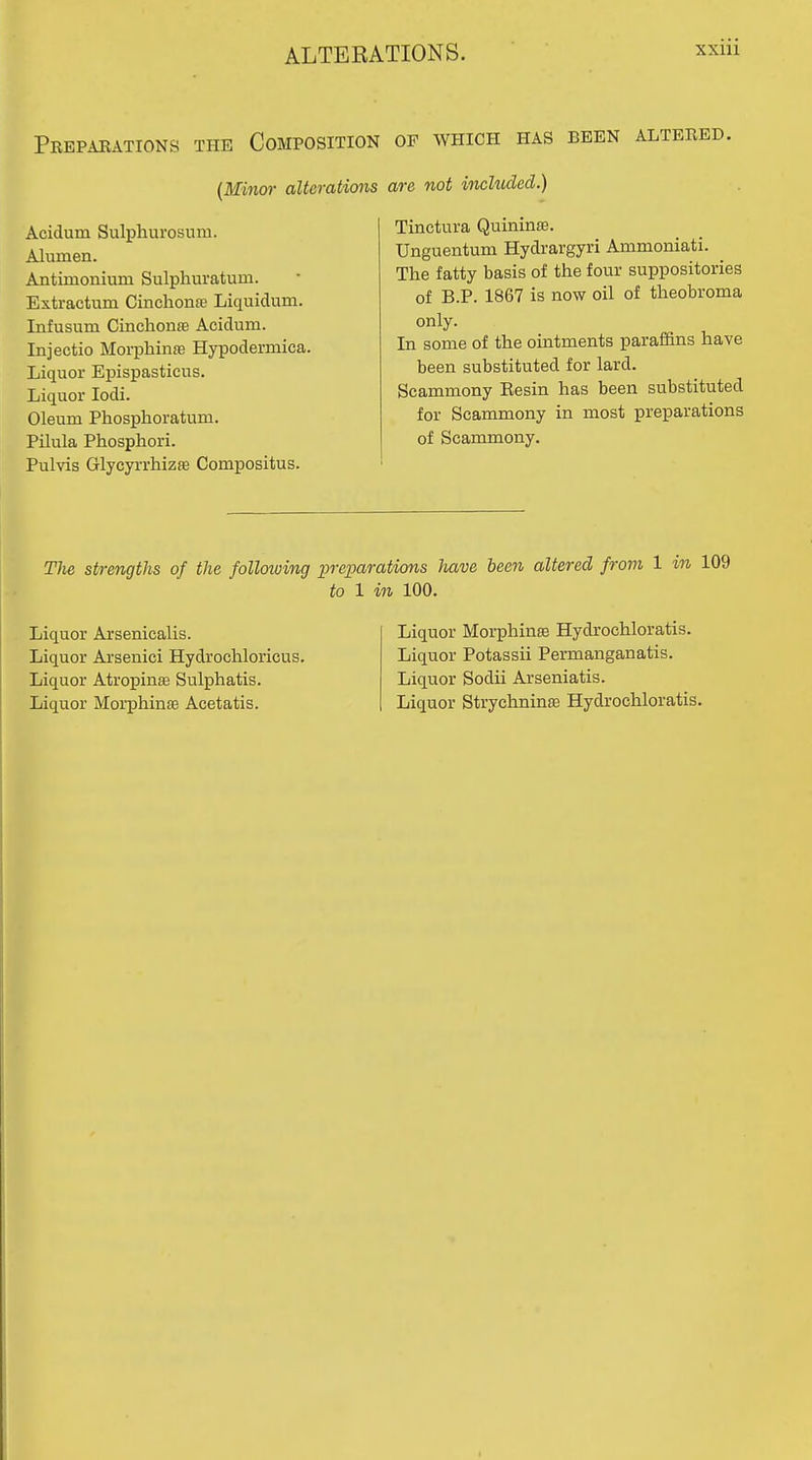 ALTERATIONS. Prepaeations the Composition of which has been altered. {Minor alterations are not inchuled.) Acidum Sulphurosuni. Alumen. Antimonium Sulphuratum. Extractum CinchoniB Liquidum. Infusum Cinchoiiffi Acidum. Injectio Moi-phinae Hypodermica. Liquor Epispasticus. Liquor lodi. Oleum Phosphoratum. PUula Phosphori. Pulvis Glycyrrhizffi Compositus. Tinctura Quininse. Unguentum Hydrargyri Ammoniati. The fatty basis of the four suppositories of B.P. 1867 is now oil of theobroma only. In some of the ointments paraffins have been substituted for lard. Scammony Eesin has been substituted for Scammony in most preparations of Scammony. The strengths of the following Liquor Arsenicalis. Liquor Arsenici Hydrochloricus. Liquor Atropina3 Sulphatis. Liquor Morphinse Acetatis. reparations have been altered from 1 in 109 to 1 in 100. Liquor Morphinse Hydrochloratis. Liquor Potassii Permanganatis. Liquor Sodii Arseniatis. Liquor Strychninte Hydrochloratis.
