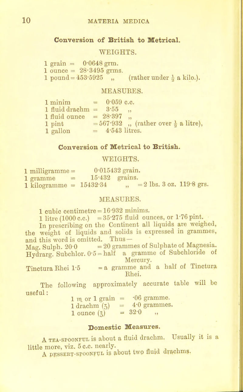 Conversion of Britisli to Metrical. WEIGHTS. 1 grain = 0'0648 grm. 1 ounce = 28-3495 grms. 1 pound = 453-5925 „ (rather under ^ a kilo.). MEASURES. 1 minim = 0-059 c.c. 1 fluid drachm = 3-55 „ 1 fluid ounce = 28-897 „ 1 pint =567-932 ,, (rather over ^ a litre), 1 gallon = 4-543 litres. Conversion of Metrical to British. WEIGHTS. 1 milligramme = 0-015432 grain. 1 gramme = 15-482 grains. 1 kilogramme = 15432-34 „ =2 lbs. 3 oz. 119-8 grs. MEASUEES. 1 cubic centimetre = 16-932 minims. 1 litre (1000 c.c.) = 35-275 fluid ounces, or 1-76 pint. In prescribing on the Continent all liquids are weighed, the -weight of liquids and solids is expressed in grammes, and this word is omitted. Thus — Mag. Sulph. 20-0 = 20 grammes of Sulphate of Magnesia. Hydrarg. Subchlor. 0-5 = half a gramme of Subchloride of Mercury. Tinctura Rhei 1-5 =a gramme and a half of Tinctura Ehei. The following approximately accurate table will be useful: 1 iti or 1 grain = -06 gramme. 1 drachm (5) = 4-0 grammes. 1 ounce (§) = 32-0 Domestic Measures. A TEA-SPOONFUL is about a fluid drachm. Usually it is a little more, viz. 5c.c. nearly. ^ , , A pisssERT-spooNFDL is about two fluid drachms.