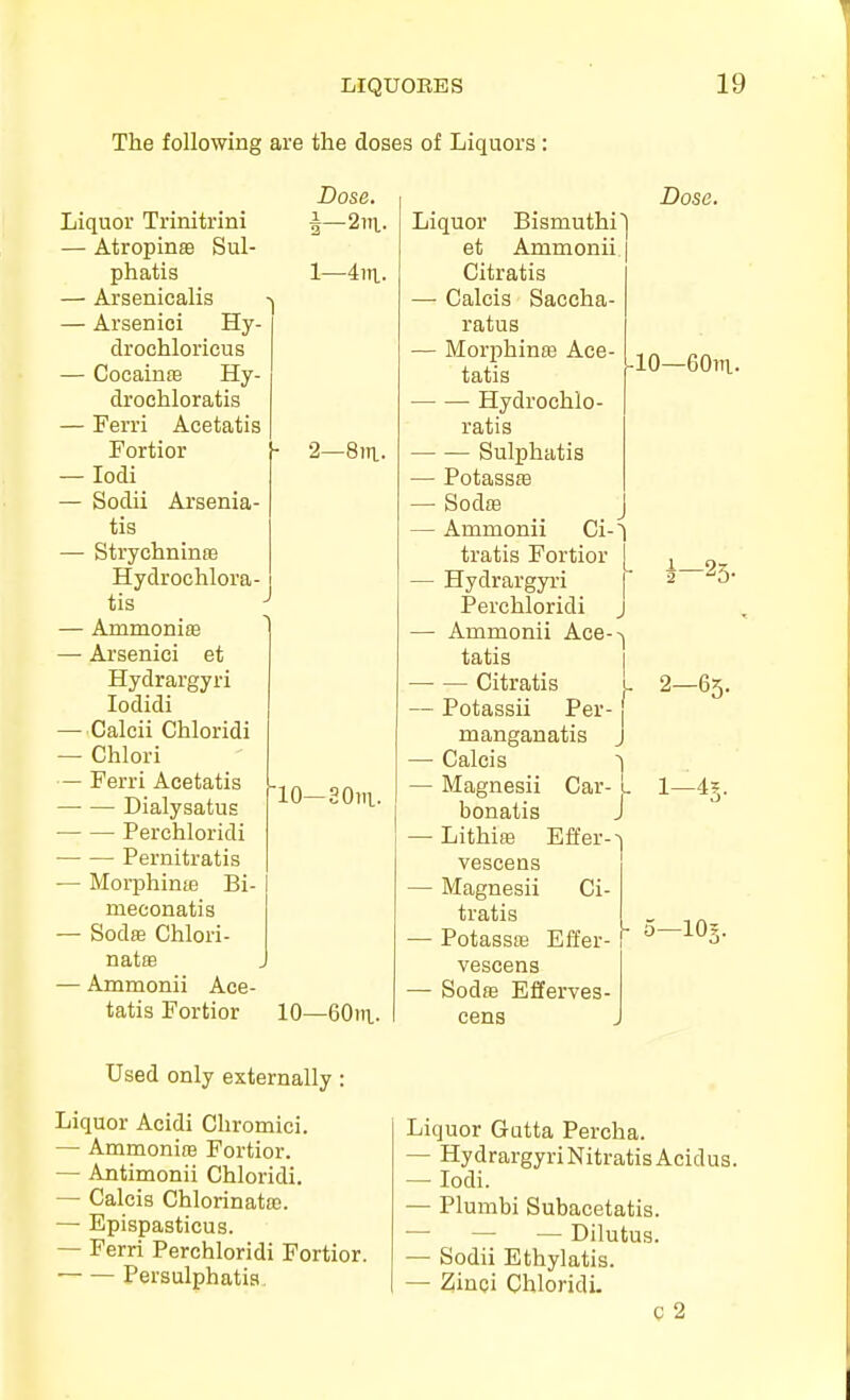 The following are the doses of Liquors ; 1 2—Sin. Dose. Liquor Trinitrini g—2iii.. — Atropinse Sul- phatis 1—4iTi.. — Arsenicalis — Arsenici Hy- drochlorieus — Cocainffl Hy- drochloratis — Ferri Acetatis Fortior — lodi — Sodii Arsenia- tis — Strychninre Hydrochlora- tis — AmmoniEe —• Arsenici et Hydrargyri lodidi —Calcii Chloridi — Chlori — Ferri Acetatis Dialysatus Perchloridi Pernitratis — Morphinm Bi- nieconatis — Sodffi Chlori- natfE — Ammonii Ace- tatis Fortior 10—60in. 10—SOiti. Liquor Bismuthi et Ammonii Citratis — Calcis Saceha- ratus — Morphin£e Ace- tatis Hydrochlo- ratis Sulphatis — Potass£B —• Sodffi — Ammonii Ci- tratis Fortior — Hydrargyri Perchloridi — Ammonii Ace- tatis Citratis — Potassii Per- r manganatis J — Calcis ~j — Magnesii Car- l bonatis J — Lithiffi Effer- Dose. -10—eotn. -25- 2-63. 1—45. Ci- vescens Magnesii tratis Potassffi Effer vescens SodfB Efferves cens [■ 5-lO.v Used only externally: Liquor Acidi Cliromici. — Ammonite Fortior. — Antimonii Chloridi. — Calcis Chlorinata;. — Epispasticus. — Ferri Perchloridi Fortior. Persulphatis. Liquor Gutta Percha. — Hydrargyri NitratisAcidus. — lodi. — Plumbi Subacetatis. — — — Dilutus. — Sodii Ethylatis. — Zinci Chloridi. c 2