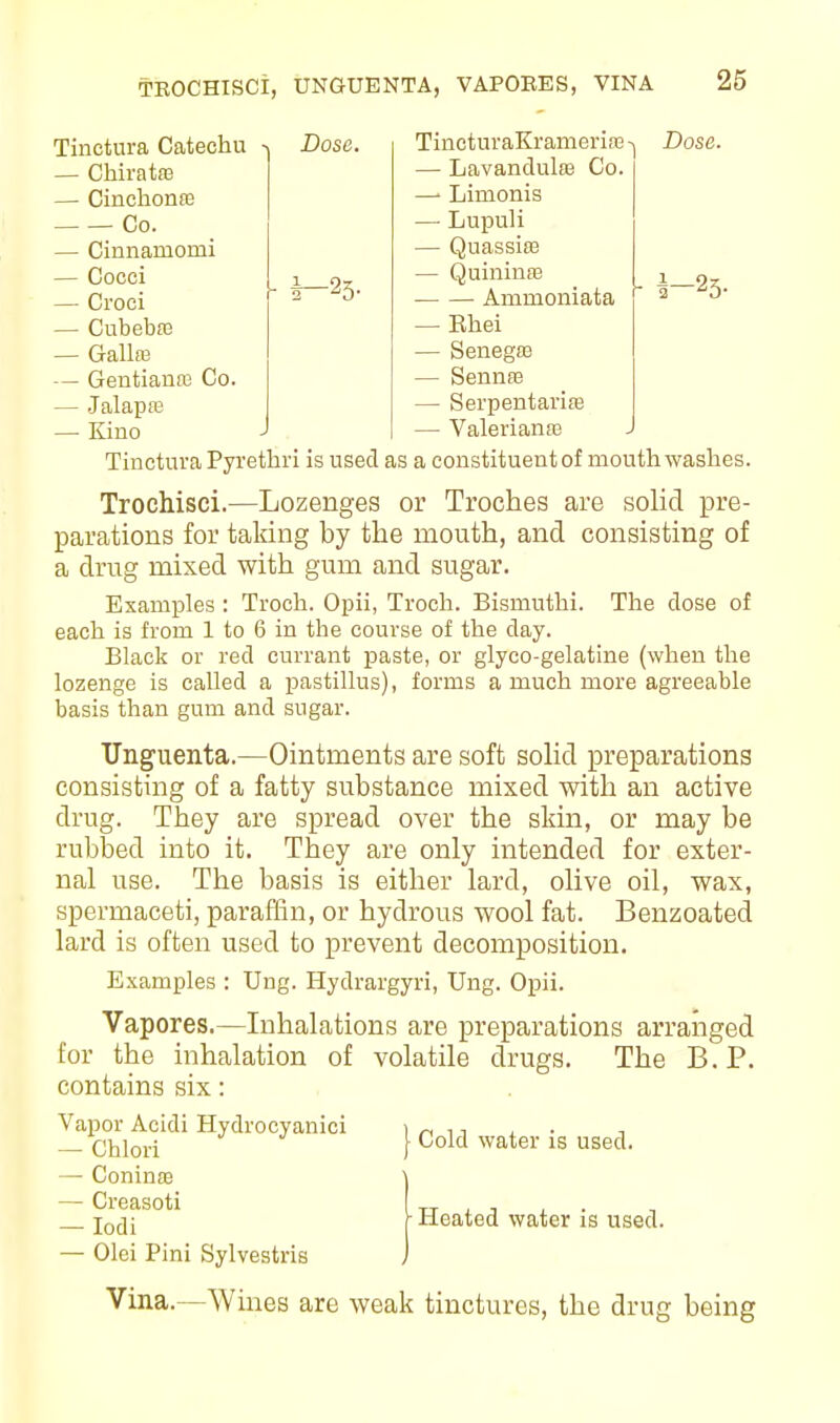 Tinctura Catechu — Cliirata3 — Cinchonffi Co. — Cinnamomi — Cocci — Ci'oci — Cubeba3 — Galla3 — Gentianffi Co. — JalapsE — Kino 1-25- Dose. TincturaKrameria3-^ Dose. — Lavandulaa Co. —' Limonis — Lupuli — Quassife — Quinina3 Ammoniata — Rhei — Senegaa — Senna3 — Serpentarife — Valerianas Tinctura Pyrethri is used as a constituent of mouthwashes. Trochisci.—Lozenges or Troches are solid pre- parations for taking by the mouth, and consisting of a drug mixed with gum and sugar. Examples: Troch. Opii, Troch. Bismuthi. The dose of each is from 1 to 6 in the course of the day. Black or red currant paste, or glyco-gelatine (when the lozenge is called a pastillus), forms a much more agreeable basis than gum and sugar. Unguenta.—Ointments are soft solid preparations consisting of a fatty substance mixed with an active drug. They are spread over the skin, or may be rubbed into it. They are only intended for exter- nal use. The basis is either lard, olive oil, wax, spermaceti, paraffin, or hydrous wool fat. Benzoated lard is often used to prevent decomposition. Examples : Ung. Hydrargyri, Ung. Opii. Vapores.—Inhalations are preparations arranged for the inhalation of volatile drugs. The B.P. contains six: Vapor Acidi Hydrocyanici — Chlori — Coninffi — Creasoti — lodi — Olei Pini Sylvestris Vina.—Wines are weak tinctures, the drug being I Cold water is used. ■ Heated water is used.